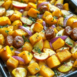 To make Sheet-Pan Sausage, Squash, and Apples, you need a few simple ingredients. Here’s what you’ll need: - 1 lb Italian chicken sausage, sliced - 1 medium butternut squash, peeled and cubed - 2 medium apples, cored and sliced (preferably Fuji or Honeycrisp) - 1 red onion, sliced - 3 tablespoons olive oil - 1 teaspoon ground cinnamon - 1 teaspoon dried thyme - Salt and pepper to taste - 2 tablespoons honey (optional) - Fresh parsley for garnish Each ingredient plays a key role. The Italian chicken sausage adds rich flavor and protein. The butternut squash brings a warm sweetness and a nice texture. Apples, especially Fuji or Honeycrisp, add a crisp and juicy bite. Red onion adds depth with its sweet and savory notes. Olive oil helps everything roast nicely, while cinnamon and thyme give a warm aroma. Salt and pepper enhance all the flavors. Honey can add a touch of sweetness, but it’s optional. Finally, the parsley adds a bright finish to your dish. Gather these ingredients and you are ready to create a delicious meal! First, set your oven to 425°F (220°C). This high heat helps cook the food quickly and evenly. It also ensures the sausage gets nice and crispy. Next, gather your ingredients. You need: - 1 lb Italian chicken sausage, sliced - 1 medium butternut squash, peeled and cubed - 2 medium apples, cored and sliced - 1 red onion, sliced - 3 tablespoons olive oil - 1 teaspoon ground cinnamon - 1 teaspoon dried thyme - Salt and pepper to taste - 2 tablespoons honey (optional) - Fresh parsley for garnish Make sure to peel and cube the squash. Slice the apples and onion, too. Using fresh ingredients makes a big difference in taste. In a large bowl, add the cubed squash, sliced apples, sliced onion, and sausage. Drizzle the olive oil over them. Add the ground cinnamon, dried thyme, salt, and pepper. If you like your dish sweet, add honey. Toss everything together well. Ensure each piece is coated in oil and spices. Spread the mixture evenly on a large sheet pan. Leave space between the pieces. This step is key; it helps everything roast evenly. Place the pan in your preheated oven. Roast for 25-30 minutes. Stir halfway through for even cooking. The squash should be tender, and the sausage should be browned. After cooking, take the pan out of the oven. Let it rest for a few minutes. This rest time allows the juices to settle. Finally, sprinkle fresh parsley on top before serving. This adds a pop of color and flavor. Enjoy your meal! When picking apples, I like Fuji or Honeycrisp. These apples add sweet and tart flavors. Their firmness holds up well during roasting. You want apples that won’t turn mushy. Always check for freshness. A firm apple means better taste in your dish. Spacing out the ingredients on your sheet pan is key. If they touch, they steam instead of roast. This makes a big difference in taste and texture. Aim for even layers. Give each piece room to brown. This will give you a nice crunch and flavor. To get crispy sausage, start with a hot oven. Preheat to 425°F (220°C). Cut your sausage into even slices. This helps them cook evenly. Spread them out well on the pan. Stir halfway through cooking. This ensures that every bit gets that lovely crisp. {{image_2}} You can switch up the sausage for a new taste. Try turkey sausage for a lighter meal. If you love spice, go for chorizo. It adds a nice kick to the mix. You can also use plant-based sausage if you prefer a meat-free option. Each type of sausage brings its own flavor, so feel free to experiment! You can add more veggies to boost nutrition and flavor. Carrots or bell peppers work well. Just chop them into even pieces. You can also use Brussels sprouts for a hearty touch. Just remember to cut them in half for even cooking. Mix and match your favorites for a colorful dish. Do you want to make it more exciting? Try adding some smoked paprika for a warm flavor. A pinch of cayenne pepper can give it a nice heat. If you love herbs, add rosemary or oregano for freshness. You can also sprinkle some garlic powder for extra depth. Get creative and make it your own! To keep your leftovers fresh, start by letting them cool. Use an airtight container. Place the cooled sausage, squash, and apples inside. Store them in the fridge. They will stay good for up to three days. When you are ready to eat, take the leftovers out of the fridge. You can reheat them in the oven or microwave. For the oven, preheat it to 350°F (175°C). Spread the mixture on a baking sheet. Heat for about 10-15 minutes until warm. In the microwave, use a microwave-safe dish. Heat in 1-minute intervals, stirring in between. If you want to store the dish for longer, freezing is a great option. Place the cooled dish in a freezer-safe container. You can also use freezer bags. Make sure to remove as much air as possible. Label the container with the date. The dish can last up to three months in the freezer. When ready to eat, thaw it in the fridge overnight before reheating. Yes, you can use other squash. Zucchini, acorn, or spaghetti squash work well. Each type brings a unique flavor and texture. Just remember to adjust cooking time if needed. For example, zucchini cooks faster than butternut squash. Leftovers can stay fresh for up to four days in the fridge. Store them in an airtight container for best results. When reheating, ensure the dish is heated thoroughly. This helps keep the flavors intact and safe to eat. Yes, this recipe is gluten-free. Italian chicken sausage is often free of gluten. Just check the label to be sure. All other ingredients are also gluten-free, making this a great option for gluten-sensitive diets. You can prep this dish in advance. Chop the squash, apples, and onion ahead of time. Store them in the fridge until ready to cook. This makes for a quick dinner on busy nights. Just remember to add the sausage later to keep it fresh. This recipe combines Italian sausage, butternut squash, and apples for a tasty meal. Each step, from chopping to roasting, is clear and easy to follow. You can customize it with other veggies or spices, too. Store leftovers for future enjoyment, and don't worry—it's gluten-free! Try this dish, and let your taste buds enjoy the flavors. Happy cooking!