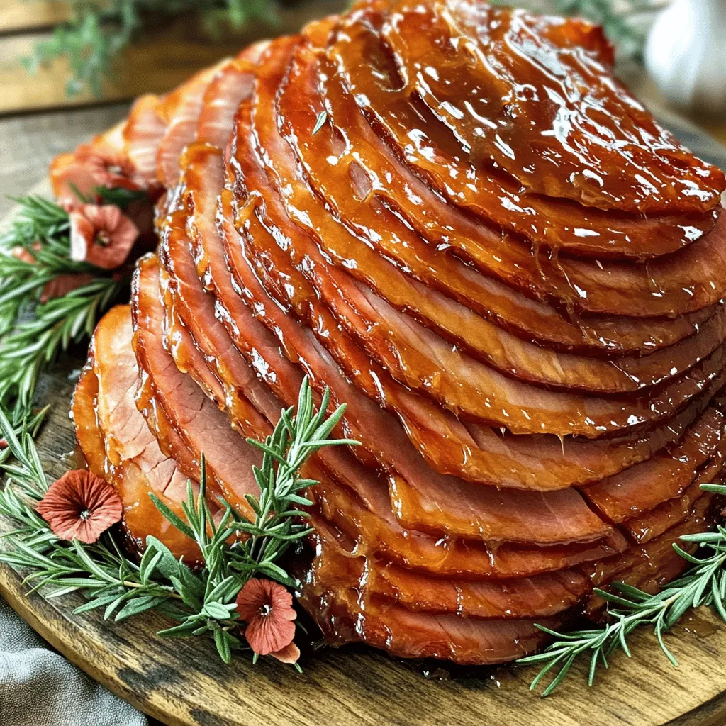 - 1 fully cooked bone-in ham (5-7 pounds) - 1 cup pure maple syrup - 1/2 cup brown sugar, packed - 1/4 cup Dijon mustard - 1 tablespoon apple cider vinegar - 1 teaspoon ground cinnamon - 1/2 teaspoon ground ginger - Salt and pepper to taste - Fresh rosemary or thyme sprigs (for garnish) When making slow cooker maple brown sugar ham, the ingredients matter a lot. First, choose a fully cooked ham that weighs between 5 to 7 pounds. This size fits well in most slow cookers. The star of the show is the glaze. You will need one cup of pure maple syrup and half a cup of packed brown sugar. These two ingredients create a rich, sweet flavor. Next, Dijon mustard adds a nice tang. You will want a quarter cup for balance. Apple cider vinegar, at one tablespoon, adds a hint of acidity. For warmth, add a teaspoon of ground cinnamon and half a teaspoon of ground ginger. Don’t forget to season with salt and pepper to your taste. Finally, fresh rosemary or thyme sprigs make a lovely garnish. - For maple syrup, use honey or agave syrup. - Instead of brown sugar, try coconut sugar or a sugar substitute. - For a gluten-free option, ensure your mustard is gluten-free. If you need alternatives, you can swap maple syrup for honey or agave syrup. Both options work well. For brown sugar, coconut sugar is a great substitute. You can use a sugar substitute if you want fewer calories. If you have gluten concerns, check the Dijon mustard label. Choose a gluten-free brand to keep your dish safe for all diets. These substitutions help you enjoy the recipe without worry! To start, you need to place the ham in your slow cooker. I suggest using a fully cooked bone-in ham that weighs between 5 to 7 pounds. Set the ham cut side down for even cooking. If you see any extra skin or fat, you can trim it off. But leave some fat on for flavor. This helps keep the ham moist. Now let’s make that tasty maple glaze. In a medium bowl, mix together the following ingredients: - 1 cup pure maple syrup - 1/2 cup brown sugar, packed - 1/4 cup Dijon mustard - 1 tablespoon apple cider vinegar - 1 teaspoon ground cinnamon - 1/2 teaspoon ground ginger - Salt and pepper to taste Whisk these ingredients until they are well combined. Taste the glaze and add salt or pepper if you think it needs more flavor. This glaze will be sweet and tangy, perfect for the ham. Once the ham is ready and glazed, it’s time to cook. Cover your slow cooker and set it to low. Cook the ham for about 4 to 6 hours. Around every hour, open the lid and baste the ham with the juices. This helps keep it juicy and flavorful. Using a meat thermometer is key here. You want to check that the ham reaches an internal temperature of 140°F (60°C). This ensures the ham is safe to eat and perfectly warm. About 30 minutes before serving, pour the rest of the glaze over the ham. This adds extra flavor and gives it a sticky, glossy finish. Once it’s done cooking, take the ham out and let it rest for 15 to 20 minutes. This helps the juices settle. Then slice it up and enjoy! To ensure a tender ham, start with a fully cooked bone-in ham. The bone adds flavor as it cooks. Place the ham cut side down in the slow cooker. This helps retain moisture. Trim excess skin, but leave some fat for flavor. Cook the ham on low for 4-6 hours. Baste it with juices every hour. This keeps the meat moist and flavorful. Use a meat thermometer to check the temperature. Aim for an internal temp of 140°F (60°C). This ensures it’s safe to eat and perfectly warm. For a sticky glaze, pour half of the glaze on the ham before cooking. About 30 minutes before serving, add the rest of the glaze. This creates a shiny crust that looks amazing. Arranging the ham nicely makes a big impact. Once cooked, let it rest for 15-20 minutes. This helps the juices settle in. Slice the ham and arrange it on a serving platter. Garnish with fresh rosemary or thyme for color. These herbs add a nice touch. Drizzle some reserved glaze on top for a glossy finish. This makes your dish pop! For side dishes, consider serving with roasted vegetables or creamy mashed potatoes. These pair well with the sweet flavors of the ham. Enjoy your meal! {{image_2}} You can change this dish to fit your taste. One fun way is to add fruit juices. Try orange or pineapple juice for a sweet twist. You can also mix in spices like cloves or nutmeg. These will give your ham extra depth and warmth. Herbs are great too. Fresh rosemary or thyme can make the dish brighter. Just sprinkle some on before serving. You can even add them to the glaze for a fresh touch. These small changes can really make a big difference! If you want a crispy outside, try finishing the ham in the oven. Cook it in the slow cooker first. Then, transfer it to a preheated oven set to 400°F (200°C). Bake for about 15-20 minutes. This will help create a nice crust on the ham. You can also use a pressure cooker. It cooks the ham quickly while keeping it moist. Just follow the same glaze steps. Pressure cooking saves time but still gives you that rich flavor. This is perfect for busy days! To keep your leftover ham fresh, follow these tips: - Wrap the ham tightly in plastic wrap or foil. - Place it in an airtight container. - Store it in the fridge for up to 3 to 5 days. - For longer storage, freeze the ham in portions. - Freezing can last up to 2 to 3 months without losing flavor. When reheating, you want to keep the ham moist. Here are some ways to do that: - Use a microwave with a damp paper towel. - Warm it in the oven at 325°F for about 20 minutes. - Add a splash of broth to the dish to keep it juicy. You can also be creative with leftover ham. - Chop it up for omelets or quiches. - Dice it for a hearty soup or pasta dish. - Add it to salads for extra protein and flavor. These ideas help you enjoy your ham in new ways! Cooking time for ham in a slow cooker varies by size. For a fully cooked bone-in ham weighing 5 to 7 pounds, plan for 4 to 6 hours on low heat. - Tip: Use a meat thermometer. The ham should reach 140°F (60°C) for safe eating. - Note: If your ham is larger or smaller, adjust the time by 30 minutes for every pound. Yes, you can use different types of ham. Here are some options: - Spiral-cut ham: This type is already sliced for easy serving. It cooks faster, so check it around 3 to 4 hours. - Boneless ham: This option is simple to slice and can also work well. Keep the same cooking time. - Country ham: This type is saltier and can need soaking before cooking. Adjust your glaze to balance the salt. Pair your ham with delicious sides for a complete meal. Here are some ideas: - Roasted vegetables: Carrots, Brussels sprouts, or green beans make great choices. - Mashed potatoes: Creamy potatoes go well with the sweet glaze. - Coleslaw: A fresh, crunchy slaw adds nice contrast. - Dinner rolls: Soft bread can soak up extra glaze. Feel free to mix and match these sides based on your taste! In this blog post, we covered everything you need for a delicious slow cooker maple brown sugar ham. You learned about key ingredients and tasty substitutions. I also shared step-by-step instructions and essential tips to ensure your ham is tender and flavorful. Variations allow for creative cooking, while storage tips help keep leftovers fresh. Cooking ham can be fun and rewarding. Try these methods and make your next meal a hit. Enjoy every bite!