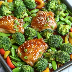 - 1.5 lbs boneless, skinless chicken thighs - 3 cups broccoli florets - 1 red bell pepper, sliced - 1 cup snap peas The chicken thighs are tender and full of flavor. They cook well and soak up the tasty sauce. Broccoli florets add a nice crunch and vibrant color. The red bell pepper brings sweetness, while snap peas add a crisp bite. Together, they make a balanced meal. - 1/4 cup low sodium soy sauce - 1/4 cup honey - 2 tablespoons rice vinegar Low sodium soy sauce gives saltiness without being too strong. Honey adds a sweet touch, making the dish shine. Rice vinegar brightens the sauce, balancing the flavors perfectly. These sauces work together to create a delicious teriyaki taste. - 2 cloves garlic, minced - 1 tablespoon grated ginger - 1 tablespoon sesame oil - 1 teaspoon cornstarch - 1 tablespoon olive oil Garlic and ginger are key for depth of flavor. They add warmth and a bit of spice. Sesame oil gives a nutty taste that enhances the dish. Cornstarch helps thicken the sauce, making it stick to the chicken. Olive oil keeps the veggies tender and adds richness. First, preheat your oven to 400°F. This temperature helps the chicken cook well and keeps the veggies crisp. Next, line a large baking sheet with parchment paper. This step makes cleaning up super easy. In a large bowl, mix the sauce ingredients. Combine soy sauce, honey, rice vinegar, minced garlic, grated ginger, sesame oil, and cornstarch. Whisk them together until smooth. After that, add the chicken thighs to the bowl. Make sure each piece gets coated in that tasty marinade. Let the chicken marinate for about 10-15 minutes while you prep the veggies. Now it’s time to assemble. Spread the marinated chicken thighs on the baking sheet in a single layer. Arrange the broccoli florets, sliced red bell pepper, and snap peas around the chicken. Drizzle olive oil over the veggies and sprinkle with a pinch of salt and pepper. Toss the veggies lightly to coat them in the oil. Bake everything in the preheated oven for 20-25 minutes. The chicken should reach an internal temperature of 165°F, and the veggies will become tender-crisp. Once done, take the baking sheet out and let it rest for a few minutes. Drizzle any extra teriyaki sauce over the chicken and veggies. Finally, serve hot, garnished with sesame seeds and sliced green onions for a colorful finish. Marinating is key for great flavor. I suggest marinating your chicken thighs for at least 10-15 minutes. This helps the meat soak up all the yummy teriyaki sauce. If you want to mix things up, try adding different flavors. You can use orange juice for sweetness or sriracha for some heat. To cook everything evenly, spread the chicken and veggies out on the sheet pan. Make sure not to crowd them. This helps them roast nicely. Check the chicken for doneness by using a meat thermometer. It should reach 165°F (74°C). The veggies should look bright and be tender but still crisp. For a fun serving idea, bring the sheet pan right to the table. This gives a rustic look that everyone loves. You can also transfer the chicken and veggies to a big platter for a more formal touch. Pair this dish with jasmine rice or quinoa for a complete meal. It adds great texture and flavor! {{image_2}} You can switch the chicken thighs for chicken breasts. Chicken breasts are leaner but still tasty. If you want a plant-based option, tofu works well too. Just press the tofu to remove water. Cut it into cubes and marinate. For meat lovers, try pork or shrimp. Both add different flavors to the dish. Seasonal veggies make this dish fun. You can use carrots, zucchini, or bell peppers. Each veggie brings its own taste. Frozen vegetables are a great choice too. They are easy to use and cut down on prep time. Just remember, frozen veggies may cook faster. Adjust your baking time to keep them crisp. Want to change the flavor? Adjust the sauce! Add more honey for sweetness. If you like salt, a bit more soy sauce works too. For a spicy kick, try red pepper flakes or sriracha. It adds heat without losing that teriyaki taste. Mix and match until you find your favorite blend! Store your Sheet-Pan Teriyaki Chicken and Broccoli in an airtight container. This keeps it fresh. It lasts in the fridge for up to four days. Make sure to let it cool before sealing it. If you want to save it for later, freezing is a great option. Place it in a freezer-safe container. Label it with the date. It stays good for up to three months. To thaw, move it to the fridge overnight. You can also use the microwave, but this may change the texture. Reheat your meal to keep its taste and feel. The oven is best; set it to 350°F (175°C). Cover it with foil to keep it moist. Heat for about 15-20 minutes. If using a microwave, stir halfway through. This helps it warm evenly. Enjoy your delicious meal again! Yes, you can swap chicken for other proteins. Shrimp works well. It cooks fast and soaks up the sauce. Beef is another option. Use thin slices for quick cooking. Tofu is great for a vegetarian choice. Just press it well to remove excess water. This way, tofu absorbs the teriyaki flavors better. You have many choices for sides. Jasmine rice pairs nicely with the dish. It soaks up the teriyaki sauce. Quinoa is another healthy option. It adds protein and fiber. You could also serve a simple cucumber salad for crunch. Steamed rice or fried rice can also work well. To make this dish vegan, replace chicken with tofu or tempeh. Both options soak up flavors well. Use a vegan honey substitute or maple syrup instead of honey. This keeps the dish sweet. Ensure all sauces are plant-based. This way, you keep the essence of teriyaki alive. The meal takes about 40 minutes from start to finish. Prep time is around 15 minutes. This includes marinating the chicken. Cooking time is 20 to 25 minutes. You can check the chicken's doneness with a meat thermometer. It should reach 165°F (74°C). Yes, you can prep ahead of time. Marinate the chicken a few hours before cooking. This boosts the flavor. You can also chop veggies in advance. Store them in the fridge until you are ready. If you need to, you can cook the meal and store leftovers for later. This recipe combines chicken, fresh veggies, and a simple marinade for a tasty meal. You learned how to prep and bake it all on one sheet pan. I shared tips for marinating, cooking, and serving to make it even better. You can switch proteins and veggies based on what you like. Don't forget to store leftovers properly. Enjoy making this flavorful dish! You'll love the quick prep and great taste.