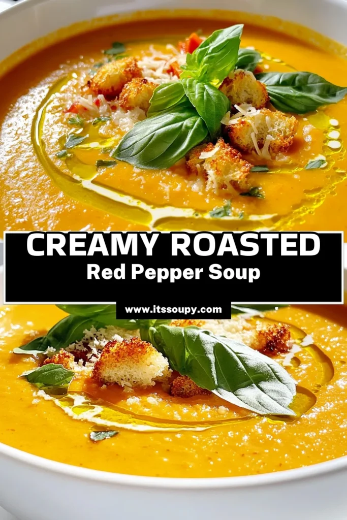 Savor the rich flavors of Roasted Red Pepper Delight Soup with this easy recipe! Perfectly roasted red peppers blend with garlic, onion, and spices to create a warm, comforting dish. Serve it with crispy Parmesan croutons for an extra treat. Ready in just 50 minutes, it's an ideal choice for any meal. Click through to explore the full recipe and bring deliciousness to your table now! #RoastedRedPepperSoup #HealthyRecipes #SoupSeason #ComfortFood