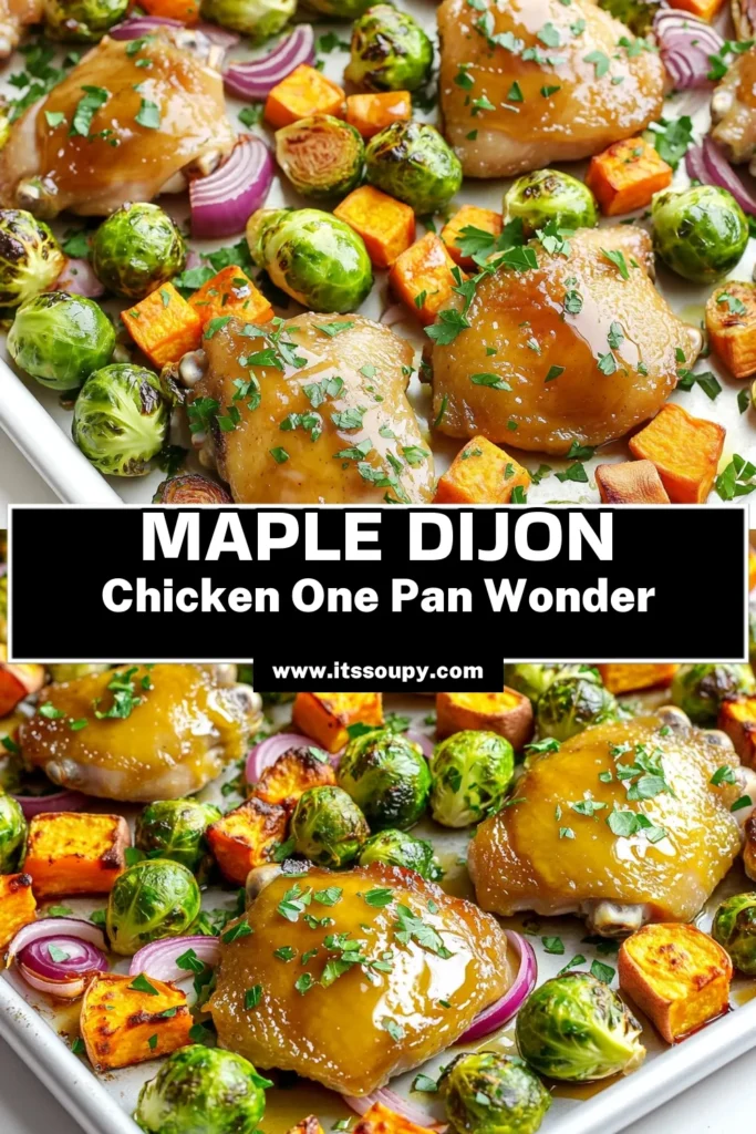 Delight your taste buds this fall with our Sheet-Pan Maple Dijon Chicken with Fall Veggies! This easy recipe pairs juicy chicken thighs with caramelized Brussels sprouts, sweet potatoes, and red onions, all drizzled in a delicious maple Dijon marinade. Perfect for a cozy dinner, it's healthy and hassle-free. Click through for the full recipe and make your next meal memorable! #SheetPanDinner #FallRecipes #EasyCooking #HealthyEats