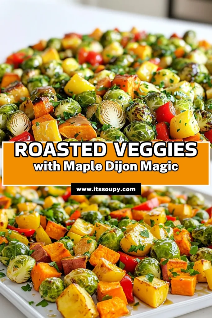 Looking to elevate your veggie game? Try this delicious Maple Dijon Sheet Pan Veggies recipe! Packed with Brussels sprouts, sweet potatoes, and vibrant bell peppers, this easy dish is roasted to perfection with a sweet and tangy maple Dijon dressing. Perfect for meal prep or as a side dish, it's healthy and flavorful. Click through to explore the full recipe and savor the goodness! #SheetPanVeggies #HealthyEating #VeggieRecipes #MapleDijon