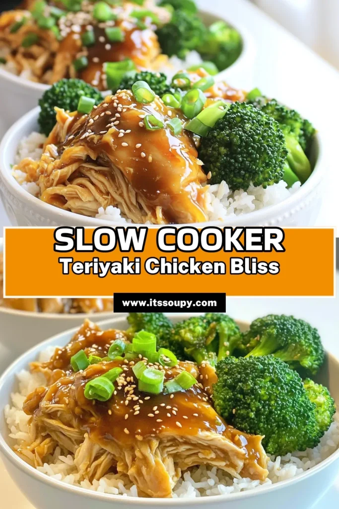 Dive into these delicious Slow Cooker Teriyaki Chicken Bowls that are sure to impress your family and friends! With tender chicken thighs simmered in a savory teriyaki sauce and served over fluffy jasmine rice with fresh broccoli, this easy recipe is perfect for busy weeknights. Ready in just a few simple steps, it's a meal you'll want to make again and again. Click through to explore the full recipe now! #SlowCookerRecipes #TeriyakiChicken #HealthyMeals #EasyDinners