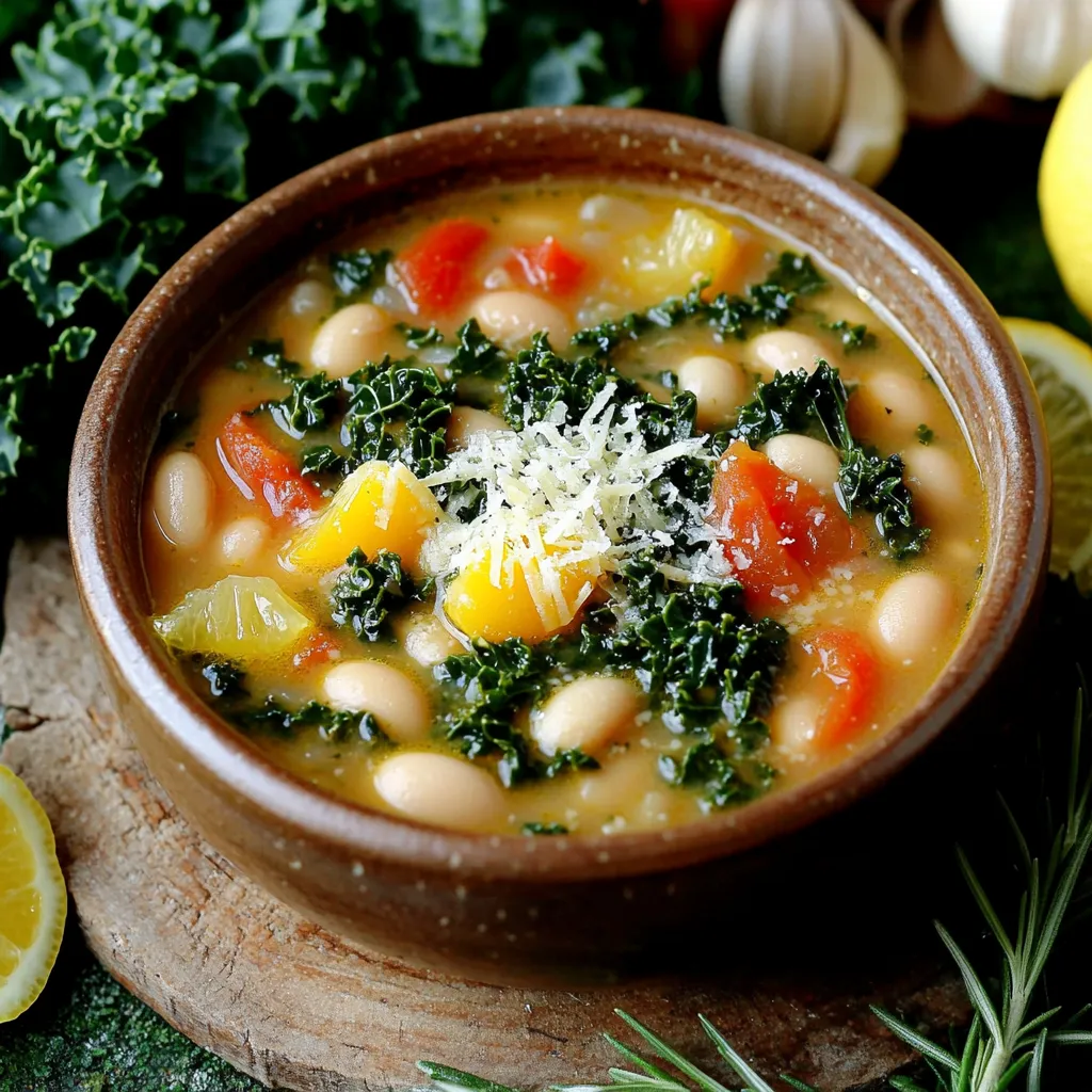 To make Slow Cooker Tuscan White Bean Kale Soup, gather these items: - 1 cup dried white beans (cannellini or great northern), soaked overnight - 1 tablespoon olive oil - 1 medium onion, diced - 2 cloves garlic, minced - 2 medium carrots, diced - 2 celery stalks, diced - 1 teaspoon dried thyme - 1 teaspoon dried rosemary - 1 can (14 oz) diced tomatoes (no salt added) - 4 cups vegetable broth - 2 cups kale, chopped - Salt and pepper to taste - Juice of 1 lemon - Grated Parmesan cheese for serving (optional) These ingredients work together to create a rich and hearty flavor. The white beans give the soup its creaminess. Kale adds a fresh touch. If you cannot find dried white beans, you can use canned beans. Drain and rinse them well. You can also try chickpeas for a different texture. They will still make the soup tasty. If you want a lighter option, use green beans or peas instead. For a little extra flair, try some of these toppings: - Grated Parmesan cheese - Fresh herbs like parsley or basil - Croutons for crunch - A drizzle of balsamic vinegar for tang You can mix and match these toppings to suit your taste. Each adds a new layer of flavor to your soup. Enjoy exploring different options! Start by soaking 1 cup of dried white beans overnight. This will soften them and cut down on cooking time. The next day, drain and rinse the beans well. Rinsing helps remove excess sodium from soaking. It also helps prevent gas issues. In a skillet, heat 1 tablespoon of olive oil over medium heat. Add 1 medium diced onion to the pan. Cook the onion for about 5 minutes until it turns clear. This makes the onion sweet and tasty. Next, stir in 2 minced garlic cloves. Cook for 1 more minute. The smell will be amazing! Now, transfer the sautéed onion and garlic to the slow cooker. Add the soaked white beans, 2 diced carrots, and 2 diced celery stalks. Sprinkle in 1 teaspoon of dried thyme and 1 teaspoon of dried rosemary. Open a 14-ounce can of diced tomatoes and add it, juices and all. Pour in 4 cups of vegetable broth. Stir everything together well. Cover the slow cooker with its lid. Cook on low heat for 6 to 8 hours. If you are short on time, you can cook it on high heat for 3 to 4 hours. The soup is ready when the beans are tender. This long cooking time lets all the flavors mix well. About 30 minutes before serving, chop 2 cups of kale. Stir the kale into the soup and cover it again. Let the kale wilt into the soup until it is tender. This adds a fresh and vibrant taste to your soup. Before serving, season with salt, pepper, and juice from 1 lemon for a bright finish. Enjoy each warm bowl! Soaking beans makes them soft and easy to cook. To soak beans, place them in a bowl. Cover them with water, about two inches above the beans. Let them sit overnight. This helps remove gas-causing compounds. Rinse them well in the morning. This simple step ensures your soup will be light on the stomach. To boost flavor, use fresh herbs like thyme and rosemary. You can also add a splash of lemon juice at the end. It brightens the soup and adds a nice tang. If you want more depth, try adding a bay leaf while cooking. Remove it before serving. For a rich taste, add a spoonful of tomato paste. This adds umami and makes the soup even better. If your soup is too thick, add more vegetable broth. Start with half a cup and mix well. If it's too thin, you can mash some beans. This thickens the soup nicely. Use a fork or potato masher to do this. Make sure to taste it after adjusting. This way, you can perfect the soup just for you. {{image_2}} You can boost this soup's protein by adding meat or beans. Some great choices include: - Cooked chicken, shredded or diced - Chopped turkey sausage - Crumbled bacon - Canned chickpeas or lentils Simply stir in your chosen protein during the last 30 minutes of cooking. This way, the flavors meld perfectly. Feel free to mix in more vegetables. They add taste and nutrition. Consider: - Zucchini, diced - Bell peppers, chopped - Spinach for more greens - Potatoes for extra heartiness Add these veggies along with the kale. This will ensure they cook just right. If you like heat, add some spice. You can use: - Red pepper flakes for a kick - A dash of hot sauce for depth - Jalapeños, diced for a fresh bite Add spices early in the cooking process. This allows the flavors to develop nicely. After you make this soup, let it cool down. Place it in an airtight container. It stays fresh in the fridge for up to five days. This soup tastes even better the next day! You can freeze this soup for up to three months. Use a freezer-safe container or bag. Leave some space at the top, as the soup expands when frozen. To thaw, move it to the fridge overnight. To reheat, pour the soup into a pot over medium heat. Stir often until it warms up. If it seems thick, add a splash of broth or water. You can also microwave it in a bowl. Heat in short bursts, stirring in between, for the best results. Yes, you can use canned beans! They save time and are easy to use. If you choose canned beans, look for low-sodium options. Rinse them well before adding to the soup. Use about two cans to match the one cup of dried beans. This change cuts down on cooking time too. This soup is nearly vegan already! Just skip the Parmesan cheese on top. Use vegetable broth, which is already in the recipe. You can add more vegetables for extra flavor. Chopped bell peppers or zucchini work great. This way, you keep all the taste without any animal products. Absolutely! You can make this soup on the stovetop. Start by sautéing the onion and garlic in a pot, just like in the slow cooker method. Add all other ingredients and bring to a boil. Then, lower the heat and let it simmer for about 1 to 1.5 hours. Check the beans for tenderness. This method is quicker and still gives you a tasty result. This blog post covered how to create a tasty soup with white beans. You learned about the right ingredients and some good substitutes. I shared step-by-step instructions for cooking, from preparing the beans to adding kale. Tips on soaking beans and enhancing flavor were included too. With these ideas and techniques, you can personalize your soup. Enjoy your cooking adventure and make it just right for you!