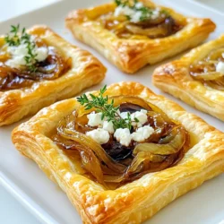 - 1 sheet of frozen puff pastry, thawed - 2 large onions, thinly sliced - 2 tablespoons olive oil - 1 tablespoon balsamic vinegar - 1 teaspoon sugar - 4 ounces goat cheese, crumbled - Fresh thyme leaves, for garnish - Salt and pepper to taste - 1 egg, beaten (for egg wash) Using these fresh and simple ingredients, you can create a tasty treat. The frozen puff pastry makes it easy to achieve that light, flaky texture. Choose large onions for sweetness and flavor. The olive oil helps with cooking and enhances the taste. Balsamic vinegar adds a tangy depth, while sugar balances the flavors. Goat cheese brings creaminess and a rich taste. Fresh thyme adds a pop of color and aroma. Don't forget salt and pepper to enhance all the flavors. The beaten egg serves as a wash to give the pastry a golden finish. Enjoy the cooking process as you gather these items! First, set your oven to 400°F (200°C). This heat will help the pastry puff up nicely. While the oven warms, line a baking sheet with parchment paper. This step keeps your tarts from sticking and makes cleanup easy. Next, heat two tablespoons of olive oil in a large skillet over medium heat. Add two large, thinly sliced onions and a pinch of salt. Stir occasionally for about 15-20 minutes. You want the onions to turn a lovely golden brown. After they caramelize, add one tablespoon of balsamic vinegar and one teaspoon of sugar. Cook for another 2-3 minutes until the vinegar reduces a bit. Then, take the skillet off the heat and let the mixture cool. Now, roll out your thawed puff pastry on a lightly floured surface. This helps smooth out any creases. Cut the pastry into squares or rectangles, about 4x4 inches. Place these pieces on your prepared baking sheet. Using a sharp knife, lightly score a smaller square inside each pastry piece, about 1/2 inch from the edge. Be careful not to cut all the way through. This creates a nice border that will puff up. Brush the edges of each pastry with a beaten egg. This egg wash gives your tarts a lovely golden color. Spoon a portion of the cooled onion mixture into the center of each pastry square. Don’t overfill! Crumble about four ounces of goat cheese on top of the onions for a creamy finish. Place the baking sheet in your preheated oven. Bake for 15-20 minutes. Keep an eye on them! You want the pastry to be golden and puffed. Once done, remove the tarts from the oven. Garnish with fresh thyme leaves, and season with more salt and pepper if you like. Enjoy these delicious treats warm! To caramelize onions, patience is key. Start with sliced onions and add them to a hot skillet with olive oil. Use medium heat and stir occasionally. Aim for a golden brown color. This takes about 15 to 20 minutes. If your onions cook too fast, lower the heat. The sugar in the onions helps them caramelize. A pinch of salt brings out their natural sweetness. For added flavor, mix in balsamic vinegar and sugar when the onions are nearly done. This adds depth and a hint of tang. Working with frozen puff pastry is easy if you follow a few steps. First, always thaw it overnight in the fridge. This keeps the pastry cold and easy to handle. When ready, roll it out gently on a floured surface. This removes creases and makes it nice and smooth. Cut the pastry into squares or rectangles, about 4 inches wide. Be careful when scoring the edges. Use a sharp knife and cut lightly to create a border. This helps the edges puff up nicely when baked. Presentation can make your tarts even more appealing. Serve them warm on a rustic wooden board for a cozy feel. Sprinkle fresh thyme leaves on top for color and aroma. Place a few extra thyme sprigs around the tarts. This adds a nice touch. You can also drizzle a bit of balsamic reduction around the plate for extra flair. This not only looks great but also enhances flavor. Enjoy your beautiful and tasty creation! {{image_2}} You can switch out goat cheese for other cheeses. Feta cheese adds a salty kick. Cream cheese gives a rich and smooth texture. Try mozzarella for a milder flavor. Each option brings a new taste to your tarts. You can boost the flavor by adding veggies or meats. Sautéed mushrooms work great with onions. Spinach adds color and nutrition. You could also mix in bacon or ham for a savory twist. Choose what you love to make it your own. These tarts pair well with salads or sides. A fresh green salad adds crunch and brightness. Roasted veggies bring warmth and depth. Serve with a light dip for extra flavor. Enjoy them as appetizers or a main dish. Store your leftover tarts in an airtight container. This keeps them fresh and tasty. Place the container in the fridge. They will last for 2-3 days. Before storing, let the tarts cool completely. This helps prevent sogginess. To reheat, use an oven for best results. Preheat your oven to 350°F (175°C). Place the tarts on a baking sheet. Bake for about 10-15 minutes. This warms them through and keeps the pastry crispy. You can also use a toaster oven if you prefer. Microwaving can make the pastry soft. You can freeze baked tarts for later use. Allow them to cool completely before freezing. Wrap each tart tightly in plastic wrap. Then place them in a freezer bag. Label the bag with the date. They can last for up to 3 months. To enjoy, thaw in the fridge overnight and reheat in the oven. Yes, you can make these tarts ahead of time. Prepare the tarts up to the baking stage. After assembling, cover them with plastic wrap. Store them in the fridge for up to 24 hours. When you're ready to bake, remove the plastic and let them sit at room temperature for about 15 minutes. Then, brush them with egg wash and bake as directed. This saves time and still gives you fresh, warm tarts. If you need a substitute for goat cheese, you have some great options. Feta cheese gives a similar tangy flavor. Ricotta cheese is creamier and milder. Cream cheese can work if you mix it with some herbs. You can also try sharp cheddar or blue cheese for a different taste. Each option affects the tart's flavor, so choose based on your liking. To keep the pastry crispy, follow these tips. First, make sure to bake the tarts right after you assemble them. If you wait too long, moisture can make the pastry soggy. Second, avoid overloading the filling. Too much filling can also create steam. Lastly, place the tarts on a preheated baking sheet. This helps to crisp the bottom quickly. Enjoy your tarts fresh from the oven! You learned how to make tasty puff pastry tarts. We covered making the filling, caramelizing onions, and baking. I shared tips for a better texture and presentation. You can even try different cheeses and flavors. Store leftovers well to keep them fresh. Feel free to prep ahead or freeze them too. Enjoy your tarts as a great snack or meal option!