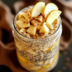 Here are the ingredients you need for Apple Cinnamon Overnight Oats: - 1 cup rolled oats - 1 ½ cups unsweetened almond milk (or any milk of choice) - 1 medium apple, diced (Gala or Fuji recommended) - 1 tablespoon chia seeds - 1 teaspoon ground cinnamon - 1 tablespoon maple syrup (optional for sweetness) - ¼ teaspoon vanilla extract - A pinch of salt - 2 tablespoons chopped walnuts (optional) These ingredients come together to create a delicious and filling breakfast. The rolled oats provide a hearty base. Almond milk adds creaminess; you can use any milk you like. Diced apples give a fresh crunch and a sweet taste. Chia seeds are great for adding fiber and protein, while ground cinnamon gives a warm spice. Maple syrup can sweeten the dish, but it’s optional. A touch of vanilla extract enhances the flavor. A pinch of salt helps balance the sweetness. Chopped walnuts add a nice texture and nutty flavor, but they are also optional. This mix not only tastes good, but it also packs nutrients to fuel your morning. Each ingredient plays a role, making your overnight oats both tasty and healthy. 1. Combining dry ingredients Start with a medium bowl or jar. Add 1 cup of rolled oats, 1 tablespoon of chia seeds, and 1 teaspoon of ground cinnamon. Mix these well. This blend gives your oats great flavor and texture. 2. Adding wet ingredients Pour in 1 ½ cups of almond milk. You can use any milk you like. Then, add 1 diced medium apple, ¼ teaspoon of vanilla extract, and a pinch of salt. If you want it sweeter, include 1 tablespoon of maple syrup. Mix everything until well combined. 3. Refrigeration process Seal your bowl or jar with a lid or plastic wrap. Place it in the fridge overnight or for at least 4 hours. This step helps the oats soak up the liquid and flavors. 4. Serving suggestions In the morning, stir the oats well. If they seem too thick, add a splash of almond milk to make them creamier. Serve in clear jars to show off the layers. Top with 2 tablespoons of chopped walnuts for extra crunch and flavor. A sprinkle of cinnamon and a few apple slices on top will make it look even better! - Consistency adjustments: You want your oats creamy, not too thick. If the oats seem dry, add a splash of almond milk. Mix well to reach your desired texture. A little extra liquid goes a long way! - Using sweeteners effectively: Maple syrup is a great choice for sweetness. Start with one tablespoon. You can always add more later if you want it sweeter. This keeps your oats healthy but tasty. - Incorporating spices: Ground cinnamon adds warmth and flavor. Don’t be shy; use a full teaspoon. You can also try nutmeg or a dash of ginger for a twist. Experiment and find your perfect spice blend! {{image_2}} You can easily switch up the flavors in your apple cinnamon overnight oats. Here are some fun ideas: - Different fruit options: If you want to change the taste, try diced pears or bananas. Both add a nice sweetness. You can also add berries for a tart twist. - Nut variations: Instead of walnuts, use pecans or almonds. They give your oats a crunchy texture and a rich flavor. - Dairy-free and vegan alternatives: You can use coconut milk or oat milk if you want a different base. Both are creamy and delicious. They help keep the oats rich without dairy. Feel free to mix and match these options. You can create a new bowl of flavor each time! To keep your apple cinnamon overnight oats fresh, store them in the fridge. Place them in an airtight container. They will stay good for up to five days. This makes them perfect for meal prep. You can also freeze your oats if you want to save some for later. Use a freezer-safe container or bag. Just make sure to leave some space for expansion. They can last in the freezer for about three months. When you are ready to eat the frozen oats, thaw them in the fridge overnight. You can also heat them in the microwave. Stir well before serving and add a splash of milk if needed. Make sure to eat your oats within five days after making them. This ensures they stay tasty and safe. If you see any signs of spoilage, it’s best to toss them. Enjoy your delicious apple cinnamon overnight oats while they are fresh! Can I make overnight oats without chia seeds? Yes, you can skip chia seeds. They add texture and fiber, but oats alone work fine. How long can I store apple cinnamon overnight oats? You can keep them in the fridge for up to 4 days. Just seal them tight. What can I add to enhance the nutritional value? Try adding nuts, seeds, or dried fruit. You can also mix in yogurt for creaminess. Are overnight oats suitable for meal prep? Absolutely! They are perfect for meal prep. Make several jars at once for quick breakfasts. Can I use flavored almond milk? Yes, flavored almond milk can add great taste. Just remember it might affect the sweetness. This article covers making delicious apple cinnamon overnight oats. We explored the ingredients, steps, and tips for the perfect dish. You learned how to adjust flavors and add your favorite fruits and nuts. Storing leftovers properly ensures you enjoy them later. Incorporating these oats into your routine is easy and rewarding. Embrace the flavors and make them your own. Enjoy your tasty, nutritious breakfast!