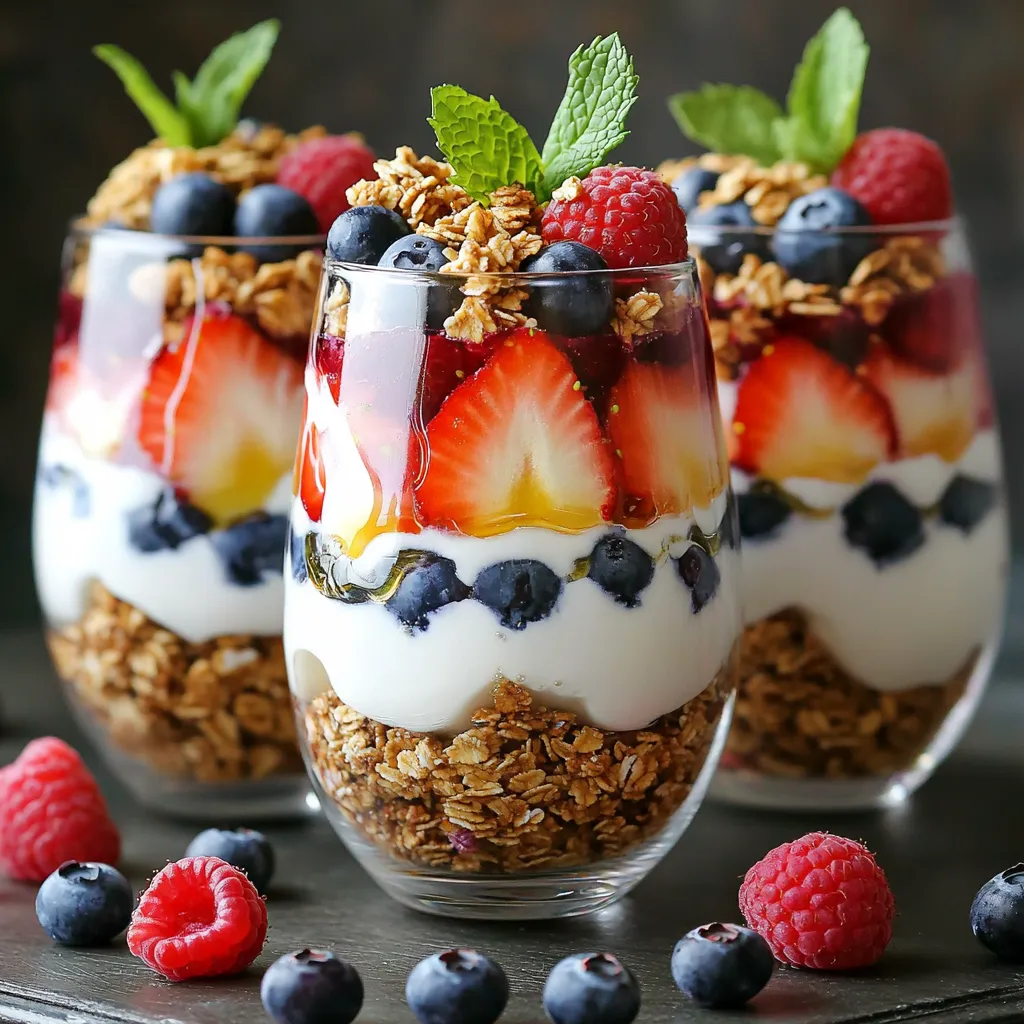 - 2 cups Greek yogurt (plain or vanilla) - 1 cup mixed berries (strawberries, blueberries, raspberries) - 1/2 cup granola (preferably honey or nut-flavored) - 2 tablespoons honey or maple syrup - 1 teaspoon vanilla extract - Fresh mint leaves for garnish Greek yogurt gives this parfait its creamy base. I love using plain or vanilla yogurt. It adds a rich taste that pairs well with the fruits. Mixed berries add color and flavor. Strawberries, blueberries, and raspberries offer a sweet and tart taste. Granola adds a nice crunch. I suggest using honey or nut-flavored granola for extra flavor. You can sweeten your yogurt if you like. Honey or maple syrup works great. If you use plain yogurt, add a teaspoon of vanilla extract. Fresh mint leaves make a lovely garnish. They add a pop of green and a fresh taste. Gather all these ingredients for a tasty snack. First, wash your mixed berries well. Use cold water to clean them. Then, pat them dry using a paper towel. If you have strawberries, slice them into smaller pieces. This helps mix the flavors better. In a medium bowl, take your Greek yogurt. If you want it sweet, mix in honey or maple syrup. If you use plain yogurt, add a teaspoon of vanilla extract. Stir everything together until it looks smooth and creamy. Grab some clear glasses or parfait cups. Start by adding a spoonful of the sweetened yogurt at the bottom. Next, layer the mixed berries over the yogurt. Sprinkle some granola on top. Keep repeating these layers until the glasses are full. Finish with a layer of yogurt on top. For a pretty touch, add a few berries and a sprig of fresh mint leaves as a garnish. Enjoy your parfaits right away for the best taste and texture! Choosing the right berries makes a big difference. Look for fresh berries that are firm and vibrant. Strawberries should be bright red with no soft spots. Blueberries should be plump and deep blue, while raspberries should be bright and intact. You can mix different berries for fun flavors. For granola, pick one with honey or nuts. This adds extra flavor and crunch. Avoid granolas with too much sugar. A good granola should complement the yogurt and berries. Presentation matters! Use clear glasses or parfait cups. This way, everyone can see the pretty layers. Aim for tall glasses to show off the layers. You can also use small mason jars for a rustic touch. For a fun twist, add a mint leaf on top. This not only looks nice but adds a fresh aroma. You can also sprinkle some extra berries on top for color. If you have extra parfaits, store them in the fridge. Use an airtight container to keep them fresh. Parfaits are best eaten within one day. This keeps the granola crunchy and the berries juicy. For the best results, store the yogurt and granola separately. This way, the granola stays crunchy until you’re ready to eat. Keep the berries in a small container to avoid squishing. {{image_2}} You can make Greek yogurt berry parfaits fit your diet. For a dairy-free version, try coconut yogurt or almond yogurt. Both have a similar texture and taste great. If you want a low-sugar option, skip the honey or syrup. Instead, use ripe bananas or unsweetened applesauce to add natural sweetness. Mix it up by adding different fruits. Try bananas, peaches, or even kiwi for a twist. You can also use flavored yogurt like strawberry or blueberry. This adds even more taste to your parfaits. Using seasonal fruits can make your parfaits even better. In spring, use fresh strawberries, while summer is perfect for peaches and berries. In fall, add apples or pears. You can also create holiday-themed parfaits. For Christmas, sprinkle in some pomegranate seeds or use gingerbread granola. These simple swaps keep your parfaits exciting all year round! Greek Yogurt Berry Parfaits last about 1 to 2 days in the fridge. The berries may lose some crunch, but the taste stays great. Store them in an airtight container to keep them fresh. Yes, you can make these parfaits ahead of time. Prepare them a few hours before serving. For the best flavor, enjoy them within 24 hours. If you layer them too early, the granola may get soggy. You can use many options instead of granola. Try crushed cereal, oats, or puffed rice. For a sweet touch, use cookie crumbles or dried fruit. Each option adds a unique flavor and texture. Absolutely! Many nut-free options exist for this recipe. Use seed-based granola, or skip granola altogether. You can also add more fruit or yogurt to keep it tasty. Enjoy this parfait safely without nuts! Each serving of Greek yogurt berry parfaits has about 200 calories. This makes it a light yet filling snack. You can enjoy this treat without worrying about heavy calories. - Protein: 12 grams - Fats: 5 grams - Carbohydrates: 30 grams Greek yogurt is high in protein. This helps you feel full longer. The granola adds some healthy fats and carbs for energy. The mixed berries provide natural sweetness and fiber. Greek yogurt is rich in probiotics. These good bacteria help your gut stay healthy. It also has calcium, which is great for strong bones. Berries are full of vitamins and antioxidants. They can help fight inflammation and boost your health. Together, they make a tasty and nutritious snack. These Greek yogurt berry parfaits are simple and tasty. You learn about the main ingredients, like Greek yogurt and mixed berries. I shared step-by-step instructions to help you assemble the parfaits easily. Remember, you can swap ingredients for dietary needs or seasonal flavors. Don't hesitate to get creative or ask questions in the FAQs. Enjoy these healthy treats, whether for breakfast or a snack. Your taste buds will thank you!