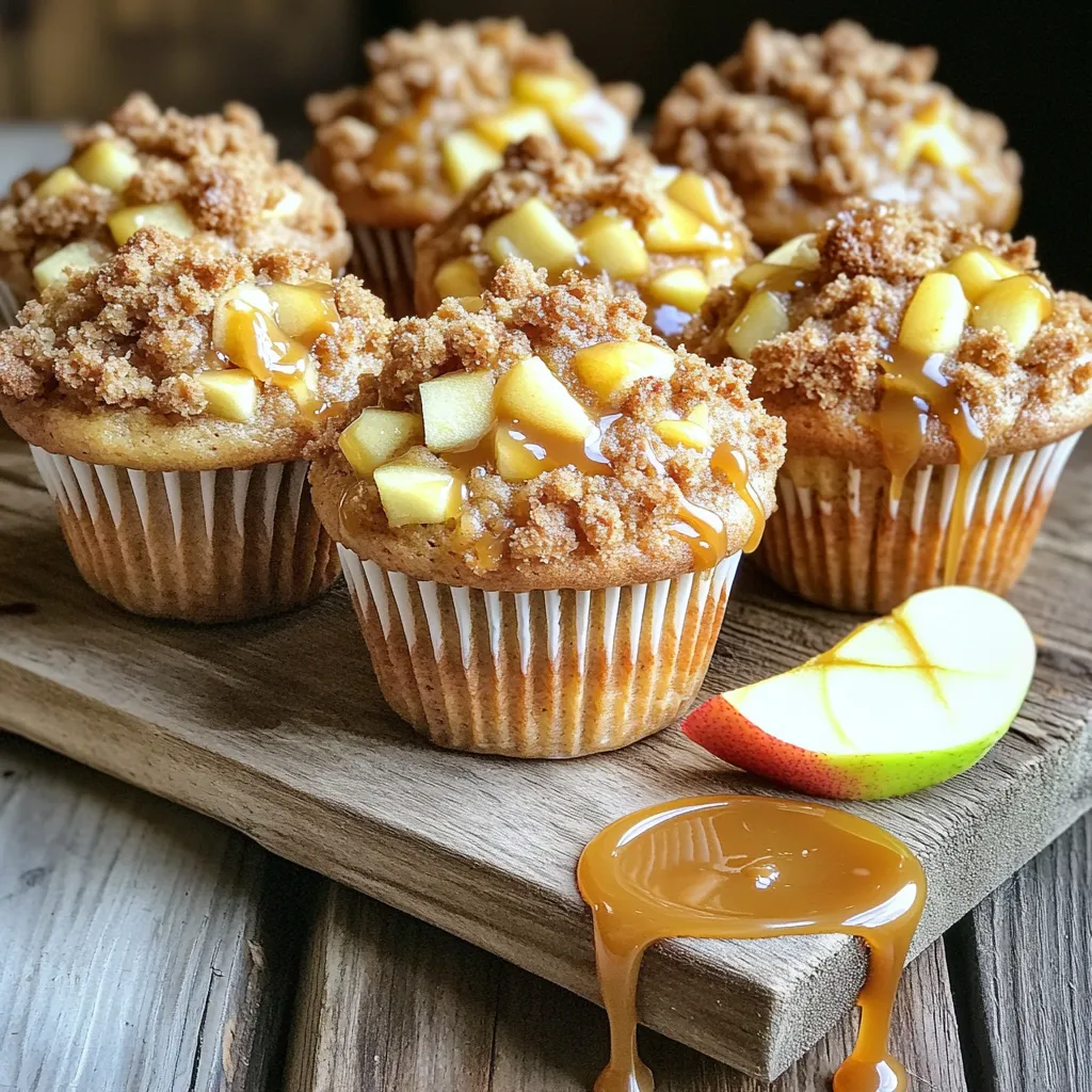 To make these delightful Caramel Apple Streusel Muffins, you will need the following: - Muffins: - 2 large apples, peeled, cored, and diced - 1 teaspoon lemon juice - 2 cups all-purpose flour - 1 teaspoon baking powder - 1 teaspoon baking soda - 1/2 teaspoon salt - 1 teaspoon cinnamon - 1 cup brown sugar, packed - 1/2 cup granulated sugar - 1/2 cup unsalted butter, melted - 2 large eggs - 1 cup buttermilk - 1 teaspoon vanilla extract - 1/2 cup caramel sauce (store-bought or homemade) - For the streusel: - 1/3 cup all-purpose flour - 1/3 cup rolled oats - 1/4 cup brown sugar, packed - 1/4 cup cold butter, diced - 1 teaspoon cinnamon These ingredients work to create a sweet and savory treat. The apples add moisture and flavor, while the caramel sauce brings a rich sweetness. The streusel topping adds texture with a crunchy bite. Each muffin is a perfect blend of flavors. Enjoy the warm, comforting scent of apples and caramel filling your kitchen! First, preheat your oven to 350°F (175°C). Line a muffin tin with paper liners. You can also use cooking spray to grease the tin. Next, take your apples, peel, core, and dice them. In a small bowl, toss the diced apples with one teaspoon of lemon juice. This keeps them fresh and bright. In a large mixing bowl, combine two cups of all-purpose flour, one teaspoon of baking powder, one teaspoon of baking soda, half a teaspoon of salt, and one teaspoon of cinnamon. Whisk them together until they mix well. This blend gives your muffins structure and flavor. In another bowl, mix one cup of packed brown sugar, half a cup of granulated sugar, and half a cup of melted unsalted butter. Add two large eggs, one cup of buttermilk, and one teaspoon of vanilla extract. Stir these together until the mixture is smooth and well combined. Pour the wet mixture into the bowl with the dry ingredients. Stir gently until just combined. Be careful not to over-mix. Now, gently fold in the diced apples. This step adds that delicious apple flavor to your muffins. In a separate bowl, prepare the streusel topping. Combine one-third cup of all-purpose flour, one-third cup of rolled oats, and one-quarter cup of packed brown sugar. Add one-quarter cup of cold diced butter and one teaspoon of cinnamon. Use your fingers or a fork to mix until it becomes crumbly. Fill each muffin cup about two-thirds full with the batter. Drizzle about one teaspoon of caramel sauce in the center. Then spoon additional batter on top to cover it. Generously sprinkle the streusel topping over each muffin. Bake the muffins in your preheated oven for 18-22 minutes. Check doneness by inserting a toothpick. If it comes out clean, the muffins are ready. Let them cool in the pan for five minutes, then transfer them to a wire rack. Enjoy these muffins warm, with extra caramel sauce if you wish! Checking for doneness is key. Use a toothpick to test the muffins. Insert it into the center. If it comes out clean, the muffins are ready. If not, bake a few more minutes. This simple step ensures you have moist muffins. For the best results, use quality baking tools. A sturdy muffin tin helps with even baking. Silicone liners make for easy muffin removal. A good whisk and mixing bowls also make mixing simple. You can easily make these muffins gluten-free. Just swap the all-purpose flour for a gluten-free blend. This keeps the taste and texture delightful. Try different fruits too! Pears or berries add a nice twist. You can also play with spices. Nutmeg or ginger can give your muffins a warm flavor. Serve your muffins warm for the best taste. A rustic wooden board makes an appealing display. Add a small bowl of caramel sauce for dipping. A slice of fresh apple on the side adds a pop of color. Pair these muffins with coffee or tea. They also go well with milk for a sweet treat. Enjoy them at breakfast or as a snack! {{image_2}} To keep your caramel apple streusel muffins fresh, place them in an airtight container. You can store them at room temperature for up to three days. If you want them to last longer, consider refrigerating them. Just remember to wrap them in plastic wrap first. This helps keep moisture in and prevents them from drying out. Freezing muffins is simple and great for later enjoyment. Start by letting the muffins cool completely. Then, wrap each muffin in plastic wrap. After that, place the wrapped muffins in a freezer bag. Press out any air before sealing the bag. You can freeze them for up to three months. When you're ready to enjoy them, just thaw at room temperature or heat in the microwave. Reheating your muffins can bring back their fresh taste. The best way is to use the oven. Preheat it to 350°F (175°C). Place the muffins on a baking sheet and heat for about 5-10 minutes. This warms them nicely and makes the streusel extra crispy. If you’re short on time, you can microwave them for 15-20 seconds. Just be careful not to overheat, or they might get dry. Enjoy your warm muffins with a drizzle of caramel sauce! Yes, you can. For a good substitute, use regular milk with vinegar or lemon juice. Simply mix one cup of milk with one tablespoon of vinegar or lemon juice. Let it sit for five minutes. You can also use yogurt or sour cream. Just thin them with a little water to match buttermilk's texture. To check if your muffins are ready, use a toothpick. Insert it into the center of a muffin. If it comes out clean or with a few crumbs, they are done. If it has wet batter, bake for a few more minutes. The tops should be golden brown and spring back when lightly pressed. If your streusel is too crumbly, try adding a bit more cold butter. Use your fingers to mix it in until it clumps together. You can also add a teaspoon of water or milk to help bind it. Make sure to mix gently to keep some texture. This will give you that perfect crumbly topping. To make the best Caramel Apple Streusel Muffins, you need fresh apples. Look for crisp varieties like Honeycrisp or Granny Smith. These apples add great taste and texture. Check local farmers' markets for the freshest options. For caramel sauce, choose high-quality brands. You can also make your own at home. It’s easy and tastes amazing. You will need a few key tools for baking these muffins: - Muffin tin - Paper liners or cooking spray - Mixing bowls (one large, one small) - Whisk - Rubber spatula - Measuring cups and spoons - Fork or pastry cutter for streusel These tools will help you mix, bake, and serve with ease. If you love muffins, try these similar recipes: - Blueberry Muffins: A classic fruit muffin full of juicy berries. - Banana Nut Muffins: Moist and rich with crunchy nuts. - Lemon Poppy Seed Muffins: Bright and zesty, perfect for breakfast. These recipes will keep your baking adventures fun and diverse! This guide covered everything you need for tasty apple muffins. I shared the ingredients, step-by-step instructions, and tips to perfect your bake. Remember, checking doneness is key. You can also try variations for a fun twist. Store leftovers well or freeze them for later. Enjoying these muffins will bring joy and warmth to your day. Happy baking!