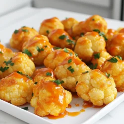 To make Buffalo cauliflower bites in an air fryer, gather these ingredients: - Cauliflower florets - 1 cup all-purpose flour (or gluten-free flour) - 1 teaspoon garlic powder - 1 teaspoon onion powder - 1 teaspoon smoked paprika - 1/2 teaspoon cayenne pepper (adjust for spiciness) - 1/2 teaspoon salt - 1 cup water (adjust as needed for consistency) - 1/2 cup buffalo sauce (store-bought or homemade) - 1 tablespoon melted coconut oil or olive oil - Fresh parsley, chopped (for garnish) These ingredients create a flavorful batter that coats the cauliflower. The spices bring heat and depth to every bite, while the buffalo sauce adds that classic zing. You can easily adjust the cayenne pepper to control how spicy you want the bites to be. Fresh parsley adds a nice touch of color and flavor when you serve the bites. To make this dish, you need a mix of dry and liquid ingredients. The batter must be thick enough to coat the cauliflower but not too heavy. Adding water slowly helps you get the right texture. Ensure you have all the ingredients ready before you start cooking. This way, the process flows smoothly. The ingredient list is simple but provides a big punch in flavor. Enjoy the crispiness and the spicy kick of these Buffalo cauliflower bites! Start by cutting the cauliflower into small florets. Aim for pieces that are about the same size for even cooking. Remove the leaves and stem. Rinse the florets under cold water to clean them. Next, I make the batter. In a large bowl, combine 1 cup of all-purpose flour, 1 teaspoon of garlic powder, 1 teaspoon of onion powder, 1 teaspoon of smoked paprika, 1/2 teaspoon of cayenne pepper, and 1/2 teaspoon of salt. Whisk these dry ingredients together well. Gradually add 1 cup of water, mixing until a smooth batter forms. The batter should be thick enough to coat the florets but not too heavy. Adjust the water as needed. Dip each cauliflower floret into the batter. Make sure each piece is evenly coated. Allow any excess batter to drip off before cooking. Preheat your air fryer to 400°F (200°C) for about 5 minutes. This step is key for getting crispy bites. Once preheated, arrange the battered cauliflower florets in a single layer in the air fryer basket. Be sure they do not touch, as this can make them soggy. If needed, cook in batches. Cook the florets for 10-12 minutes. Halfway through, shake the basket gently to help them cook evenly. Look for a golden brown color to know they are ready. After cooking, transfer the florets to a bowl. Add 1/2 cup of buffalo sauce and 1 tablespoon of melted coconut oil. Toss everything together until the cauliflower is well coated. Return the sauced cauliflower bites to the air fryer. Cook for an additional 2-3 minutes. This step helps the sauce set and adds a nice crisp. Carefully remove the buffalo cauliflower bites from the air fryer. Garnish with chopped parsley before serving. Enjoy these crispy treats hot! To get that perfect crispy bite, start with the right batter. Your batter should be thick, but not too heavy. This helps the coating stick well to the cauliflower. If you need a bit more crunch, add a touch more flour. Adjust the water as needed to keep it thick enough. When using your air fryer, preheat it to 400°F (200°C). This step makes a big difference and helps cook the bites evenly. Place the coated florets in a single layer in the basket. Avoid overcrowding them. This allows hot air to circulate and gives you that crispy texture. Shake the basket halfway through cooking, about 10 to 12 minutes. This movement helps all sides get golden brown. After cooking, toss the bites in your buffalo sauce and melted oil for added flavor. Then, cook them for another 2 to 3 minutes to set the sauce and crisp them up even more. Presentation matters! Serve your buffalo cauliflower bites on a nice platter. You can place them next to a bowl of ranch or blue cheese dressing for dipping. This adds a nice touch and makes them more fun to eat. To make your dish pop, sprinkle fresh parsley on top. The green adds color and freshness. You can also add celery sticks or carrot slices on the side. These crunchy veggies pair well and give a nice balance to the spicy bites. Enjoy your tasty treat! {{image_2}} You can change up the flavor of your buffalo cauliflower bites easily. If you like heat, add more cayenne or hot sauce. This will give your bites a spicy kick. You can also try different spice blends. For a smoky flavor, add smoked paprika. If you want something zesty, use lemon pepper or taco seasoning. Mix and match to find your favorite blend! If you need a gluten-free version, swap all-purpose flour for gluten-free flour. Make sure to check the label for any hidden gluten. You can also use almond flour or chickpea flour. These options add great taste and texture. For a vegan-friendly dish, skip the melted coconut oil and use a little vegetable broth instead. Toss the cauliflower in the buffalo sauce without any oil for a lighter option. Enjoy these bites with your favorite dip, and you won’t miss the dairy at all! To store leftover buffalo cauliflower bites, let them cool first. Place them in an airtight container. You can keep them in the fridge for up to three days. When reheating, use the air fryer. Set it to 350°F (175°C) for about 5-7 minutes. This keeps them crispy and tasty. Avoid using a microwave, as it can make them soggy. For freezing uncooked bites, follow the recipe steps until the batter stage. Place the coated florets on a baking sheet in a single layer. Freeze them for about two hours. Once frozen, transfer them to a freezer bag. This way, they stay fresh for up to three months. To cook frozen bites, do not thaw them. Preheat your air fryer to 400°F (200°C) and cook for 12-15 minutes. Shake the basket halfway through for even cooking. Enjoy your crispy treat straight from the freezer! Buffalo cauliflower bites take about 12 to 15 minutes to cook in an air fryer. Start by cooking them for 10 to 12 minutes at 400°F (200°C). Shake the basket halfway through for even cooking. After that, toss them in buffalo sauce and cook for another 2 to 3 minutes. This makes them crispy and tasty! Yes, you can make buffalo cauliflower bites without flour. You can use chickpea flour or almond flour instead. These options will still give a good coating and add a nice flavor. You could also use a batter made from blended nuts or seeds. Just ensure it has a thick consistency to coat the florets. If you want a different flavor, you can use barbecue sauce or sriracha. Both will add a nice kick. For a milder taste, try mixing hot sauce with honey or maple syrup. You can also create a homemade sauce with spices and vinegar for a personal touch! In this article, I covered how to make tasty buffalo cauliflower bites. We looked at needed ingredients, from cauliflower to spices. The steps for preparation and cooking ensure a great crunch. I shared tips for crispiness and serving ideas. You can also explore variations and learn proper storage methods. Buffalo cauliflower bites are a fun, healthy snack or meal. Enjoy experimenting with flavors and techniques to make this dish your own.