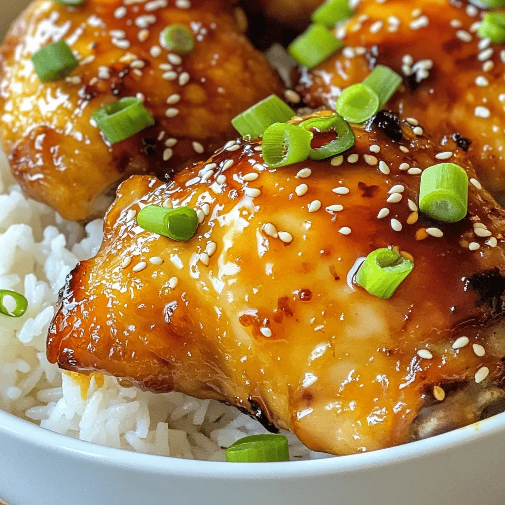 - 4 boneless, skinless chicken thighs - 1/4 cup low-sodium soy sauce - 2 tablespoons honey You'll want to start with fresh, boneless, skinless chicken thighs. They cook evenly in the air fryer. The soy sauce adds that salty umami flavor. Honey gives the dish a sweet touch. Together, they create a tasty marinade. - 1 tablespoon rice vinegar - 1 tablespoon sesame oil - 2 cloves garlic, minced - 1 teaspoon ginger, grated - 1 teaspoon cornstarch - 2 green onions, chopped (for garnish) - Sesame seeds (for garnish) Next, add rice vinegar and sesame oil for tang. Garlic and ginger bring warmth and depth. Cornstarch helps thicken the marinade, giving it a nice glaze. Green onions and sesame seeds will make your dish look pretty and fresh. Together, these ingredients create a rich flavor that you will love. To make the marinade, grab a bowl. Add 1/4 cup low-sodium soy sauce, 2 tablespoons honey, 1 tablespoon rice vinegar, and 1 tablespoon sesame oil. Next, add 2 cloves of minced garlic and 1 teaspoon of grated ginger. Finally, mix in 1 teaspoon of cornstarch. Whisk all of these ingredients together until smooth. This marinade gives the chicken its sweet and savory flavor. Take 4 boneless, skinless chicken thighs. Place them in a resealable plastic bag or a shallow dish. Pour the marinade over the chicken. Seal the bag or cover the dish. Let the chicken marinate in the fridge for at least 30 minutes. For deeper flavor, try to marinate for up to 2 hours. The longer the chicken sits, the more flavor it will soak up. Before cooking, preheat your air fryer to 380°F (190°C). Once preheated, take the chicken thighs out of the marinade. Let any extra marinade drip off. Discard the leftover marinade. Place the chicken thighs in a single layer in the air fryer basket. Make sure they don’t overlap. Air fry the chicken for 12-15 minutes. Flip the thighs halfway through. This helps them cook evenly and get that nice golden color. Check that the internal temperature reaches 165°F (75°C). If it does, remove the chicken and let it rest for a few minutes. Then, slice and serve! To get juicy chicken, do not overcrowd the basket. If you place too many pieces in at once, they will steam instead of fry. This will make them less crispy. Each thigh needs space to cook evenly. You can cook in batches if needed. This step ensures you achieve that golden brown finish you want. To ensure your chicken reaches a safe internal temperature, use a meat thermometer. The target temperature is 165°F (75°C). Insert the thermometer into the thickest part of the thigh. If it reads 165°F, your chicken is safe to eat. If not, return it to the air fryer for a few more minutes. This checks for doneness while keeping your meal safe. To add more depth to your marinade, consider these tips. First, let the chicken marinate longer, up to two hours, for richer flavor. You can also add a splash of orange juice or a bit of chili paste for a kick. Try swapping honey for maple syrup for a unique twist. These changes bring new layers to the teriyaki taste. {{image_2}} You can use other proteins for teriyaki. Salmon works great in the air fryer. It cooks fast and stays moist. Just marinate it the same way as chicken. Tofu is another tasty option. Press it to remove extra water, then cube it. Use the same marinade for flavor. Both options give you a new twist on classic teriyaki. Switching up sweeteners can change the taste. Maple syrup or agave nectar can replace honey. They add a unique sweetness. You can also try different vinegars. Apple cider vinegar gives a fruity taste. Balsamic vinegar adds depth. Each swap offers a fun way to customize your dish. Pair your teriyaki chicken with great side dishes. Steamed rice is a classic choice. It soaks up the sauce well. Roasted vegetables add color and flavor. Broccoli or snap peas work wonderfully. You can also serve it with a fresh salad for crunch. Each side enhances the meal and makes it more balanced. Store any leftover air fryer teriyaki chicken thighs in an airtight container. Make sure to let the chicken cool completely before sealing it. This helps keep the chicken juicy and fresh. You can safely store it in the fridge for up to three days. If you plan to eat it later, keep it stored well. To reheat the chicken, I recommend using the air fryer again. Preheat the air fryer to 350°F (175°C). Place the chicken in the basket for about 5 to 7 minutes. This method helps restore the crispiness while keeping the meat juicy. You can also use a microwave, but it may make the chicken softer. If you want to freeze the chicken, wrap each piece tightly in plastic wrap. Then, place them in a freezer bag. Be sure to remove as much air as possible. The chicken can be frozen for up to three months. When you are ready to eat, thaw the chicken in the fridge overnight. This keeps the texture nice and helps it warm evenly. You should marinate the chicken for at least 30 minutes. This gives the flavors time to soak in. For a richer taste, marinate for up to 2 hours. The longer you marinate, the deeper the flavor. Just be sure not to go overboard; too long can make the chicken mushy. Yes, you can use bone-in chicken thighs. They will take longer to cook. Aim for about 15-20 minutes in the air fryer. Make sure you check the internal temperature. It should reach 165°F (75°C) for safe eating. Adjust cooking times based on the size of the thighs. Pair this dish with simple sides for a complete meal. Here are some tasty options: - Steamed rice or quinoa for a filling base - Roasted veggies for added crunch - A fresh salad for a light touch - Edamame for a fun snack - Extra teriyaki sauce for dipping or drizzling These sides will complement the chicken's rich flavors well. In this post, we explored how to make delicious air fryer teriyaki chicken. We discussed the key ingredients, from chicken thighs to soy sauce and honey. I shared step-by-step instructions for marinating and cooking. You learned tips for the best texture and how to check doneness. I even covered variations, storage tips, and common questions. Try this recipe to enjoy a tasty meal, and don't be afraid to experiment with flavors. Cooking can be fun and creative!