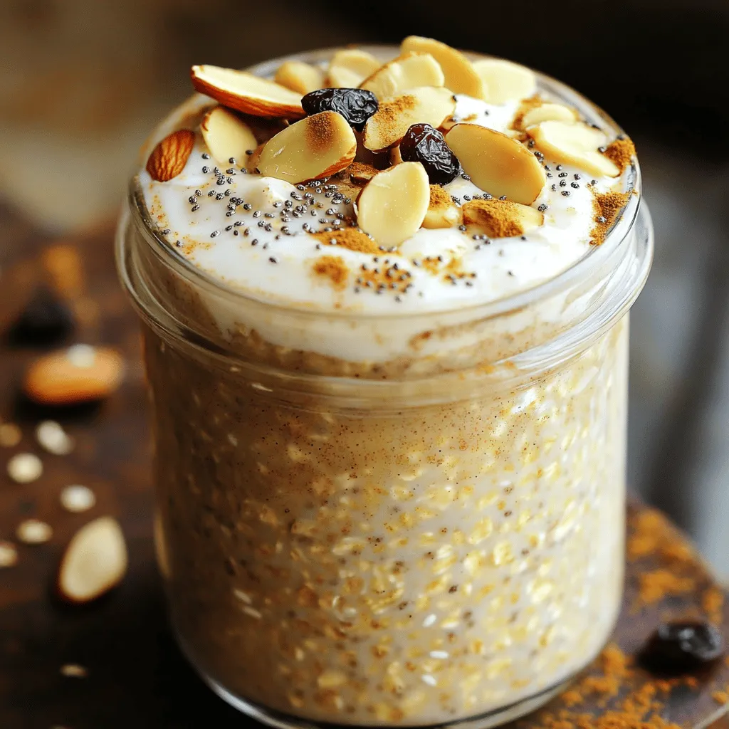 To make Chai Latte Overnight Oats, you need fresh ingredients. Here’s what you’ll need: - 1 cup rolled oats - 1 cup unsweetened almond milk - 1/2 cup strong brewed chai tea (cooled) - 1 tablespoon chia seeds - 1 tablespoon maple syrup (or honey) - 1/2 teaspoon ground cinnamon - 1/4 teaspoon ground ginger - 1/4 teaspoon cardamom - A pinch of black pepper - Optional toppings: sliced almonds, dried fruit, coconut flakes, or a sprinkle of cinnamon Gather these items before you start. Using high-quality chai tea makes a big difference. You can brew it strong for a bolder taste. Chia seeds help thicken the oats. They also add healthy fiber. Almond milk gives a creamy texture without dairy. Feel free to adjust flavors. If you like more spice, add extra cinnamon or ginger. Sweetness can come from maple syrup or honey. Both work well and taste great. For toppings, think about what you enjoy. Sliced almonds add crunch, while coconut flakes give a tropical vibe. Dried fruit adds natural sweetness. This recipe is flexible and fun to customize! To make Chai Latte Overnight Oats, you need to follow a few simple steps. Each step brings you closer to a tasty breakfast. - Combine dry ingredients in a bowl Start by taking a mixing bowl. Add 1 cup of rolled oats, 1 tablespoon of chia seeds, and all the spices: 1/2 teaspoon of ground cinnamon, 1/4 teaspoon of ground ginger, 1/4 teaspoon of cardamom, and a pinch of black pepper. Mix them well. - Mix in liquids and sweetener Next, pour in 1 cup of unsweetened almond milk and 1/2 cup of cooled, strong brewed chai tea. Add 1 tablespoon of maple syrup or honey for sweetness. Stir everything until the oats soak up the liquid. - Refrigeration process Cover the bowl with a lid or plastic wrap. Place it in the fridge for at least 4 hours or overnight. This helps the oats soften and absorb all the flavors. - Serving instructions In the morning, take the oats out and give them a good stir. If they are too thick, add a splash of almond milk to thin them out. Serve in a bowl or jar. Top with sliced almonds, dried fruit, coconut flakes, or an extra sprinkle of cinnamon. Enjoy your delicious start to the day! - Ensuring proper soaking time: Soaking your oats is key. Aim for at least 4 hours, but overnight is best. This helps soften the oats and makes them creamy. - Adjusting thickness with almond milk: If your oats seem too thick in the morning, add a splash of almond milk. Mix it in until you reach the texture you like. - Best practices for mixing ingredients: Combine your dry ingredients first. Mix the oats, chia seeds, and spices well. This ensures each bite is full of flavor. Then, add the liquids and sweetener. Stir until everything is well combined. - Additional spices to consider: You can boost the flavor with more spices. Try adding nutmeg or vanilla extract for a warm touch. - Natural sweeteners vs. sugar: Maple syrup or honey adds sweetness and flavor. They are great natural options. You can also try agave syrup for a lower glycemic index. - Creative topping ideas: Get creative with toppings! Sliced almonds, dried fruit, or coconut flakes add texture and flavor. A sprinkle of cinnamon on top makes it look nice and adds a bit more spice. {{image_2}} Using different types of milk can change the taste of your chai latte overnight oats. You can choose a dairy milk alternative or stick to nutless options. - Dairy milk alternatives: You can use oat milk, soy milk, or coconut milk. Each type brings its unique flavor. Oat milk adds creaminess, while coconut milk gives a tropical touch. - Nutless options for allergies: If you have nut allergies, go for soy or oat milk. These choices provide a smooth texture and taste without nuts. Flavor is key to enjoying your overnight oats. Here are two fun variations to try. - Pumpkin spice variation: Add pumpkin puree and a little nutmeg. This mix gives your oats a warm, cozy flavor. It's perfect for fall or any time you crave pumpkin pie. - Cocoa chai overnight oats: Mix in cocoa powder for a rich chocolate taste. This twist pairs well with the chai spices. Add a dash more maple syrup to balance the flavors. Experimenting with these variations makes breakfast exciting. You can find new favorites that suit your taste. To keep your chai latte overnight oats fresh, use glass jars with tight lids. These containers help seal in the flavors and prevent spills. You can also use plastic containers if you prefer. Overnight oats stay good in the fridge for up to five days. If you make a big batch, you can enjoy it throughout the week. Just remember to stir before serving, as the oats may settle. You can freeze overnight oats for longer storage. To do this, prepare the oats as you normally would. Then, place them in freezer-safe containers, leaving some space at the top. This space allows the oats to expand as they freeze. When you're ready to eat, take the oats out of the freezer. Place them in the fridge overnight to thaw. You can also warm them in the microwave for a quick meal. If the oats seem thick after thawing, add a splash of almond milk to reach your desired texture. Enjoy your tasty breakfast! What are the health benefits of overnight oats? Overnight oats are packed with fiber. They help keep you full and support digestion. The oats also provide vitamins and minerals. They are a great source of energy for the day. The chia seeds add omega-3 fatty acids, which are good for your heart. Plus, using almond milk keeps it low in calories. How can I make these oats vegan? To make these oats vegan, simply use maple syrup as your sweetener. Almond milk is already vegan. Ensure your chai tea is made without dairy. This way, you can enjoy a creamy and tasty breakfast without any animal products. Can I use instant oats instead of rolled oats? Yes, you can use instant oats. However, they absorb liquid faster. This might change the texture of your oats. If you prefer a creamier result, use rolled oats. They maintain a chewy texture even after soaking overnight. What to do if oats are too thick or runny? If your oats are too thick, add a splash of almond milk. Stir it in until you reach your desired thickness. If they are too runny, you can add more oats or chia seeds. Let them sit for a few minutes to thicken up. How to adjust sweetness without added sugars? To adjust sweetness naturally, try adding mashed bananas or applesauce. These options give you sweetness without refined sugars. You can also use more spices, like cinnamon, for extra flavor without added sweetness. This blog post showed you how to make chai latte overnight oats. You learned the key ingredients, step-by-step preparation, and useful tips for perfecting your dish. I shared variations to suit different tastes and provided storage advice to keep your oats fresh. Remember, you can adjust sweeteners and try new flavors to make it your own. Enjoy these tasty and healthy oats any time! Trust me, they will be a hit!
