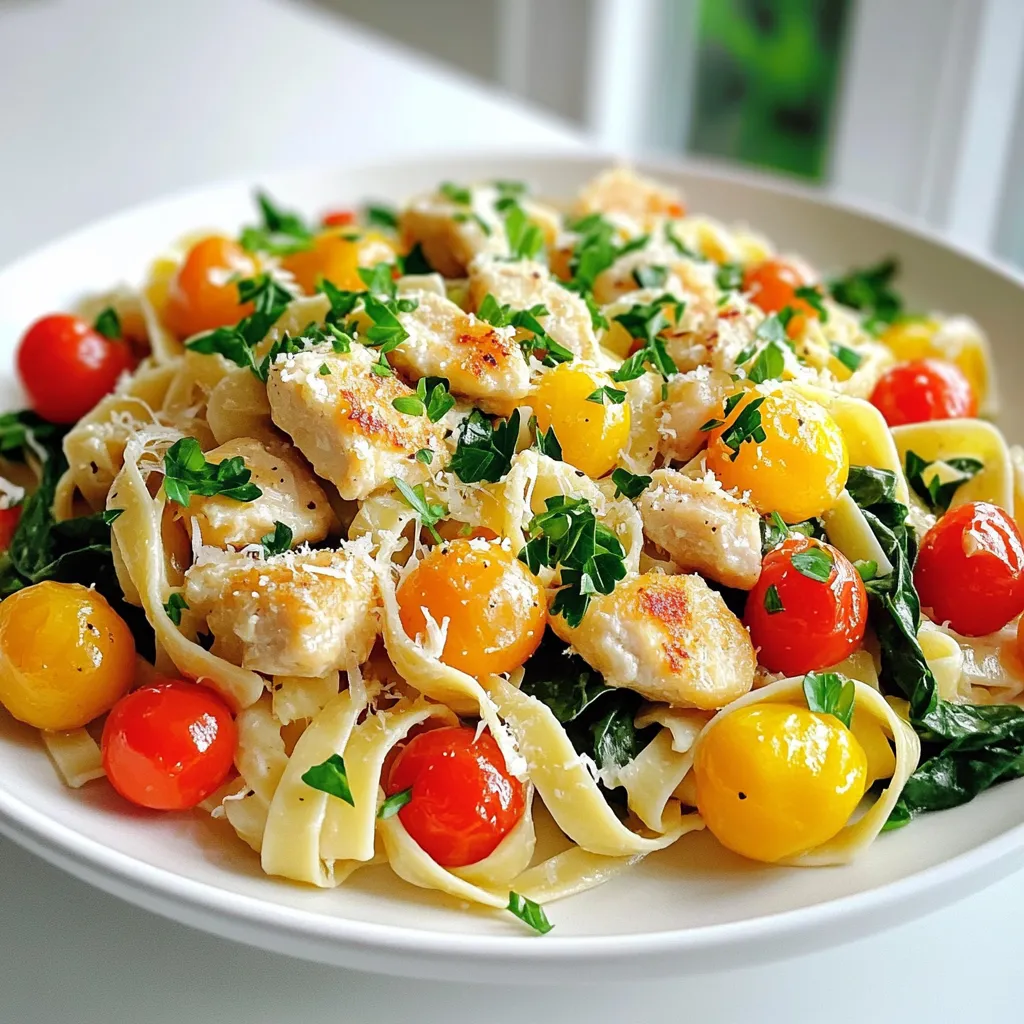- 2 boneless, skinless chicken breasts, diced - 8 oz fettuccine or linguine pasta - 3 tablespoons olive oil - 4 cloves garlic, minced In this dish, chicken provides protein and flavor. Pasta serves as a hearty base. Olive oil adds richness, while garlic brings a bold taste. Each ingredient plays a key role in making the dish shine. - 1/4 cup grated Parmesan cheese - Fresh parsley for garnish While not needed, Parmesan cheese adds a creamy touch. Fresh parsley brightens the dish with color and flavor. Feel free to add these if you want extra flair. - Gluten-free pasta options - Vegan substitute ideas If you need gluten-free, choose a gluten-free pasta. This maintains the dish's texture. For a vegan twist, swap chicken with tofu or chickpeas. You can still enjoy great taste while fitting your diet. Start by boiling a large pot of salted water. Once it boils, add 8 ounces of fettuccine or linguine. Cook the pasta according to the package directions until it is al dente. This usually takes about 8-10 minutes. When it’s done, reserve 1 cup of pasta water. Then, drain the pasta and set it aside. In a large skillet, heat 2 tablespoons of olive oil over medium heat. Add the diced chicken breasts, seasoned with salt and pepper. Cook the chicken for about 6-8 minutes. It should be golden brown and cooked through. Use a meat thermometer to check if it reaches 165°F. Once done, remove the chicken and set it aside. In the same skillet, add the last tablespoon of olive oil. Then, toss in 4 cloves of minced garlic and 1 teaspoon of red pepper flakes. Sauté these for about 1 minute until the garlic smells great. Be careful not to burn it. Next, add 1 cup of halved cherry tomatoes. Cook these for 3-4 minutes until they soften. This step adds a lovely sweetness to the dish. Using fresh ingredients makes a big difference. Fresh chicken gives you a juicy bite. Fresh garlic brings a rich taste. Fresh lemon zest adds a bright zing. Always choose ripe cherry tomatoes for sweetness. Fresh spinach gives a nice color and crunch. Each fresh item will bring out the best in your dish. To minimize cleanup, use a large skillet. Cook the chicken first, then set it aside. In the same skillet, you can add garlic and other veggies. This way, you keep all the flavors together. You also save time washing extra pots. When you finish cooking, you only have one pan to clean. If you want to change the heat, adjust the red pepper flakes. Start with half a teaspoon for mild spice. Add more if you like it hot. Mix in the flakes when sautéing garlic. This helps release the flavor. Taste as you go. You can always add more if needed. Your dish should be just right for you. {{image_2}} You can switch the chicken for shrimp or tofu. Shrimp cooks fast and adds a nice flavor. Just sauté them until pink, about 3-4 minutes. Tofu is a great choice for vegans. Use firm tofu and sauté until golden brown for the best taste. Adding seasonal vegetables makes this dish even better. In summer, try zucchini or bell peppers for a fresh crunch. In winter, consider adding broccoli or kale for a hearty feel. These veggies not only add color but also boost nutrition. For a creamier sauce, mix in some heavy cream. This will give the dish a rich taste. You can also try adding white wine for a touch of elegance. Just let it simmer for a few minutes to cook off the alcohol. Both options will elevate your Lemon Garlic Chicken Pasta Skillet! To store leftovers, let the pasta cool down first. Use an airtight container to keep it fresh. You can keep it in the fridge for easy access. Make sure to eat the leftovers within three days for the best taste. You can freeze this dish for later. First, let it cool completely. Then, place it in a freezer-safe container. When ready to eat, thaw it overnight in the fridge. Reheat it on the stove with a splash of water to help it warm evenly. In the fridge, this Lemon Garlic Chicken Pasta Skillet lasts about three days. If frozen, it can stay good for up to three months. Always check for signs of spoilage before enjoying your meal. Yes, you can make this dish ahead of time. Cook the chicken and pasta, then store them separately. Keep the cooked ingredients in airtight containers in the fridge. When you are ready to serve, just heat them up together in a skillet. Add the remaining ingredients to keep it fresh and tasty. To make this recipe gluten-free, choose gluten-free pasta. There are many great options available. Make sure to check the package for cooking instructions. You can also use spiralized vegetables as a pasta substitute. They give a nice texture and flavor to the dish. This Lemon Garlic Chicken Pasta Skillet goes well with light side dishes. Consider a fresh salad with mixed greens and a simple vinaigrette. Garlic bread is another great choice. You can also serve steamed vegetables for a colorful and healthy addition. You learned how to make a delicious Lemon Garlic Chicken Pasta Skillet. We covered the key ingredients, cooking steps, and helpful tips to enhance flavors. Adjust the recipe for your dietary needs or preferences easily. Remember to store leftovers properly for future meals. This dish fits many tastes and can be enjoyed different ways. You can experiment with flavors and make it your own. Enjoy the cooking process and the tasty results!