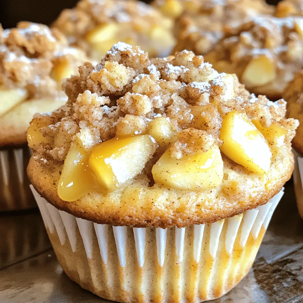 For these muffins, you will need: - 2 cups all-purpose flour - 1 cup granulated sugar - 1 tablespoon baking powder - 1 teaspoon baking soda - 1 teaspoon ground cinnamon - ½ teaspoon salt These dry ingredients form the base. The flour gives structure. Sugar adds sweetness. Baking powder and baking soda help the muffins rise. Cinnamon gives that warm flavor. Salt enhances all the tastes. Now, let’s look at the wet ingredients. You will need: - 2 large eggs - ¾ cup unsweetened applesauce - ½ cup milk (or non-dairy alternative) - ⅓ cup vegetable oil - 1 teaspoon vanilla extract The eggs provide moisture and richness. Applesauce keeps the muffins soft. Milk adds creaminess. Vegetable oil helps keep them tender. Vanilla adds depth to the flavor. Next, we add the star of the show: the apples. You will need: - 1 cup diced apples (preferably Granny Smith or Honeycrisp) - For the streusel topping: - ½ cup all-purpose flour - ⅓ cup light brown sugar - 1 teaspoon ground cinnamon - ¼ cup cold unsalted butter, cubed The diced apples bring natural sweetness and a juicy texture. The streusel topping adds a crunchy layer. It’s a perfect contrast to the soft muffin. Use cold butter for a crumbly topping. This will make your muffins look and taste bakery-fresh. First, preheat your oven to 375°F (190°C). This step is key for good baking. While the oven heats, line a muffin tin with paper liners or grease the cups lightly. This will help the muffins come out easily after baking. Next, let’s make the streusel topping. In a small bowl, mix together ½ cup of flour, ⅓ cup of brown sugar, and 1 teaspoon of cinnamon. This blend gives your muffins a warm, sweet flavor. Add ¼ cup of cold, cubed butter. Use a pastry cutter or forks to mix it until it looks crumbly. Set this topping aside. It will add a crunchy layer on top of your muffins. Now, let’s bring everything together. In a large mixing bowl, whisk 2 cups of flour, 1 cup of granulated sugar, 1 tablespoon of baking powder, 1 teaspoon of baking soda, 1 teaspoon of cinnamon, and ½ teaspoon of salt. This mix forms the base of your muffins. In another bowl, beat 2 large eggs. Then, add ¾ cup of applesauce, ½ cup of milk, ⅓ cup of vegetable oil, and 1 teaspoon of vanilla extract. Mix until smooth. Pour this wet mixture into the dry ingredients. Stir gently until just combined. A few lumps are okay; don’t overmix. Finally, fold in 1 cup of diced apples gently. This adds great texture and flavor. Now, you’re ready to fill the muffin tin and top them with streusel! To get that perfect bakery-style texture, mix your batter gently. Overmixing makes muffins tough. Aim for a few lumps in the batter. Also, filling the muffin cups three-quarters full helps them rise nicely. Bake at 375°F for a golden top. Use fresh, crisp apples for the best flavor and moisture. You can change a few ingredients if you need to. If you're out of applesauce, use mashed banana or yogurt instead. For a dairy-free option, almond milk works great. If you like sweeter muffins, add more sugar to the batter. You can also swap in whole wheat flour for a healthier option. Serve these muffins fresh from the oven for the best taste. A drizzle of caramel adds a sweet touch. Dust with powdered sugar for a lovely finish. These muffins pair well with coffee or tea. For a fun twist, try serving them with whipped cream or ice cream on the side. {{image_2}} You can change the flavor of these muffins easily. Try using different spices like nutmeg or ginger to switch things up. You can also use flavored extracts, like almond or maple, for a unique taste. Want a sweeter twist? Add a touch of brown sugar to the batter. Mix-ins add fun textures and flavors. Nuts like walnuts or pecans give crunch. You can toss in raisins or dried cranberries for sweetness. If you love chocolate, add some mini chocolate chips. Just remember to keep the mix-ins to about ½ cup so the muffins stay fluffy. Making these muffins fit different diets is simple. For a dairy-free version, use almond milk or coconut milk instead of regular milk. You can replace the sugar with coconut sugar or a sugar substitute. To make them gluten-free, swap all-purpose flour for a gluten-free blend. Just be sure to follow the package instructions for best results. To keep your muffins fresh, store them in an airtight container. This helps keep them moist. You can also place a slice of bread in the container. The bread keeps the muffins soft. Store them at room temperature for up to three days. If you want to keep them longer, refrigeration is not ideal. The cold air can dry them out. Freezing muffins is a great way to save extras. First, let them cool completely. Then, wrap each muffin tightly in plastic wrap. You can also use a freezer bag. Be sure to remove as much air as possible. Muffins can last for up to three months in the freezer. When you're ready to eat one, just thaw it at room temperature. To enjoy your muffins warm, reheating is simple. You can use the microwave for quick results. Heat for about 10 to 15 seconds. If you want a crispy top, use the oven. Preheat it to 350°F (175°C) and heat for about 5 to 10 minutes. This method revives the texture nicely. Enjoy your muffins fresh each time! Yes, you can use other apple types. Fuji and Gala apples work well too. They add sweetness and moisture. Just pick apples that are firm and not too soft. Mixing different apples can also boost flavor. To make gluten-free muffins, swap all-purpose flour with a gluten-free blend. Look for a blend that includes xanthan gum. This helps mimic the texture of regular flour. Follow the same amount as in the recipe. Absolutely! Nuts like walnuts or pecans add crunch. You can also fold in chocolate chips for sweetness. Just keep the total mix-ins to one cup. This way, the muffins stay fluffy and light. This guide covered the key ingredients for delicious muffins, steps to make them, and tips for great results. You learned how to prepare dry and wet ingredients, mix in apples and toppings, and create a tasty streusel. We also shared variations, storage tips, and answered common questions to help you. Making muffins can be fun and easy. With these steps, you can impress anyone with your baking. Enjoy your delicious creations and share them with others!