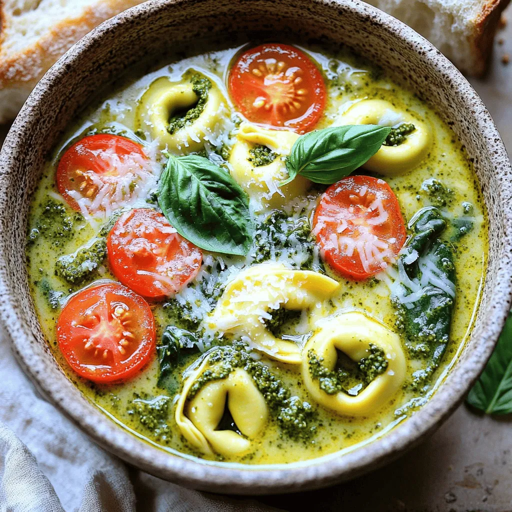 - 1 tablespoon olive oil - 1 onion, diced - 3 cloves garlic, minced - 4 cups vegetable broth - 1 cup heavy cream - 1 cup basil pesto (store-bought or homemade) - 12 oz cheese tortellini (fresh or frozen) - 1 cup cherry tomatoes, halved - 1 cup fresh spinach - Salt and pepper to taste - Grated Parmesan cheese, for serving - Fresh basil leaves, for garnish - Large pot - Cooking spoon - Measuring cups and spoons The ingredients for this creamy pesto tortellini soup are simple yet flavorful. You start with olive oil, which adds richness. Diced onion and minced garlic create a strong base. The vegetable broth brings depth to the soup. Heavy cream makes it rich and smooth, giving the soup its creamy texture. Next, basil pesto adds a burst of flavor. You can use store-bought or make your own. Cheese tortellini is the star, making the soup hearty. Cherry tomatoes add sweetness and color. Fresh spinach gives a nice touch of green. Finally, you can season with salt and pepper for balance. For serving, I suggest grated Parmesan cheese and fresh basil leaves. These garnishes enhance the dish and make it look lovely. Having these ingredients ready will make your cooking smooth and enjoyable. First, grab a large pot and pour in 1 tablespoon of olive oil. Heat it over medium heat. Next, add 1 diced onion. Cook the onion until it turns translucent, about 3 to 4 minutes. This makes your base flavorful. Then, stir in 3 cloves of minced garlic. Cook it for just 1 minute. You want to smell that amazing garlic aroma. After the garlic is fragrant, pour in 4 cups of vegetable broth. Bring this to a gentle simmer. This step is key for blending the flavors together. Now, add in 1 cup of heavy cream and 1 cup of basil pesto. Stir well to mix everything. Let it simmer for about 5 minutes. This waiting time allows the flavors to meld beautifully. Now it's time for the star of the show: the tortellini! Add 12 ounces of cheese tortellini to the pot. Cook them according to the package instructions, usually about 4 to 5 minutes. They should be tender but firm. After that, stir in 1 cup of halved cherry tomatoes and 1 cup of fresh spinach. Cook for 2 more minutes. The spinach will wilt nicely, adding color and nutrition. Finally, season your soup with salt and pepper to taste. Now you’re ready to serve this creamy delight! To ensure your tortellini is tender, do not overcook it. Add the tortellini to the pot and follow the package instructions. They usually take about 4-5 minutes. Stir gently so they don’t stick together. For a creamy soup consistency, use heavy cream. It blends well with pesto and broth. Let the soup simmer after adding the cream. This helps create that rich, smooth texture. Stir often to keep everything mixed. Season your soup well. Add salt and pepper to taste. You can also use garlic powder or onion powder for extra flavor. A squeeze of lemon juice can brighten the dish. For toppings, consider adding a dollop of extra pesto on top. Grated Parmesan cheese adds depth. Fresh basil leaves also make a great garnish and enhance the look of the soup. Pair your soup with warm, crusty bread. It’s perfect for dipping. A simple salad on the side can balance the meal. For garnishes, sprinkle grated Parmesan on each bowl. Add a few fresh basil leaves for color. Drizzle with extra pesto for a pop of flavor. This makes your presentation even more appealing. {{image_2}} You can change the tortellini type to suit your taste. Try different fillings like spinach or mushroom. You can also use gluten-free tortellini for a lighter option. If you want a vegan soup, swap heavy cream with coconut milk or cashew cream. For cheese, use nutritional yeast or a dairy-free cheese. These swaps keep the rich taste while meeting different diets. Add protein to your soup for a heartier meal. Cooked chicken or shrimp works great. Both add flavor and make the soup more filling. You can also throw in other veggies. Try carrots, zucchini, or bell peppers. They bring new textures and flavors to the mix. Plus, they add color and nutrients. Making your own pesto is easy and fun. Blend fresh basil, garlic, nuts, olive oil, and Parmesan. This gives you a fresh taste that store-bought pesto can’t match. If you can’t find basil, use spinach or arugula for a different twist. You can also try sun-dried tomato pesto. It adds a rich, tangy flavor that pairs well with the soup. For best results, store your soup in an airtight container. This keeps it fresh longer. You can refrigerate the soup for up to three days. If you want to save it longer, freezing is a good option. Just make sure to leave some space in the container for expansion. You can reheat your soup in the microwave or on the stovetop. The stovetop method keeps it smoother. Pour the soup into a pot and heat it over low to medium heat. Stir often to avoid burning. If using a microwave, heat in short bursts. Stir between intervals for even warming. To keep the creaminess, add a splash of cream while reheating. In the fridge, the soup lasts about three days. If you freeze it, it can stay good for two to three months. Always check for signs of spoilage. If the soup smells off or you see mold, it's better to toss it. Yes, you can make this soup ahead of time. It keeps well in the fridge. To prep ahead, follow these tips: - Cook the soup as usual but skip adding the tortellini until you reheat. - Store soup in an airtight container for up to three days. - When ready to eat, reheat and add the tortellini. Cook until tender. Both fresh and frozen tortellini work well in this soup. Here are my thoughts: - Fresh tortellini: It cooks quickly and has a nice texture. - Frozen tortellini: It is convenient and can be stored longer. Use either type based on what you have on hand. Yes, you can make a dairy-free version of this soup. Here are some options: - Swap heavy cream for coconut milk or cashew cream. - Use dairy-free pesto, which is often made with nuts and oil. - Choose dairy-free tortellini, available in many stores. These swaps keep the soup creamy and tasty! This blog post covered a delicious creamy tortellini soup. It highlighted key ingredients like olive oil, heavy cream, and basil pesto. You learned how to create a rich base and cook the tortellini to perfection. We included tips for texture and flavor boosts, along with serving and storage advice. In the end, this dish is flexible and can fit many tastes. Enjoy experimenting with variations and share your favorites with friends!