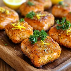 - 1 lb fresh salmon fillet, skin removed and cut into bite-sized pieces - 2 tablespoons olive oil - 1 tablespoon lemon juice - 1 teaspoon lemon zest - 1 teaspoon black pepper - 1 teaspoon garlic powder - 1 teaspoon onion powder - 1 teaspoon smoked paprika - Salt to taste - Fresh parsley, chopped (for garnish) You can swap fresh salmon with other fish, like trout or tilapia. If you want a different flavor, try using lime juice instead of lemon juice. Use avocado oil instead of olive oil for a unique taste. For spice, you can add cayenne pepper if you like heat. If you don’t have garlic powder, fresh garlic works too; just mince it finely. When choosing salmon, look for bright color and firm texture. The flesh should not feel mushy. Smell the salmon; it should have a fresh ocean scent, not a fishy smell. Buy from trusted sources, like local fish markets or grocery stores with good seafood sections. If possible, ask for wild-caught salmon. It often tastes better and is healthier. First, take your fresh salmon fillet and cut it into bite-sized pieces, about 1 inch square. This size is perfect for cooking and eating. Next, pat the pieces dry with a paper towel. Dry fish helps it crisp up better in the air fryer. In a large mixing bowl, mix together the olive oil, lemon juice, lemon zest, black pepper, garlic powder, onion powder, smoked paprika, and salt. Whisk these ingredients well until they blend together. Once mixed, add the salmon pieces and gently toss them. Your goal is to coat each piece fully in the marinade. Let the salmon sit in this mix for 15 to 20 minutes. This allows the flavors to soak in. While the salmon marinates, it's time to preheat your air fryer. Set it to 400°F (200°C) and let it heat for about 5 minutes. Preheating is key for achieving that crispy texture. If your air fryer is not hot enough, the salmon may not cook evenly. First, you need to arrange the salmon bites in the air fryer. After marinating, take the salmon pieces and lay them in the basket. Make sure they are in a single layer. This will help them cook evenly. If your air fryer is small, you might need to cook in batches. Avoid overcrowding, as this can lead to soggy bites. Set your air fryer to 400°F (200°C). This high heat gives the salmon a nice crispy crust. Cook the salmon bites for 8-10 minutes. Halfway through cooking, flip them over. This ensures they get crispy on all sides. Keep an eye on them to avoid overcooking. To check if the salmon is done, look for a few signs. The salmon should be opaque and flake easily with a fork. If it’s not quite there, cook for another 1-2 minutes. Remember, overcooking can make the salmon dry, so stay alert! {{image_2}} To get your salmon bites extra crispy, start by patting them dry. This step helps remove moisture. Less moisture means more crispiness. Use a light coating of olive oil, as this helps them crisp up too. When cooking, do not overcrowd the air fryer basket. Give each piece space to breathe. Flip the salmon halfway through cooking for even crispiness. If you want more crunch, try adding breadcrumbs or panko before cooking. These salmon bites are great as a snack or main dish. You can serve them on a bed of greens for a fresh touch. Add a squeeze of lemon juice right before serving for extra zest. Pair them with a dipping sauce like garlic aioli or a tangy yogurt sauce. This adds flavor and moisture, making every bite delightful. For sides, consider roasted vegetables or a light salad. Quinoa or rice also pairs well with salmon. Their mild flavors balance the lemon and spices in the salmon. For drinks, try a crisp white wine or sparkling water with lemon. These drinks complement the dish and refresh your palate. Enjoy exploring these tasty combinations! You can make these salmon bites even better with new seasonings. Try adding herbs like dill or thyme for a fresh taste. If you want a kick, add cayenne pepper or chili powder. For a sweet twist, consider brown sugar or honey. Each change gives your salmon bites a fun new flavor. Salmon is great, but you can switch it up. Consider using cod or tilapia for a lighter taste. These fish are mild and soak up flavors well. Cut them into bite-sized pieces just like the salmon. Adjust cooking time slightly if needed, as some fish cook faster. Mixing in veggies boosts the nutrition and adds color. Try bell peppers, zucchini, or asparagus cut into small pieces. Toss them in the marinade with the salmon. This way, you get tasty bites with a crunch. They will cook nicely in the air fryer with the salmon. To store leftover salmon bites, place them in an airtight container. Make sure the container is dry to keep the salmon fresh. You can store them in the fridge for up to three days. If you want to keep them longer, freezing is a great option. When reheating salmon bites, try using the air fryer again. Set it to 350°F. Heat the bites for about 5 minutes. This keeps them crispy. You can also reheat in the oven at 350°F for 10 minutes. Avoid using the microwave, as it can make the salmon soggy. To freeze salmon bites, let them cool completely first. Arrange them in a single layer on a baking sheet. Freeze them for about an hour. Once frozen, transfer them to a freezer bag. Make sure to remove as much air as you can. They will last for up to three months. When ready to eat, thaw and reheat using the air fryer. Yes, you can use frozen salmon. Just thaw it completely before cooking. Thawing helps the salmon cook evenly. Place the frozen salmon in the fridge overnight for the best results. If you're in a hurry, you can also use the microwave's defrost function. If you don’t have an air fryer, you can bake the salmon bites. Preheat your oven to 400°F (200°C). Place the marinated salmon on a baking sheet lined with parchment paper. Bake them for about 12-15 minutes. Flip them halfway through for even cooking. The salmon is done when it turns opaque and flakes easily with a fork. You can also check the internal temperature. It should reach 145°F (63°C). If it’s not quite there, cook for another 1-2 minutes. Enjoy your tasty bites! This blog post covered how to make delicious salmon bites. We went over fresh ingredients, preparation, and cooking steps. You learned tips for crispiness and tasty serving ideas. We also explored different seasoning options and how to store leftovers. Trying new flavors and efficient cooking methods can make meals fun. Enjoy your cooking journey and savor every bite!