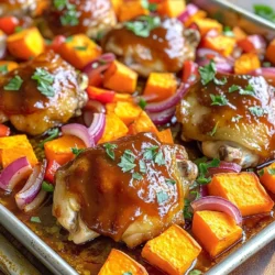 - 4 bone-in, skin-on chicken thighs - 2 medium sweet potatoes, peeled and cubed - 1 red bell pepper, sliced - 1 red onion, cut into wedges - 2 tablespoons olive oil - 2 teaspoons smoked paprika - 1 teaspoon garlic powder - Salt and pepper to taste - Fresh parsley for garnish - Additional seasoning options When I prepare BBQ Chicken & Sweet Potato Sheet Pan, I love how simple it is. The main ingredients shine through. The chicken thighs bring a rich flavor. The skin crisps up nicely during baking. Sweet potatoes add a sweet touch, making the dish balanced. I choose red bell peppers and red onions for a pop of color. They also bring extra flavor and crunch. The olive oil helps everything cook evenly. The spices, like smoked paprika and garlic powder, add depth. Salt and pepper round out the taste. For garnishes, I often use fresh parsley. It adds a bright touch and freshness. If you want, you can try other spices too. This recipe is flexible, allowing you to adapt based on your taste. - Preheat your oven to 400°F (200°C). This step is key to a perfect bake. - In a large bowl, add the cubed sweet potatoes, sliced red bell pepper, and red onion. - Drizzle with olive oil, then sprinkle on smoked paprika, garlic powder, salt, and pepper. - Toss everything well to coat the veggies evenly. This ensures great flavor in every bite. - Transfer the seasoned veggies to a large, rimmed sheet pan. Spread them out in a single layer. - In the same bowl, add the chicken thighs. Pour half of the BBQ sauce over the chicken. Make sure each thigh is well coated. - Nestle the chicken among the sweet potatoes and veggies on the pan. This helps the flavors mingle as they cook. - Bake in the preheated oven for 25 minutes. - After 25 minutes, take the pan out and brush the remaining BBQ sauce on the chicken thighs. - Return the pan to the oven. Bake for another 15-20 minutes. Check that the chicken reaches an internal temperature of 165°F (75°C) and that the sweet potatoes are tender. - Once done, let the dish rest for a few minutes. This helps keep the juices in the chicken. - Serve straight from the pan for a rustic touch! If you like, garnish with fresh parsley for a pop of color. Enjoy your meal! To get crispy skin on your chicken, start with bone-in, skin-on thighs. This cut keeps moisture in and gives great flavor. Pat the skin dry with a paper towel. This helps the skin crisp up nicely. Season the chicken well. Use salt and pepper for flavor. Brush on BBQ sauce before and after baking. For tender sweet potatoes, cut them into even cubes. This ensures they cook at the same rate. Toss them with olive oil, smoked paprika, garlic powder, salt, and pepper. Spread them out on the sheet pan. Avoid overcrowding; this helps them roast instead of steam. Choosing the right BBQ sauce can change the dish. I recommend a sauce with a balance of sweet and tangy. You can try a smoky or spicy sauce for extra depth. Add your favorite spices to the mix. Consider a pinch of cayenne for heat or brown sugar for added sweetness. This gives you a unique flavor profile. Serving directly from the sheet pan looks inviting. It adds a rustic touch that everyone loves. For a fun twist, sprinkle sesame seeds or chopped scallions on top. This adds color and texture. Use a large spoon or tongs for easy serving. Make it a family-style meal. Everyone can take what they want straight from the pan. {{image_2}} You can swap out ingredients for variety. For meat, try chicken breast or beef. If you want a plant-based option, use tofu or tempeh. Each option brings its own flavor and texture. For veggies, you can include carrots, zucchini, or broccoli. Mix and match to suit your taste. Just remember to cut the veggies into similar sizes. This ensures they cook evenly. BBQ sauce comes in many flavors. Try sweet, tangy, or spicy options. Each sauce adds a new twist to the dish. You could also make your own sauce with honey, mustard, and vinegar. When it comes to seasoning, you can play with spices. Add chili powder for heat or rosemary for a fresh taste. Each change keeps the meal exciting. This dish pairs well with simple sides. Try a fresh green salad or steamed green beans. Both add color and crunch to your plate. For drinks, iced tea or lemonade works great. You can also serve it with a light beer or a fruity wine. These options enhance the meal and make it more enjoyable. To store leftovers safely, let the dish cool down first. Place the BBQ chicken and sweet potatoes in a shallow container. This helps them cool faster. Use airtight containers to keep them fresh. Glass or plastic containers with tight lids work well. Label each container with the date to track freshness. For reheating, use an oven or microwave. The oven gives the best texture. Preheat it to 350°F (175°C). Heat the dish for about 20-25 minutes. If using a microwave, cover the dish. Heat on medium power for 5-7 minutes. Check if the chicken is warm throughout. Aim for an internal temperature of 165°F (75°C). To freeze, place the cooled leftovers in freezer-safe bags. Remove as much air as possible. This helps prevent freezer burn. You can freeze the dish for up to three months. When ready to eat, thaw overnight in the fridge. For best flavor, reheat in the oven. This keeps the chicken juicy and the sweet potatoes tender. Can I use boneless chicken thighs? Yes, you can use boneless chicken thighs. They will cook faster. Just adjust the baking time to check for doneness. Make sure they reach 165°F (75°C). How long can I store leftovers? You can store leftovers in the fridge for up to four days. Keep them in an airtight container to maintain freshness. What can I substitute for BBQ sauce? If you want a change, try using honey mustard or teriyaki sauce. Both add great flavor. You could also make a homemade sauce with ketchup and spices. How do I know when sweet potatoes are fully cooked? Sweet potatoes are done when they are tender. You can test this by poking them with a fork. If it goes in easily, they are ready. Is this recipe suitable for meal prep? Yes! This dish is perfect for meal prep. You can portion it into containers for easy lunches or dinners throughout the week. Can I make it healthier? Absolutely! Use less BBQ sauce or choose a low-sugar version. You can also add more veggies for extra nutrients. Try adding broccoli or zucchini to the mix. This BBQ chicken and sweet potato sheet pan recipe offers a simple and tasty way to cook. You learned the essential ingredients, straightforward steps, and helpful tips. Remember, use fresh veggies and your favorite spices for the best flavor. Don't hesitate to mix things up with different meats or sauces. Enjoy this dish at family gatherings or meal prep sessions. It’s fun to serve and share. Try it out, and make it your own!