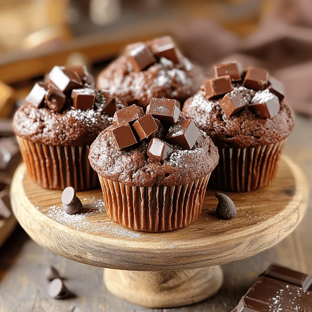 To make these muffins, gather the following dry ingredients: - 1 ¾ cups all-purpose flour - ½ cup unsweetened cocoa powder - 1 cup granulated sugar - 2 teaspoons baking powder - 1 teaspoon baking soda - ½ teaspoon salt These dry ingredients create a rich base. The flour gives structure, while cocoa adds that tasty chocolate flavor. Sugar sweetens the mix and enhances the muffin's softness. Next, we need the wet ingredients: - 2 large eggs - 1 cup milk (whole or buttermilk) - ½ cup vegetable oil - 1 teaspoon vanilla extract These ingredients add moisture and richness. Eggs help bind everything together, while milk makes the muffins tender. The oil keeps them soft, and vanilla adds a lovely aroma. For an extra treat, consider these optional add-ins: - 1 cup semi-sweet chocolate chips - ½ cup chocolate chunks These add-ins boost the chocolate flavor and texture. Chocolate chips melt slightly, while chunks give a delightful bite. Feel free to adjust the amounts to your taste! Start by preheating your oven to 375°F (190°C). This step warms up the oven for perfect baking. Next, prepare your muffin tin. You can use paper liners or spray it lightly with cooking spray. This keeps your muffins from sticking. In a large bowl, combine the dry ingredients. Add 1 ¾ cups of all-purpose flour, ½ cup of unsweetened cocoa powder, 1 cup of granulated sugar, 2 teaspoons of baking powder, 1 teaspoon of baking soda, and ½ teaspoon of salt. Whisk them together until they blend well. Now, in another bowl, beat 2 large eggs. Then mix in 1 cup of milk, ½ cup of vegetable oil, and 1 teaspoon of vanilla extract. Stir this mixture until smooth. Pour the wet mix into the dry mix. Use a spatula to fold them together gently. Don’t overmix; it’s okay to have some lumps. Finally, fold in 1 cup of semi-sweet chocolate chips and, if you like, ½ cup of chocolate chunks. Divide the batter evenly among the 12 muffin cups. Fill each cup about ⅔ full. For that bakery look, mound the batter slightly over the rim. Place the muffin tin in your preheated oven. Bake for 18-20 minutes. To check if they are done, insert a toothpick in the center. It should come out with a few moist crumbs, not wet batter. Once baked, let the muffins cool in the tin for about 5 minutes. After that, transfer them to a wire rack to cool completely. Enjoy the delicious smell as they cool! To get that perfect bakery look, mound the batter above the rim. This makes your muffins rise beautifully. Use a good muffin tin. It should be sturdy and non-stick. Also, remember to line it with paper liners for easy cleanup. Mix your dry and wet ingredients separately. This avoids overmixing. Overmixing makes muffins tough. Fold the wet mix into the dry gently. Leave some lumps in the batter; it helps keep them soft. For extra flavor, try using buttermilk. It adds a nice tang. Don’t skip the baking powder or baking soda; they help muffins rise. Measure your flour correctly. Too much flour makes muffins dry. Use a spoon to scoop flour into your measuring cup, then level it off. Always check your oven temperature with an oven thermometer. An oven that’s too hot can burn your muffins. {{image_2}} You can boost your double chocolate muffins by adding nuts or fruit. Chopped walnuts or pecans add a nice crunch. If you prefer fruit, try adding fresh raspberries or diced bananas. Both options give a twist to the flavor and texture. Mix in about half a cup of your choice before baking. This way, you get more taste in each bite. Want to make these muffins gluten-free? Swap the all-purpose flour with a gluten-free blend. Look for a blend that can replace regular flour cup-for-cup. Be sure to check the label for xanthan gum. If it isn’t in the blend, add a teaspoon to help the muffins rise. This keeps your muffins soft and fluffy. Experiment with different types of chocolate for unique flavors. Dark chocolate chips give a richer taste. Milk chocolate chips offer a sweeter option. You can even mix them! For a fun twist, use white chocolate chips for a creamy experience. Adjust the amount based on your preferences. This way, you can create your own special chocolate muffin. To store leftover muffins, place them in an airtight container. This keeps them moist. You can store them at room temperature for up to three days. If you want them to last longer, put them in the fridge. Just remember, cold muffins may lose some fluffiness. Freezing muffins is easy and smart. First, let them cool completely. Then, wrap each muffin in plastic wrap. Place the wrapped muffins in a freezer bag. You can freeze them for up to three months. When you’re ready to enjoy, just thaw them overnight in the fridge. To reheat your muffins, use the microwave or the oven. For the microwave, warm each muffin for about 15-20 seconds. If you prefer the oven, preheat it to 350°F (175°C). Place the muffins on a baking sheet and heat for about 5-10 minutes. This keeps them soft and tasty. Enjoy your warm, chocolatey treat! To stop muffins from sticking, use paper liners or grease the pan well. I recommend using cooking spray or butter. Make sure to cover all the edges. If you use liners, they help keep the muffins intact while serving. This way, you won’t lose any muffin goodness! Yes, you can! Dutch-process cocoa gives a smoother flavor. Natural cocoa is lighter and has a strong taste. Choose what fits your taste best. Experimenting with different types can yield unique flavors. Just remember, the cocoa type can change the muffin's color and taste. These muffins stay fresh for about 2 to 3 days at room temperature. Store them in an airtight container. If you want them to last longer, try freezing them. They can keep for up to 3 months in the freezer. Just thaw at room temperature when ready to enjoy! You can use melted butter or coconut oil instead of vegetable oil. Both options add a rich flavor. Applesauce is a great option for a lighter choice. It keeps the muffins moist and tasty. Choose what suits your diet and flavor preference best! You now have all the tools to make great muffins. We discussed ingredients, from dry to wet, and optional add-ins to boost flavor. I shared step-by-step instructions to guide you through the process. Tips and tricks helped you avoid mistakes and achieve bakery-style muffins. Plus, we explored fun variations to suit your taste. With these tips, impress your friends and family with delicious treats. Happy baking!