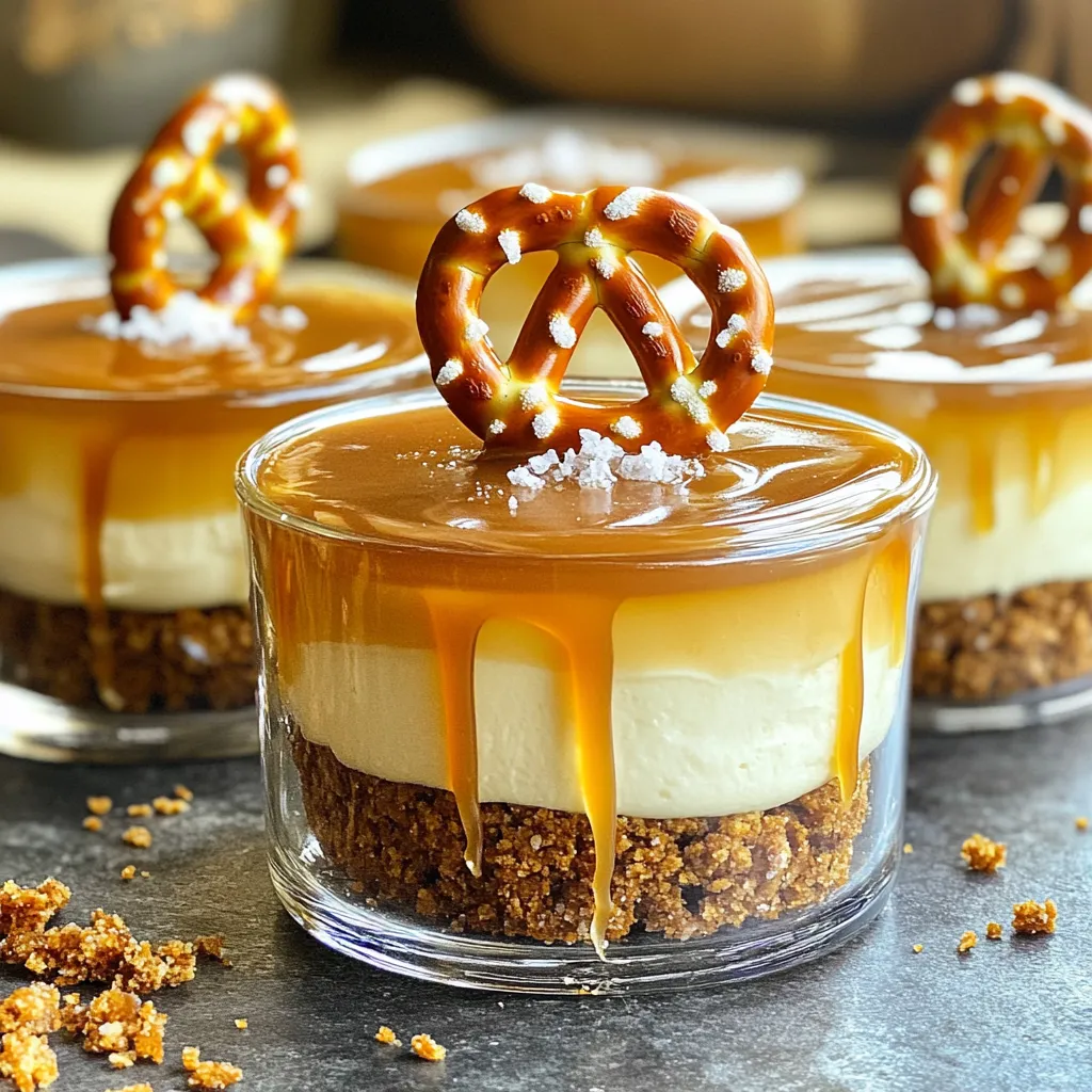 To make these No-Bake Salted Caramel Pretzel Cheesecake Cups, you need some simple yet tasty ingredients. Here’s what you’ll need: - 1 cup crushed pretzels - 1/4 cup granulated sugar - 1/2 cup unsalted butter, melted - 8 oz cream cheese, softened - 1/2 cup powdered sugar - 1 cup heavy whipping cream - 1 teaspoon vanilla extract - 1/2 cup caramel sauce (store-bought or homemade) - Sea salt, for sprinkling - Extra pretzels, for garnish Each ingredient plays a key role. The crushed pretzels give a nice crunch and salty taste. The butter helps bind the crust together. Cream cheese provides that creamy texture we crave in a cheesecake. Heavy whipping cream makes the filling light and fluffy. I love using powdered sugar for a smoother mix, and vanilla adds warmth. The caramel sauce brings sweetness and a lovely flavor contrast to the salty pretzels. Don’t forget the sea salt! It enhances all the flavors. Lastly, those extra pretzels make a great garnish. Gather these ingredients, and you're ready to create a dessert that will impress everyone! Making No-Bake Salted Caramel Pretzel Cheesecake Cups is fun and easy. Each layer adds flavor and texture. The crust gives a nice crunch, the filling is creamy, and the caramel adds sweetness. 1. Combine the crust ingredients: In a medium bowl, mix crushed pretzels, sugar, and melted butter. Stir until pretzels are coated. 2. Prepare the cheesecake filling: In another bowl, beat softened cream cheese with powdered sugar until smooth. Then, whip the heavy cream until it forms soft peaks. Gently fold the whipped cream into the cream cheese mixture. Add vanilla extract for extra taste. 3. Layer and assemble the cups: Start by pressing 2 tablespoons of the pretzel mixture into the bottom of each serving cup. Add half of the cheesecake filling on top. Drizzle a tablespoon of caramel sauce over the filling. Continue with another layer of cheesecake filling, then top with more caramel sauce. Finish with a sprinkle of sea salt. Chilling is key for this recipe. It helps the layers set and flavors blend. I recommend chilling the cups for at least 2 hours. This makes them firm and ready to enjoy. - Make sure you soften the cream cheese. This step helps it blend smoothly. I often leave it out for about 30 minutes before I start. - Whip the heavy cream until it forms soft peaks. This gives the cheesecake a light, airy feel. Be gentle when you fold it into the cream cheese mix. - You can mix in different flavors. Try adding crushed cookies or fresh fruit for a twist. - Adjust the sweetness to your taste. You can add more or less powdered sugar based on your preference. - Garnish each cup with a whole pretzel on top. This adds a nice touch and looks great! - Serve with a small spoon for easy enjoyment. It makes serving at parties fun and simple. {{image_2}} You can switch up the flavor of these cups to keep things fun. Add cocoa powder to make a chocolate version. Just mix in a few tablespoons of cocoa powder with the cream cheese for a rich taste. Another fun twist is the peanut butter version. Simply use a creamy peanut butter filling instead of the usual cheesecake mix. This will give your cups a nutty and sweet flavor that everyone will love. Want to enjoy these cups while staying gluten-free? You can use gluten-free pretzels. They taste great and work just like regular pretzels. If you want a vegan option, swap the cream cheese with a vegan cream cheese. Use coconut cream in place of heavy cream. This keeps the cups tasty while meeting dietary needs. You can easily adjust the size of your servings. If you want larger cups, just double the ingredients. For smaller treats, use smaller cups and cut the ingredient amounts in half. Keep the same layers for each size, so they still look great. This way, you can serve just the right amount for any occasion. To keep your cheesecake cups fresh, place them in an airtight container. Make sure to cover each cup with plastic wrap if you don't have a lid. They can stay in the fridge for up to three days. After that, the crust may lose its crunch. You can freeze these cheesecake cups if you want to save some for later. Wrap each cup in plastic wrap, then put them in a freezer-safe container. They can last up to two months in the freezer. When you're ready to enjoy, move them to the fridge to thaw overnight. After storing, the cups may need a little refresh. If they seem soft, chill them for a bit before serving. You can add extra caramel sauce and a whole pretzel on top for a pretty look. This will make them even more tempting and enjoyable! Can I use low-fat cream cheese? Yes, you can use low-fat cream cheese. It may change the texture a bit. The cheesecake might be less rich but still tasty. Just make sure it is softened to mix well. How can I make homemade caramel sauce? To make homemade caramel sauce, heat 1 cup of sugar in a saucepan. Stir until it melts and turns golden brown. Slowly add 1/2 cup of heavy cream and mix well. Add a pinch of salt for flavor. Let it cool before using. What can I substitute for heavy whipping cream? You can use coconut cream or silken tofu as substitutes. Both can give a creamy texture. For a lighter option, try half-and-half, but the result will be less fluffy. What to do if the cheesecake mixture is runny? If the mixture is runny, chill it for a bit. This helps it firm up. You can also add more cream cheese to thicken the mix. Just blend it in well. Fixing issues with crust consistency If your crust is too crumbly, add a bit more melted butter. This helps it stick together. If it’s too wet, add more crushed pretzels. Press it down firmly in the cups. Best occasions for serving these dessert cups These dessert cups are great for parties, holidays, or family gatherings. They are easy to serve and fun to eat. You can impress guests with their sweet and salty flavor. Pairing suggestions with drinks or other desserts Serve these cups with coffee or sweet tea. They go well with vanilla ice cream too. For a fun twist, pair them with a chocolate dessert for a mix of flavors. To sum up, we explored how to make delicious cheesecake cups using simple ingredients. Key steps included preparing the crust, mixing the filling, and layering the components. I shared useful tips for perfecting your dessert and ideas for customizing flavors. Now you have the knowledge to impress at your next gathering. Whether you stick to the classic recipe or try a twist, these treats are sure to be a hit. Enjoy making and sharing these delightful cheesecake cups!