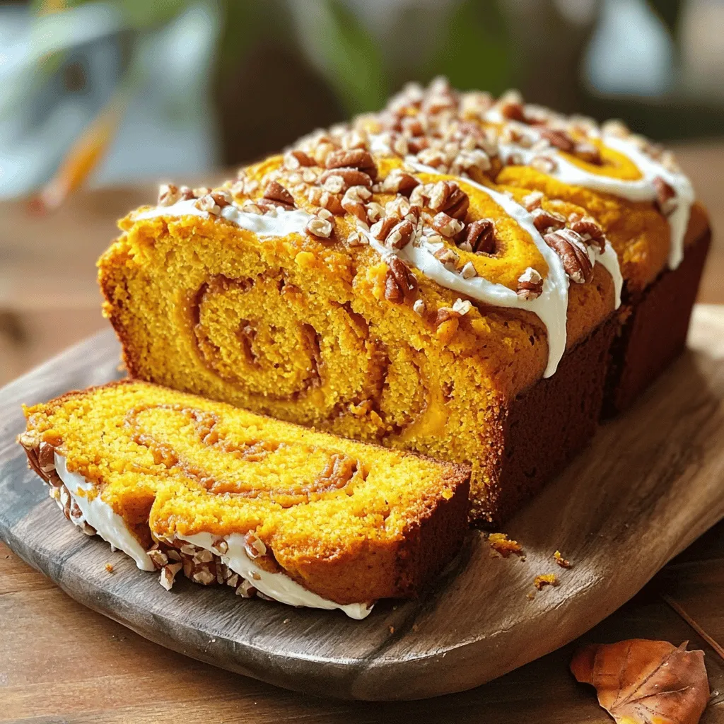 - 1 ½ cups all-purpose flour - ½ teaspoon baking soda - 1 teaspoon baking powder - ½ teaspoon salt - 1 teaspoon ground cinnamon - ½ teaspoon ground nutmeg - ¼ teaspoon ground ginger The dry ingredients form the base of your pumpkin bread. All-purpose flour gives it structure, while baking soda and baking powder help it rise. Salt balances the sweetness. The spices—cinnamon, nutmeg, and ginger—add warmth and depth. These spices transform your bread into a fragrant delight. If you want a stronger spice flavor, feel free to add a pinch more. - ½ cup granulated sugar - ½ cup brown sugar, packed - 1 cup pumpkin puree (canned or fresh) - 2 large eggs - ⅓ cup vegetable oil - 1 teaspoon vanilla extract The wet ingredients bring moisture and flavor. Granulated sugar adds sweetness while brown sugar gives a richer taste. Pumpkin puree is the star here. It adds moisture and a lovely pumpkin flavor. You can use canned or fresh puree. Both work well! The eggs bind everything together, and vegetable oil keeps the bread soft. Vanilla extract adds a warm note, brightening the overall taste. - 8 oz cream cheese, softened - ¼ cup powdered sugar - 1 teaspoon vanilla extract - 1 egg yolk The cream cheese swirl makes this bread special. Softened cream cheese mixes easily and creates a smooth texture. It pairs perfectly with the sweet pumpkin batter. Powdered sugar sweetens the cream cheese without making it grainy. The egg yolk helps bind it all, ensuring a creamy filling. Don't skip softening the cream cheese. It makes mixing easier and gives a smooth swirl in your bread. Start by preheating your oven to 350°F (175°C). This ensures your bread bakes evenly. Next, prepare a 9x5 inch loaf pan. You can grease it with butter or cooking spray. Alternatively, lining it with parchment paper makes removal easier later. In a medium bowl, whisk together the dry ingredients. Combine 1 ½ cups of all-purpose flour, ½ teaspoon baking soda, 1 teaspoon baking powder, ½ teaspoon salt, 1 teaspoon ground cinnamon, ½ teaspoon ground nutmeg, and ¼ teaspoon ground ginger. Set this mix aside. Now, in a large bowl, blend the wet ingredients. Mix ½ cup granulated sugar, ½ cup packed brown sugar, 1 cup pumpkin puree, 2 large eggs, ⅓ cup vegetable oil, and 1 teaspoon vanilla extract. Stir until smooth and uniform. Next, gradually add the dry mix to the wet mix. Use a spatula to fold gently. Be careful not to overmix; a few lumps are okay! In a separate bowl, prepare the cream cheese filling. Beat 8 ounces of softened cream cheese with ¼ cup powdered sugar, 1 teaspoon vanilla extract, and 1 egg yolk. Mix until you have a smooth and creamy mixture. This step is key for a great swirl! To assemble, pour half of the pumpkin batter into the loaf pan. Spread half of the cream cheese filling on top. Repeat with the remaining pumpkin batter and cream cheese filling. Use a knife or skewer to create a swirl pattern. Bake your creation in the preheated oven for 55-65 minutes. To check if it's done, insert a toothpick into the center. It should come out clean. If the top browns too quickly, cover it loosely with aluminum foil. After baking, let the bread cool in the pan for about 10 minutes. Then, transfer it to a wire rack to cool completely. For serving, slice the bread and place it on a decorative platter. Drizzle with extra cream cheese frosting and sprinkle crushed pecans or walnuts for added texture. Enjoy your delicious creation! To get the best texture, avoid overmixing your batter. When you combine the dry and wet ingredients, mix just until you see no dry flour. This keeps your bread nice and soft. If you mix too much, the bread can turn out dense. Enhancing spices like cinnamon, nutmeg, and ginger makes a big difference. Add a little more than the recipe calls for. This will give your bread a richer flavor that will fill your kitchen with warmth. If your bread comes out too dry, check your baking time. Over-baking can happen fast, so keep an eye on it. Use the toothpick test: insert it into the center, and if it comes out clean, it's done. If the top browns too quickly, cover it with foil. If you find your bread too sweet, consider reducing the sugar. This can balance the rich pumpkin flavor. You can also try adding a pinch of salt to enhance the taste. Use a 9x5 inch loaf pan for the best results. This size helps your bread bake evenly. If you want easier removal, line the pan with parchment paper. For mixing, a large bowl and a spatula work well. Use a hand mixer for the cream cheese filling. This makes it smooth and easy to spread. A good whisk will help combine dry ingredients evenly. {{image_2}} You can customize your pumpkin cream cheese swirl bread with different add-ins. Nuts add a nice crunch. Chopped walnuts or pecans can bring an earthy flavor. Chocolate chips can make it sweeter and more fun. Try dark chocolate for a rich twist. Another option is using fruit purées or zests. Applesauce can add moisture. A splash of orange zest brightens up the flavor. Experimenting with these add-ins can make your bread unique. If you want a healthier bread, you can swap some ingredients. Use coconut sugar or honey instead of granulated sugar. These options can add a different taste and sweetness. You can also replace all-purpose flour with whole wheat flour. This change boosts fiber and nutrients. Just remember that whole wheat flour can make the bread denser. Adjust the liquid to keep the texture light and fluffy. Seasonal spices can take your bread to new heights. Add a pinch of ground cloves for warmth. A dash of allspice can also enhance the fall flavors. This makes the bread perfect for cozy gatherings. For winter holidays, consider adding peppermint extract or crushed candy canes. These add a festive touch. You can even drizzle white chocolate on top for a special treat. Transforming this classic bread for any season keeps it exciting. To keep leftover pumpkin cream cheese swirl bread fresh, wrap it well. Use plastic wrap or aluminum foil. Store it at room temperature for up to three days. If your home is warm, you may want to refrigerate it. Refrigeration helps prevent spoilage, but it can dry out the bread. Freezing is a great option for longer storage. First, let the bread cool completely. Then, wrap it tightly in plastic wrap and aluminum foil. This double layer helps keep moisture in. You can freeze the bread for up to three months. When you're ready to enjoy it again, remove it from the freezer. Thaw it in the fridge overnight for best results. If you need it fast, leave it at room temperature for a few hours. To reheat, slice the bread and pop it in the oven at 350°F for about 10 minutes. This warms it up and revives its soft texture. Yes, you can use fresh pumpkin puree. Fresh pumpkin gives a bright taste. However, it requires more work. You must cook and blend the pumpkin until smooth. Canned pumpkin is quick and easy. It yields consistent results. Both options are great, so choose what you prefer. The toothpick test is your best friend. Insert a toothpick into the center of the bread. If it comes out clean, the bread is done. If it has wet batter, bake it longer. This test ensures your bread is moist but not raw. Yes, you can make this recipe gluten-free. Use a gluten-free flour blend instead of all-purpose flour. Look for blends made for baking. You may need to add a bit more liquid. This helps keep the bread moist. Always check the package for best results. Serve the bread warm or at room temperature. It pairs well with coffee or tea. You can drizzle extra cream cheese frosting on top. Sprinkling crushed nuts adds a nice crunch. Enjoy it as breakfast or a sweet snack. This blog post walked you through making Pumpkin Cream Cheese Swirl Bread. We covered dry and wet ingredients, plus how to create the cream cheese swirl. You learned the essential steps for mixing, baking, and cooling your bread. I shared tips for perfect texture, common troubleshooting, and fun variations. Remember, baking is both an art and a science. With the right ingredients and techniques, you can enjoy a delicious loaf. Don't hesitate to share your baking journey with friends and family! It’s a treat worth sharing.