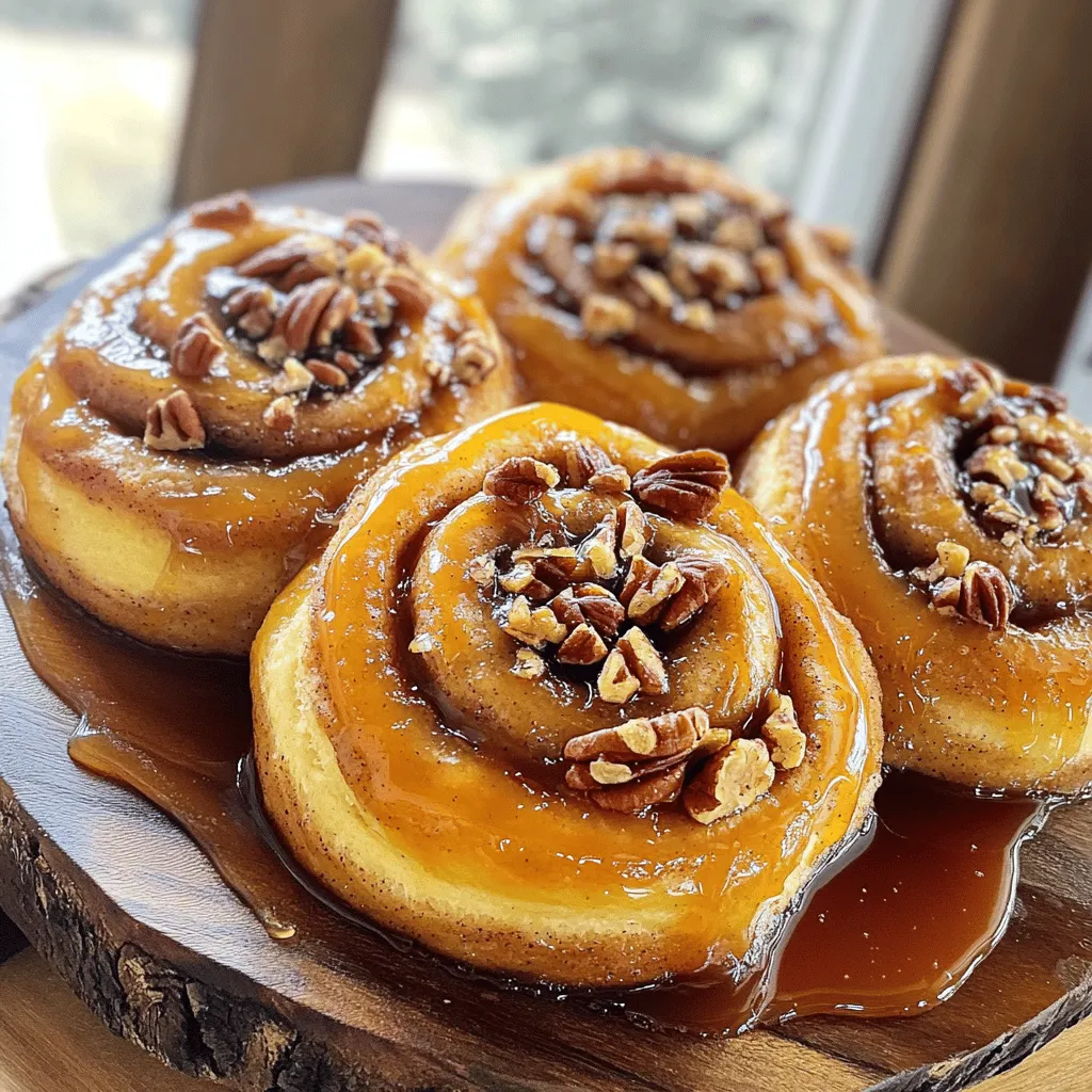 When making caramel pecan sticky buns, fresh ingredients make all the difference. Here’s everything you need: - 2 cups all-purpose flour - 1/4 cup granulated sugar - 1 teaspoon salt - 1 packet (2 1/4 teaspoons) instant yeast - 1/2 cup whole milk, warmed - 1/4 cup unsalted butter, melted - 1 large egg - 1/2 cup brown sugar, packed - 1/4 cup unsalted butter, softened - 1 teaspoon ground cinnamon - 1 cup pecans, roughly chopped - 1 cup maple syrup Each ingredient plays a key role. The flour gives the buns their structure. Sugar, both granulated and brown, adds sweetness and depth. Salt enhances flavor, while yeast helps the dough rise. Warm milk and melted butter create a rich dough. The egg serves as a binder. Cinnamon brings warmth, and chopped pecans add crunch. Finally, maple syrup transforms into a luscious caramel topping. Gather these ingredients, and you are ready to create a tasty morning treat that will impress everyone! To start, grab a mixing bowl. Combine 2 cups of all-purpose flour, 1/4 cup of granulated sugar, 1 teaspoon of salt, and 1 packet of instant yeast. Stir these dry ingredients well. In a separate bowl, whisk together 1/2 cup of warmed whole milk, 1/4 cup of melted unsalted butter, and 1 large egg. Slowly pour the wet ingredients into the dry mix. Stir until it forms a soft dough. Now, transfer the dough to a floured surface. Knead it for about 5 to 7 minutes. You want it smooth and elastic. Once ready, place the dough in a greased bowl. Cover it with a clean kitchen towel. Let it rise in a warm place for about 1 hour, until it doubles in size. Next, prepare the filling. In a bowl, mix 1/4 cup of softened butter, 1/2 cup of packed brown sugar, and 1 teaspoon of ground cinnamon to form a paste. After the dough has risen, punch it down. Roll it out on a floured surface into a rectangle, about 1/4 inch thick. Spread the cinnamon-sugar butter paste evenly over the dough. Leave a small border around the edges. Sprinkle 1 cup of roughly chopped pecans over the filling. For the caramel sauce, combine 1 cup of maple syrup and any leftover chopped pecans in a saucepan. Bring this mix to a gentle simmer over medium heat. Simmer for about 5 minutes until it thickens slightly. After shaping the buns, let them rise again. Cover the dish with a towel and let it rise for 30 minutes. While the buns rise, preheat your oven to 350°F (175°C). Bake the sticky buns for 25 to 30 minutes. They should be golden brown. Once baked, let the buns cool in the pan for about 10 minutes. Carefully invert the pan onto a serving platter to release the sticky buns. Serve them warm for the best taste! To make the best dough, knead it for 5 to 7 minutes. This time helps develop gluten, making your buns fluffy. You want a smooth, elastic texture. After kneading, let the dough rise in a warm place. The ideal temperature is around 80°F (27°C). This warmth helps the yeast grow and makes the dough double in size. Switching up the nuts can add fun flavors. Try walnuts or almonds for a new twist. You can also substitute sugars or syrups. If you want a richer taste, use brown sugar instead of granulated sugar. Maple syrup can be swapped with honey for a floral touch. Each change will give your sticky buns a fresh taste. Pair your sticky buns with coffee or a warm chai tea. The spices in these drinks match well with the buns' flavors. Serve them warm for the best experience. The gooey caramel and soft dough shine when hot. If you let them cool, they won't be as sticky. Enjoy these treats fresh from the oven for a delightful morning treat. {{image_2}} You can change the flavor of your caramel pecan sticky buns. One fun twist is the chocolate caramel pecan sticky buns. Just add chocolate chips to the filling. The chocolate melts and mixes with the caramel. This makes a rich and sweet treat. Another option is spiced apple sticky buns. Add thinly sliced apples to the filling. Mix in some nutmeg and cinnamon for warmth. These variations keep your breakfasts exciting and delicious. If you need gluten-free sticky buns, you can use alternative flours. Almond flour or oat flour works well. You may need to mix these with a binding agent like xanthan gum. This helps hold everything together. Adjust the measurements to fit the flour you choose. Gluten-free baking often needs more moisture. Keep an eye on the dough. It should feel soft but not too sticky. To make your sticky buns vegan, swap out dairy ingredients. Use plant-based milk like almond or oat milk. Replace butter with coconut oil or vegan butter. For the egg, use a flaxseed meal or chia seed mix. Combine 1 tablespoon of either with 2.5 tablespoons of water. Let it sit until it thickens. This will help bind the dough just like an egg. These swaps make the recipe friendly for all diets. Store your caramel pecan sticky buns in an airtight container. This helps keep them fresh. They stay good for about 2 to 3 days at room temperature. If you live in a humid area, it's best to place them in the fridge. Just note that refrigeration may make them a bit firmer. For long-term storage, you can freeze these sticky buns. Wrap each bun tightly in plastic wrap. Then, place them in a freezer-safe bag. They can stay in the freezer for up to 2 months. When you’re ready to enjoy, remove the buns from the freezer. Let them thaw in the fridge overnight. Reheat them in the oven at 350°F (175°C) for about 10 minutes. This warms them up and brings back that gooey texture. Check your sticky buns for signs of spoilage. Look for mold, unusual smells, or a dry texture. If they feel hard or stale, it’s best to toss them. Fresh sticky buns should feel soft and smell sweet. Enjoy them while they are fresh for the best taste! You can prepare these sticky buns ahead of time. After shaping the buns, cover them and place them in the fridge overnight. This will save you time in the morning. To store them, use plastic wrap or a tight lid. This keeps them fresh and moist. For reheating, the oven works best. Preheat it to 350°F (175°C). Place the buns in an oven-safe dish and cover with foil. Heat for about 10-15 minutes until warm. You can use the microwave for quick reheating. Just warm them for 20-30 seconds. However, this may make them a bit chewy. Yes, you can use honey or molasses instead of maple syrup. Both will add a different flavor. Honey gives a sweet, floral taste. Molasses has a rich, deep flavor. Keep in mind, these may change the final taste of your sticky buns. To check if your sticky buns are done, look for a golden brown color. They should feel set and spring back when touched. You can also check the internal temperature. It should reach about 190°F (88°C) to ensure they are fully baked. You learned how to make delicious caramel pecan sticky buns from scratch. We covered the key ingredients and detailed steps to help you succeed. Remember to knead your dough well and let it rise enough for a fluffy texture. You can try different flavors and storage tips to enjoy these treats later. Baking is fun and rewarding, so don’t be afraid to experiment. Enjoy your sticky buns warm with friends or family—they are sure to impress!