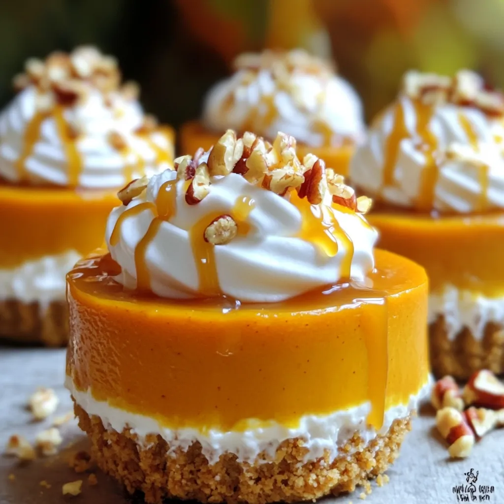 To make No-Bake Pumpkin Cheesecake Cups, you need simple ingredients that pack a punch. Here’s what you will need: - 1 cup graham cracker crumbs - 4 tablespoons unsalted butter, melted - 2 cups cream cheese, softened - 1 cup pumpkin puree - 1 cup powdered sugar - 1 teaspoon vanilla extract - 1 teaspoon pumpkin pie spice - 1 cup whipped cream - Optional toppings: caramel sauce, crushed pecans Each ingredient plays an important role. The graham cracker crumbs create that sweet, crunchy base. The melted butter binds the crumbs together for a nice crust. Cream cheese gives the dessert its creamy texture. Pumpkin puree adds that rich flavor we all love. Powdered sugar sweetens the mix, while vanilla and pumpkin pie spice enhance the taste. Whipped cream makes the filling light and fluffy. You can switch things up with toppings like caramel sauce or crushed pecans. These add extra flavor and texture. Always choose fresh ingredients to get the best results. To make the crust, start by mixing the graham cracker crumbs with melted butter in a bowl. Stir until the crumbs are well coated. The mixture should feel like wet sand. Next, take 2 tablespoons of this mixture and place it into each serving cup. Press down firmly to form a crust. This step is key for a good base. After you finish, put the cups in the fridge while you work on the filling. Now, let’s create the filling. In a large mixing bowl, beat the softened cream cheese with an electric mixer. Mix until it is smooth and creamy with no lumps. Then, add the pumpkin puree, powdered sugar, vanilla extract, and pumpkin pie spice. Blend everything together until it is fully combined and smooth. This mixture should have a nice, rich color and flavor. The next step is to fold in the whipped cream. Do this gently to keep it light and airy. Use a spatula to fold the whipped cream into the pumpkin mixture. Once combined, spoon the filling into each cup over the crust. Smooth the top with the spatula for a nice finish. Cover the cups with plastic wrap and chill them in the fridge for at least four hours. This helps the cheesecake set and taste great. Enjoy adding caramel sauce and crushed pecans on top before serving! To make the best no-bake pumpkin cheesecake cups, start with softened cream cheese. Softening cream cheese helps it mix smoothly. You can leave it out for 30 minutes to an hour before mixing. This step is key for a creamy filling. When you fold in the whipped cream, do it gently. Use a spatula to lift and turn the mixture. This keeps the filling light and airy. If you mix too hard, it will lose its fluffy texture. To make your cheesecake cups even better, consider some tasty garnishes. Drizzle caramel sauce on top for a sweet touch. You can also add crushed pecans for crunch and flavor. When you serve them, try to layer the cups. This makes them look pretty. Place them on a nice plate and add a small dollop of whipped cream on top. Your guests will love the presentation. Chilling time is important. After you put the cups together, chill them in the fridge for at least four hours. This helps them set well. If you want to make them ahead of time, you can store them in the refrigerator for up to three days. Just cover them with plastic wrap to keep them fresh. Enjoy your easy dessert whenever you need a sweet treat! {{image_2}} You can make this dessert even more exciting! - Add chocolate or vanilla extract for a twist. - Try mixing in spices like ginger or nutmeg. These changes can create unique tastes. Each variation adds a new layer of flavor. Need a gluten-free option? - Use gluten-free graham cracker crumbs for the crust. For vegans, you can swap out ingredients. - Use dairy-free cream cheese and whipped topping. These swaps keep the dessert tasty for everyone. These pumpkin cheesecake cups fit many events. - Serve them at Thanksgiving for a festive treat. - They are also great for kids’ parties. You can even decorate them with fun sprinkles! These cups are sure to impress your guests. To keep your no-bake pumpkin cheesecake cups fresh, store them in the fridge. Use airtight containers to prevent drying out or picking up odors. You can also cover them tightly with plastic wrap. These cups stay good for about 3 to 5 days. Just remember, the longer they sit, the softer the crust becomes. Yes, you can freeze the cheesecake cups! Freezing is a great way to save leftovers. To freeze, place the cups in a single layer in a freezer-safe container. Leave some space between each cup to avoid sticking. They can stay in the freezer for up to 2 months. When you're ready to enjoy them, move the cups to the fridge. Let them thaw overnight. This keeps the texture nice and creamy. Avoid thawing them at room temperature as it can make them too soft. Yes, you can use fresh pumpkin. First, cook the pumpkin until soft. Then, mash it well. Make sure to remove any extra water. Canned pumpkin is already cooked and smoother, which makes it easier to mix. Both options work great, so use what you prefer! These cheesecake cups need at least 4 hours to set. This time allows the filling to firm up and flavors to blend. For best results, chill them overnight. This way, they taste even better when you serve them. If you don’t have whipped cream, try using Greek yogurt or coconut whip. Both options add creaminess without losing flavor. You can also use cool whip for a similar taste. Choose what you like best! Absolutely! These cheesecake cups are perfect for making ahead. You can prepare them one or two days before you need them. Just store them in the fridge. This makes them a great choice for parties or gatherings. To make a larger batch, simply double all the ingredients. Use a bigger mixing bowl for the filling. You can also use more serving cups. Just keep an eye on the chilling time, as it may change with larger amounts. You now have a simple and tasty recipe for pumpkin cheesecake cups. We covered ingredients, step-by-step instructions, and tips for perfecting your dessert. Remember to try different flavors and garnishes to make it your own. These cups create a fun treat for any occasion. With easy storage tips, you can enjoy them later, too. Enjoy making these pumpkin cheesecake cups and sharing them with friends and family!