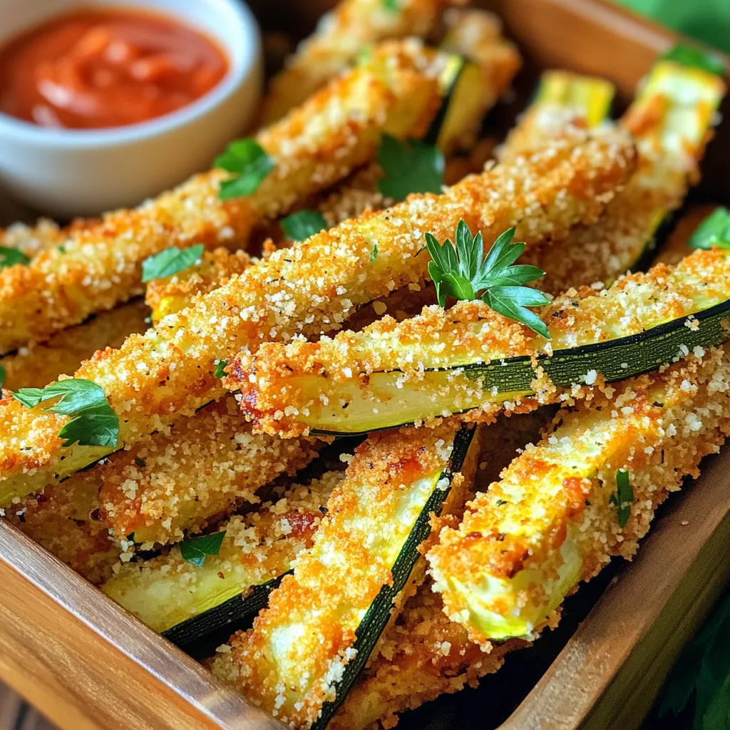 - 2 medium zucchinis, cut into fries - 1 cup breadcrumbs (whole wheat preferred) - 1/2 cup grated Parmesan cheese - 2 teaspoons garlic powder - 1 teaspoon onion powder - 1 teaspoon Italian seasoning - 1 large egg - 1 tablespoon olive oil - Salt and pepper to taste - Air fryer - Mixing bowls - Baking tray or plate for coating Start by rinsing the zucchinis under cool water. Cut them into fry-shaped pieces, about half an inch thick. Make sure they are all the same size. This step helps them cook evenly. In a mixing bowl, combine the breadcrumbs, grated Parmesan, garlic powder, onion powder, Italian seasoning, salt, and pepper. Mix everything until it looks uniform. This mix will give your fries a tasty crust. In another bowl, beat the egg. Then, mix in the olive oil until it blends well. This mixture acts as the glue for the zucchini fries. Dip each zucchini fry into the egg mixture. Let any extra egg drip off. Next, coat the fry in the breadcrumb mix. Make sure every fry is covered. Place them on a plate in a single layer. Now it’s time to preheat the air fryer. Set it to 400°F (200°C) and let it warm up for about five minutes. This helps the fries cook better. Arrange the coated zucchini fries in the air fryer basket. You may need to do this in batches if they don't all fit. Cook them for 10 to 12 minutes. Shake the basket halfway to ensure they cook evenly. Look for a golden-brown color. After cooking, carefully take the zucchini fries out of the air fryer. Let them cool for a moment before you serve. These fries are great with dips like marinara sauce or garlic aioli. Enjoy your tasty treat! Air fryer garlic Parmesan zucchini fries are simple and fun to make. From gathering ingredients to serving them warm, each step is easy. Use tips to ensure the fries are crispy and delicious. You can even customize them based on your taste or dietary needs. So, grab some zucchini and try this recipe today. It’s a great way to enjoy a healthier snack!
