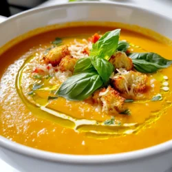 To make this hearty roasted red pepper soup, you need: - 4 large red bell peppers, halved and seeds removed - 1 medium onion, chopped - 3 cloves garlic, minced - 4 cups vegetable broth - 1 teaspoon smoked paprika - 1 teaspoon dried oregano - Salt and pepper to taste - 2 tablespoons olive oil - 1/2 cup heavy cream (optional) - Fresh basil leaves for garnish - 4 slices of crusty bread (for croutons) - 1/2 cup grated Parmesan cheese This soup is not only tasty but also nutritious. A serving contains: - Calories: 250 - Protein: 6g - Carbohydrates: 30g - Fat: 12g - Fiber: 5g To make your soup even better, consider adding: - A pinch of red pepper flakes for heat - Fresh thyme or rosemary for herbal notes - A dash of balsamic vinegar for acidity - Roasted garlic for a deeper flavor These extras can lift your soup to new heights! To start, I preheat the oven to 450°F (232°C). This high heat helps the peppers roast nicely. I take four large red bell peppers and cut them in half. I remove all the seeds. Next, I place them on a baking sheet, skin side up. I drizzle one tablespoon of olive oil over the peppers. Then I sprinkle salt and pepper to taste. I roast them in the oven for about 25 minutes. I watch for the skins to blister and char. Once done, I carefully take them out and let them cool. After a few minutes, I peel off the charred skins. Now, the sweet roasted peppers are ready! In a large pot, I heat one tablespoon of olive oil over medium heat. I add one chopped medium onion and sauté it until soft, about five minutes. The onion releases a lovely aroma as it cooks. I then add three minced garlic cloves and cook for one more minute. The garlic smells great! Next, I stir in the roasted red peppers, along with four cups of vegetable broth. I add one teaspoon of smoked paprika and one teaspoon of dried oregano for flavor. I bring the mixture to a simmer and let it cook for ten minutes. This allows the flavors to blend beautifully. Using an immersion blender, I puree the soup until it is smooth. If I don’t have one, I can transfer the soup in batches to a regular blender. It’s important to be careful with hot liquids! If I want a richer taste, I stir in half a cup of heavy cream at this stage. I taste the soup and adjust the seasoning with salt and pepper. This step is key for the perfect balance. For the croutons, I preheat a small skillet over medium heat. I take four slices of crusty bread and toss them with half a cup of grated Parmesan cheese. Once the skillet is hot, I place the bread slices in it. I toast them for about three to four minutes on each side. I want them golden and crispy. Once done, I remove them from the skillet. Now I can ladle the soup into bowls, top it with the crunchy Parmesan croutons, and finish with fresh basil leaves for a touch of color. To get the best flavor, roast your red peppers well. Charring them adds a deep taste. Use fresh ingredients like garlic and onion; they bring bright notes. Don't skip the smoked paprika; it adds a lovely warmth. If you want creaminess, add heavy cream after blending. Always taste your soup; adjust salt and pepper as needed. This simple step can elevate your dish. You can easily play with flavors. Try adding a pinch of cayenne for heat. Fresh herbs like thyme or rosemary can change the taste. For a zesty kick, squeeze in some lemon juice before serving. You can also mix in a splash of balsamic vinegar. Each tweak can make the soup feel new and exciting. Roasted red pepper soup pairs well with many sides. A simple green salad can add freshness. Grilled cheese sandwiches are classic and comforting. You could also serve it with crusty bread for dipping. A light white wine, like Sauvignon Blanc, complements the flavors well. Enjoy exploring these pairings to enhance your meal! {{image_2}} Store leftover roasted red pepper soup in an airtight container. This keeps it fresh for up to three days. Make sure to let the soup cool before sealing. If you have croutons, store them separately. They stay crisp longer that way. You can freeze the soup for up to three months. Use freezer-safe containers for best results. Leave some space at the top, as soup expands when frozen. Thaw in the fridge overnight before reheating. Avoid freezing croutons, as they will lose their crunch. Reheat soup on the stove over medium heat. Stir often to avoid burning. If the soup is too thick, add a splash of broth or water. For croutons, reheat in the oven for a few minutes to restore their crunch. Enjoy your warm, delicious soup just like when it was fresh! You can easily make this soup vegan. Just swap the heavy cream for coconut milk or a nut-based cream. This keeps the soup creamy and rich. For the croutons, use vegan cheese or skip the cheese altogether. Toss the bread in olive oil and season with salt and herbs. Toast them to golden perfection. Spices can change the flavor of your soup. Try adding a pinch of cayenne pepper for heat. Or, use thyme or rosemary for a more earthy taste. You can also mix in some cumin or curry powder for a unique twist. Each spice brings its own charm to the dish. Garnish your soup with fresh basil leaves for a pop of color. You can also drizzle some olive oil on top for added richness. Serve the soup with a side of crusty bread for dipping. For a fun touch, add a dollop of vegan sour cream or a sprinkle of chili flakes. These small additions can elevate your soup experience. Yes, you can use canned roasted red peppers. They save time and still taste good. Look for those packed in water or oil. Drain them before using. Canned peppers are softer and blend well. You might skip the roasting step. This keeps the soup quick and easy. If you want a lighter option, use half-and-half or coconut milk. Both add creaminess without being too rich. For a dairy-free choice, try unsweetened almond milk. You can also blend silken tofu for a thick texture. Each option gives a unique flavor to the soup. Roasted red pepper soup lasts about 3 to 5 days in the fridge. Store it in an airtight container. Make sure it cools down before placing it in the fridge. If you want it to last longer, consider freezing it. Yes, you can make this soup ahead of time. It tastes even better after the flavors meld. Prepare it a day or two in advance. Just reheat it on the stove before serving. This makes meal prep easy and saves time on busy days. Pair the soup with a fresh salad or a sandwich. Grilled cheese is a classic choice. You can also enjoy it with crusty bread for dipping. For an extra touch, add some fresh basil leaves on top. This adds color and a burst of flavor. You learned about making roasted red pepper soup, from gathering ingredients to storage. Each step, from prepping to blending, ensures great flavor. Try out optional spices for a twist. Pair it with croutons for crunch. Remember, you can freeze leftovers for later. Enjoy experimenting with variations to suit your taste. With these tips, you can create this soup with confidence!