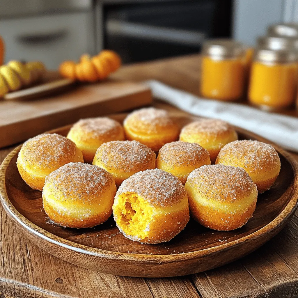 Here is what you need to make Pumpkin Cinnamon Sugar Donut Holes: - 1 cup canned pumpkin puree - 2 cups all-purpose flour - 1/2 cup granulated sugar (for dough and coating) - 1/4 cup brown sugar - 1 tablespoon baking powder - 1 teaspoon ground cinnamon - 1/2 teaspoon nutmeg - 1/2 teaspoon allspice - 1/2 teaspoon salt - 1/2 cup milk - 1 large egg - 1/4 cup unsalted butter, melted - 1 tablespoon vanilla extract - 1/2 cup granulated sugar (for coating) - 2 teaspoons ground cinnamon (for coating) - Vegetable oil (for frying) Each ingredient plays a role in creating a soft and flavorful donut hole. The canned pumpkin puree adds moisture and a rich taste. Flour gives structure, while sugars add sweetness. Baking powder helps the donut holes puff up as they fry. Spices like cinnamon, nutmeg, and allspice bring warm, cozy flavors that match fall. Milk and egg bind the mix, and melted butter adds richness. Finally, the cinnamon sugar coating makes each bite a sweet treat. Keep these ingredients handy, and you will create a delightful snack that everyone will love. 1. First, grab a large mixing bowl. In this bowl, mix together: - 2 cups all-purpose flour - 1/2 cup granulated sugar - 1/4 cup brown sugar - 1 tablespoon baking powder - 1 teaspoon ground cinnamon - 1/2 teaspoon nutmeg - 1/2 teaspoon allspice - 1/2 teaspoon salt Whisk these dry ingredients well. This step is key for even flavor. 2. In another bowl, combine: - 1 cup canned pumpkin puree - 1/2 cup milk - 1 large egg - 1/4 cup unsalted butter, melted - 1 tablespoon vanilla extract Whisk until the mixture is smooth and creamy. 3. Pour the wet ingredients into the dry mixture. Use a spatula to fold them together gently. The batter should be thick and slightly lumpy. Avoid overmixing; that keeps your donut holes soft. 1. Heat vegetable oil in a deep fryer or a heavy pot. Aim for a temperature of 350°F (175°C). This heat is perfect for frying. 2. Use a cooking thermometer to check the oil's temperature. This step is important for crispy, golden donut holes. 1. Now, it’s time to shape the dough. Use a small cookie scoop or your hands. Take about a tablespoon of dough and roll it into a ball. Repeat this until all the dough is shaped. 2. Carefully drop a few donut holes into the hot oil. Don't crowd the pot; this helps them cook evenly. Fry each batch for about 3-4 minutes. Turn them occasionally until they turn golden brown on all sides. 3. Once cooked, use a slotted spoon to lift the donut holes out. Let them drain on a paper towel-lined plate. This helps remove excess oil. Now you're ready to coat them in cinnamon sugar! To make perfect donut holes, avoid overmixing the batter. When you fold the wet and dry ingredients together, do it gently. Stop mixing when you see a few lumps. This keeps the donut holes light and fluffy. For even cooking, drop only a few donut holes at a time into the hot oil. This helps the temperature stay steady. Fry them for about 3-4 minutes. Turn them as they cook to get a nice golden color all around. Pair these warm donut holes with hot coffee or a cold glass of milk. The sweet, spicy flavor goes well with both. For a fun presentation, stack them in a small basket. You can also sprinkle some extra cinnamon sugar on top for a charming touch. Frying can be tricky, so handle hot oil with care. Use long tongs to avoid getting splattered. Always keep a safe distance from the hot oil. Using a thermometer helps a lot. Heat the oil to 350°F (175°C). This is the best temperature for frying. If it’s too hot, the donut holes burn. If it’s too cool, they soak up oil and become greasy. {{image_2}} You can make these donut holes even tastier. Here are two simple ways. - Adding chocolate chips: Stir in 1/2 cup of chocolate chips into your dough. This will add a sweet burst in every bite. Chocolate and pumpkin pair well together. - Incorporating nuts: Add 1/2 cup of chopped nuts, like pecans or walnuts. They give a nice crunch. This also adds healthy fats and flavor. Health-conscious cooks can still enjoy these treats with a few swaps. - Baking instead of frying: To bake, preheat your oven to 350°F (175°C). Place the donut holes on a lined baking sheet. Bake for 12-15 minutes until golden. They will be less oily and lighter. - Using alternative sweeteners: Swap granulated sugar for coconut sugar or stevia. This can cut down on calories. Make sure to check the conversion rates to keep sweetness balanced. Get creative with seasonal flavors to keep things exciting. - Other fall spices to use: Mix in spices like ginger or cloves. These spices add warmth. You can make a unique twist on the classic flavor. - Topping ideas for holidays: Try drizzling maple glaze over the donut holes. You can also sprinkle them with crushed candy canes for a fun holiday treat. These small changes can make your donut holes festive and fun. To keep your pumpkin cinnamon sugar donut holes fresh, use an airtight container. A glass or plastic container works best. You can store them at room temperature for up to two days. For longer storage, keep them in the fridge for about a week. If you want to keep them even longer, consider freezing them. They can last up to three months in the freezer. Just make sure to wrap them well to prevent freezer burn. When it's time to enjoy leftovers, there are great ways to reheat your donut holes. The best method is to use an oven. Preheat your oven to 350°F (175°C). Place the donut holes on a baking sheet and heat for about 5-7 minutes. This method helps maintain their texture and warmth. You can also use a microwave, but be careful. Heat them for just 10-15 seconds at a time. Too long in the microwave can make them chewy. Enjoy your delicious treats warm! You can use fresh pumpkin. Fresh pumpkin has a lighter taste. It also adds a fresher texture. Canned pumpkin is thicker and smoother. It gives a richer flavor. If you use fresh pumpkin, cook it first. Roast or steam it until soft. Then, mash it well. This ensures it mixes nicely into the dough. Yes, you can freeze these donut holes. Make sure they cool completely first. Place them in an airtight container. You can also use a freezer bag. They stay fresh for up to three months. To thaw, leave them in the fridge overnight. You can also reheat them in the oven for a few minutes. This keeps them warm and tasty. You can use several oils for frying. Canola oil is a great choice. It has a mild taste and high smoke point. Peanut oil works well too; it adds a slight nutty flavor. Sunflower oil is another option. It also has a high smoke point. Each oil will change taste slightly, so pick one you like. To make these donut holes gluten-free, swap the flour. Use a gluten-free all-purpose flour mix. Look for one that has xanthan gum. This helps with texture and rise. Almond flour or coconut flour can work too, but you need to adjust the liquid. Always test small batches to get the right consistency. In this post, I shared how to make delicious pumpkin cinnamon sugar donut holes. We discussed the key ingredients, step-by-step instructions, tips for perfect results, and creative variations. Remember to handle hot oil safely and consider storage tips for leftovers. Baking or using other spices can mix things up. Enjoy experimenting and sharing these tasty treats with friends and family. Happy frying!