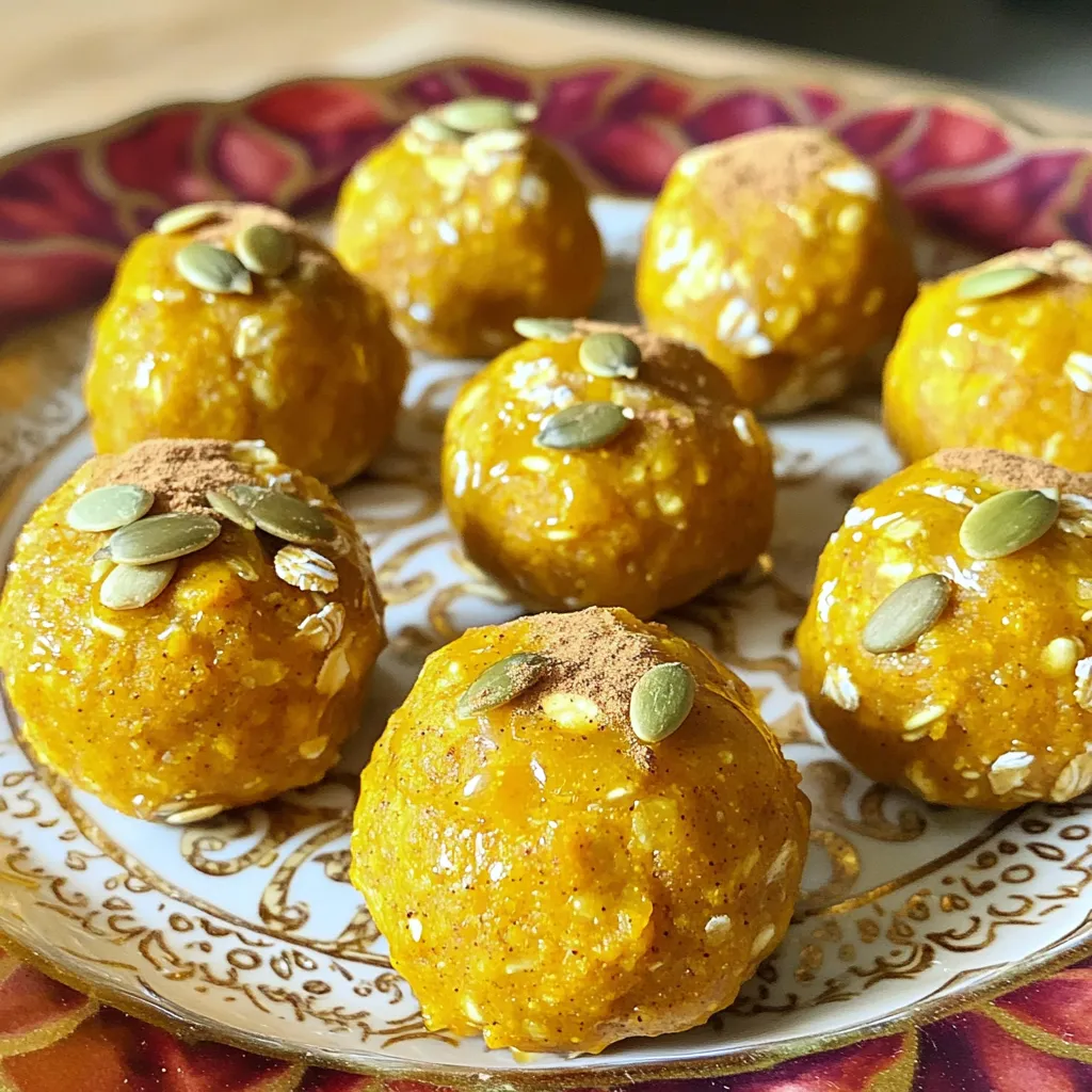 - 1 cup rolled oats - 1/2 cup canned pumpkin puree - 1/4 cup almond butter - 1/4 cup honey or maple syrup - 1 teaspoon pumpkin pie spice - 1/2 teaspoon vanilla extract - 1/4 cup chopped walnuts or pecans (optional) - 1/4 cup mini chocolate chips (optional) - A pinch of salt To make Pumpkin Pie Energy Bites, you need simple and healthy ingredients. Rolled oats provide great fiber. Canned pumpkin puree gives the bites a lovely flavor and color. Almond butter adds richness and healthy fats. Honey or maple syrup offers natural sweetness. Pumpkin pie spice gives that warm, cozy taste. Vanilla extract enhances the flavors. Chopped walnuts or pecans can add crunch and nutrients. Mini chocolate chips add a fun touch, but they’re optional. A pinch of salt helps balance the sweetness. These ingredients come together to create a tasty snack that feels like dessert. Each serving has about 100 calories. The bites have good carbs from oats and pumpkin. They also offer protein from almond butter. Healthy fats come from nut butter and nuts. Here is a quick breakdown: - Carbohydrates: 15g - Protein: 3g - Fats: 5g This makes them a balanced snack, perfect for a boost of energy. If you need a nut-free option, try sunflower seed butter instead of almond butter. For a vegan choice, use maple syrup instead of honey. Both swaps keep the bites tasty and healthy. First, gather your ingredients. In a mixing bowl, combine the rolled oats, canned pumpkin puree, almond butter, honey or maple syrup, pumpkin pie spice, vanilla extract, and a pinch of salt. Mix all the dry and wet ingredients together until they form a thick and sticky dough. If the mixture feels too crumbly, add a tablespoon of water or more almond butter. This step is key for the right texture. Next, you can customize your bites. If you want, add chopped walnuts or pecans. You can also mix in mini chocolate chips for a sweet touch. These options add flavor and texture to your bites. Once your mixture is ready, it’s time to roll the energy bites. Use your hands to scoop out some dough and form it into small balls, about one inch in diameter. Make sure they are compact enough to hold together. Place the rolled bites on a parchment-lined baking sheet or a plate. This keeps them from sticking. Now, refrigerate the energy bites for at least 30 minutes. Chilling firms them up and makes them easier to eat. After chilling, you can enjoy them right away. They also store well. Keep them in an airtight container in the fridge for up to one week. For a fun presentation, serve them on a decorative plate and sprinkle extra pumpkin pie spice on top. Add a few pumpkin seeds around for crunch and decoration. To bind the ingredients well, mix thoroughly. Use a sturdy spoon or your hands. This helps all the flavors blend. If your mixture is too crumbly, don’t worry. Simply add a tablespoon of water or more almond butter. This will help the mixture stick together. You want a thick and sticky dough for the perfect energy bite. For serving, try a decorative plate. It makes the bites look great. You can sprinkle some extra pumpkin pie spice on top. This adds a festive touch. Add a few pumpkin seeds around the bites. They give a nice crunch and look pretty too. Your guests will love the tasty and beautiful display. Oats are full of fiber. They help keep you full and satisfied. Pumpkins are low in calories and high in vitamins. They are great for your skin and eyes. Almond butter is a smart choice. It has healthy fats and protein. This makes your energy bites a nourishing snack. It gives you lasting energy without a sugar crash. {{image_2}} You can change the taste of your pumpkin pie energy bites easily. Adding different spices is one way to do this. Try using cinnamon or nutmeg for a warm kick. These spices bring out the flavor of pumpkin well. You can also mix in different nut butters. Peanut butter or sunflower seed butter can give a new taste. Adding dried fruits like raisins or cranberries can enhance sweetness. These choices add fun flavors and textures. Seasons can inspire fun twists on this recipe. For a change, use sweet potato instead of pumpkin. Sweet potatoes give a different flavor and are just as healthy. You can also make holiday-themed versions. Add festive spices like ginger for winter. This makes your energy bites perfect for holiday snacks. Texture matters in snacks. To make your energy bites crunchier, try adding toasted nuts. Walnuts or pecans work great for a satisfying crunch. You can also mix in seeds like chia or pumpkin seeds. These seeds add a different crunch and boost nutrition. Experimenting with textures can make your bites even more enjoyable! To keep your pumpkin pie energy bites fresh, store them in an airtight container. Place them in the fridge. They will stay tasty for about one week. If you want to save them for later, freeze them. Use a freezer-safe bag to keep them fresh for up to three months. Just thaw them in the fridge when you're ready to enjoy. To maintain flavor and texture, don't mix in liquids after they've set. Keep them away from strong-smelling foods in the fridge. Store them in a cool place. If you find they are too soft, add a little more oats next time. This helps them stay firm and tasty. Watch for signs of spoilage. If they smell off or have a slimy texture, it’s time to toss them. Also, check for mold or an unusual color. If you see any of these signs, it's best to discard them. Staying aware helps you enjoy fresh, healthy snacks. Yes, you can make these bites vegan. To do this, swap almond butter with a nut-free option, like sunflower seed butter. Use maple syrup instead of honey. This will keep your bites plant-based and just as tasty. These energy bites last about one week in the fridge. Store them in an airtight container to keep them fresh. If you want them to last longer, freeze them. They can stay good for up to three months in the freezer. Yes, rolled oats work well in this recipe. They will give the bites a heartier texture. Quick oats may make them softer and smoother. If you prefer a chewier bite, stick with rolled oats for that extra texture. Pumpkin pie energy bites are easy and fun to make. We covered the key ingredients, step-by-step instructions, and storage advice. You can adapt the recipe to fit your taste and diet. Enjoy these bites as a healthy snack or dessert. Remember, modify the recipe to suit your needs. Experiment with flavors and textures for a fun twist. Keep them fresh for longer by storing them right. Enjoy making and sharing these bites!