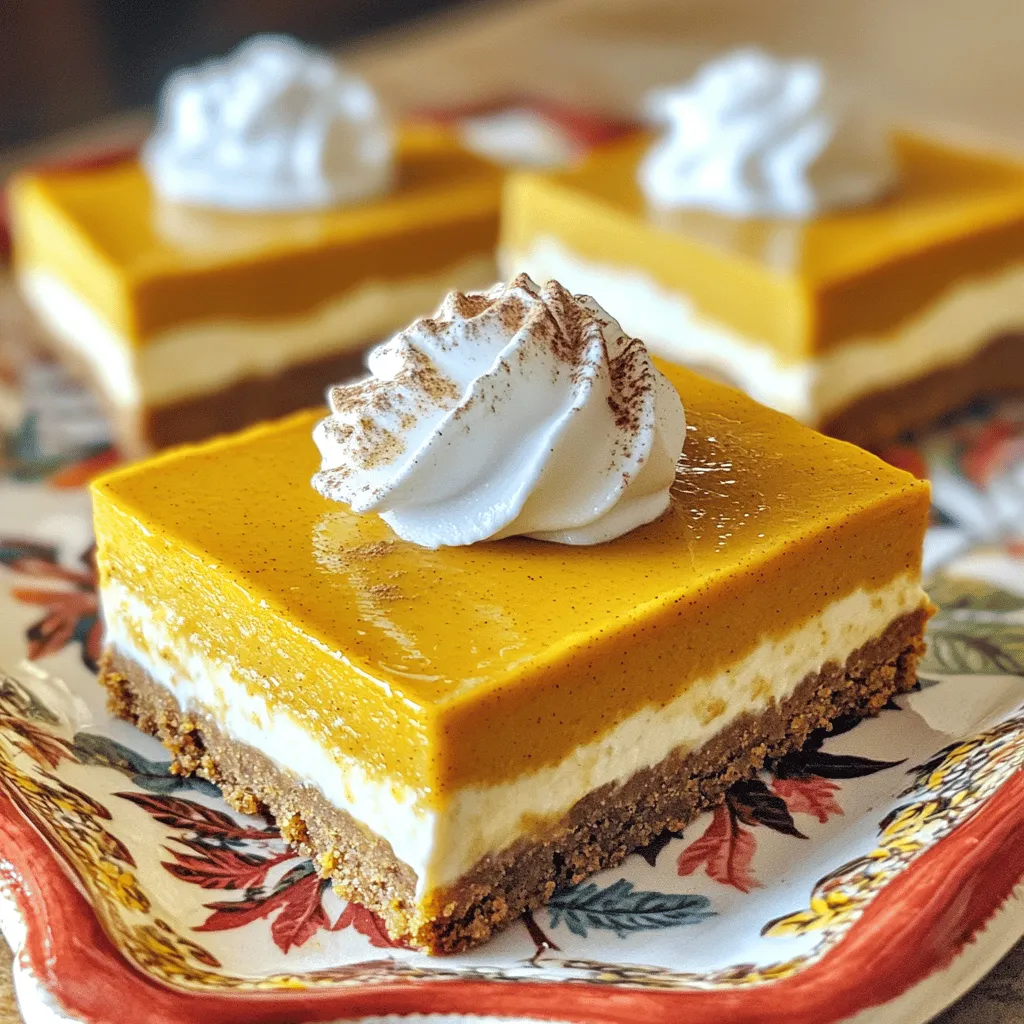 - 1 ½ cups gingersnap cookies, crushed - ¼ cup unsalted butter, melted - 2 cups cream cheese, softened - 1 cup canned pure pumpkin puree - 1 cup powdered sugar - 1 teaspoon vanilla extract - 1 teaspoon ground cinnamon - ½ teaspoon ground ginger - ½ teaspoon ground nutmeg - 1 cup heavy whipping cream I love using gingersnap cookies for the crust. They add a spicy crunch that pairs well with pumpkin. The unsalted butter helps bind the cookies together. Cream cheese gives the bars a rich and creamy texture. Canned pumpkin makes it easy, and it tastes great. Powdered sugar sweetens the filling without making it gritty. Vanilla extract enhances the flavor. I always add ground cinnamon, ginger, and nutmeg. These spices warm up the taste and make it feel like fall. Heavy whipping cream is key for that light and fluffy texture. When you whip it, it becomes airy and adds volume to the filling. - 9x9-inch baking dish - Mixing bowls - Electric mixer - Spatula - Refrigerator You will need a 9x9-inch baking dish. This size helps the bars set well and makes them easy to cut. Mixing bowls are a must for combining all the ingredients. An electric mixer speeds up the process of beating the cream cheese. A spatula helps you scrape down the sides of the bowl and fold in the whipped cream. Finally, a refrigerator is essential for chilling the bars. This step lets the flavors blend and allows the filling to firm up. - First, combine 1 ½ cups of crushed gingersnap cookies with ¼ cup of melted unsalted butter in a mixing bowl. Stir until it looks like wet sand. - Next, press the gingersnap mixture firmly into the bottom of a 9x9-inch baking dish. Make sure it’s even all around. - Now, place the baking dish in the refrigerator. This helps the crust firm up while you work on the filling. - In a large bowl, beat 2 cups of softened cream cheese with an electric mixer until it’s smooth and creamy. - Add in 1 cup of canned pure pumpkin puree, 1 cup of powdered sugar, 1 teaspoon of vanilla extract, 1 teaspoon of ground cinnamon, ½ teaspoon of ground ginger, and ½ teaspoon of ground nutmeg. Mix until it’s fully combined and smooth. - In another bowl, whip 1 cup of heavy whipping cream until stiff peaks form. This adds nice texture to the filling. - Gently fold the whipped cream into the pumpkin mixture. Be careful not to deflate the whipped cream. This keeps the filling light and airy. - Spread the pumpkin cheesecake filling evenly over the gingersnap crust in the baking dish. - Finally, cover the dish and refrigerate for at least 4 hours, or ideally overnight, to let the cheesecake set properly. To get the best texture, start with room temperature cream cheese. Cold cream cheese will make it hard to mix. It will also give your filling a lumpy look. Leave the cream cheese out for about an hour before you start. This small step makes a big difference. When you whip the cream, aim for stiff peaks. This means the cream holds its shape well. Then, gently fold the whipped cream into the pumpkin mixture. Use a spatula and mix slowly. Be careful not to deflate the whipped cream. This step keeps your cheesecake light and airy. To make your bars extra tasty, add more spices. You can increase the cinnamon or add a pinch of clove. These spices boost that warm fall flavor. You can also use flavored extracts, like almond or maple. Just a little bit can change the whole taste! For a beautiful presentation, serve the bars on a decorative platter. Each slice looks great with a dollop of whipped cream on top. A sprinkle of ground cinnamon adds a nice touch. You can also add a few pumpkin seeds or a drizzle of caramel for extra flair. {{image_2}} You can change the flavor of your cheesecake bars easily. Swap pumpkin puree for sweet potato or butternut squash. Both options add a creamy texture and great taste. You can also add chocolate or caramel to the filling. This twist creates a rich and sweet experience. If you need a gluten-free option, use gluten-free gingersnap cookies for the crust. You can also make a vegan version. Use vegan cream cheese and coconut cream instead of heavy cream. These changes let everyone enjoy these delicious bars. For a holiday-themed dessert, add nutmeg or maple syrup to the filling. These spices bring warmth and comfort to the bars. You can top your cheesecake with seasonal fruits like cranberries or pecans. This adds color and flavor for a festive touch. To keep your no-bake pumpkin cheesecake bars fresh, store them in the fridge. Use an airtight container to prevent them from drying out or absorbing odors. If you have leftovers, cover them with plastic wrap. This simple step helps maintain their creamy texture and flavor. Ideally, enjoy the bars within five days for the best taste. You can freeze the cheesecake bars for longer storage. First, cut the bars into individual pieces. Wrap each piece in plastic wrap, then place them in a freezer-safe bag. This prevents freezer burn and keeps them fresh. They can last up to three months in the freezer. When you're ready to enjoy them, take the bars out of the freezer and place them in the fridge. Let them thaw for about four hours or overnight for the best results. This way, your dessert will return to its creamy goodness, just like when you first made it. Yes, you can use fresh pumpkin. Just cook and puree it first. Make sure it’s smooth. Fresh pumpkin gives a bright taste. It can be a bit watery, though. Drain any excess liquid before using it. These cheesecake bars last about five days in the fridge. Keep them covered to stay fresh. I recommend using an airtight container. This keeps them tasty and prevents drying out. You can use other cookies like graham crackers or digestive biscuits. If you like spice, try molasses cookies. These options give a different flavor but still taste great. Adjust sugar based on cookie sweetness. Yes, this recipe is perfect for a no-bake dessert. It requires no oven time. Just mix, layer, and chill in the fridge. This makes it easy and fun to prepare, especially in warm weather! This blog post outlined a simple way to make pumpkin cheesecake bars. You learned about the key ingredients, tools needed, and step-by-step instructions to create a delicious dessert. I shared tips for achieving the right texture and ideas for flavor variations. Remember, you can customize this recipe to fit your taste and dietary needs. With the right storage methods, these bars can stay fresh longer. Now, you can enjoy a tasty treat that impresses everyone!