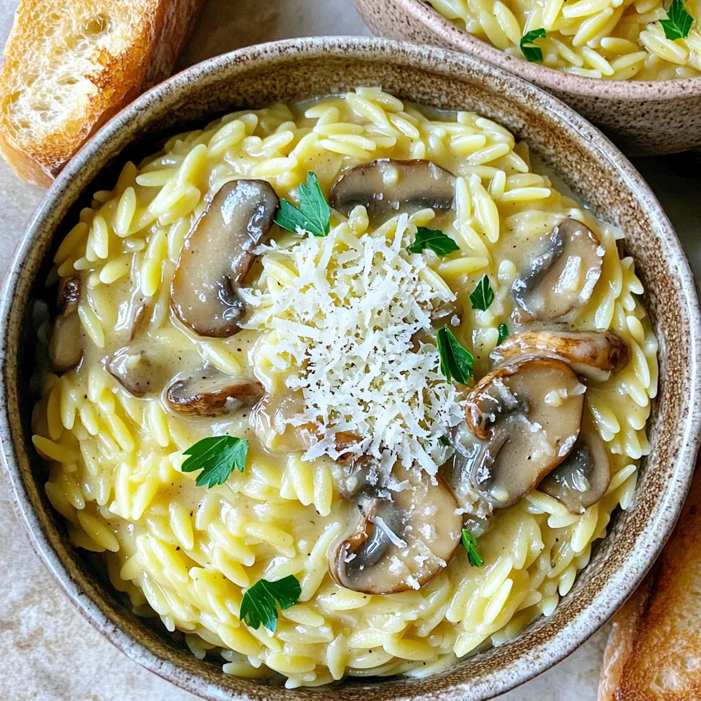 To make One-Pot Creamy Mushroom Parmesan Orzo, you'll need some simple ingredients. Here’s a list of what you should gather: - 1 cup orzo pasta - 2 tablespoons olive oil - 1 medium onion, finely chopped - 2 cloves garlic, minced - 8 ounces mushrooms, sliced (like cremini or button) - 4 cups vegetable broth - 1 cup heavy cream (or coconut cream for a lighter choice) - 1 cup grated Parmesan cheese - 1 teaspoon dried thyme - Salt and pepper to taste - Fresh parsley, chopped (for garnish) Each ingredient plays a key role. The orzo pasta gives it a hearty base. Olive oil adds rich flavor. Onion and garlic bring in a nice aroma. Mushrooms give depth and texture. Vegetable broth makes it all come together. Heavy cream makes the dish creamy and dreamy. Parmesan cheese adds a salty kick. Thyme gives a touch of earthiness. Finally, salt, pepper, and parsley brighten the dish. Make sure to have all these ingredients ready before you start cooking. This will help you move quickly and easily through the cooking process. Enjoy the fun of creating a delicious meal! - Sautéing Onion and Garlic Start by heating 2 tablespoons of olive oil in a large pot over medium heat. Once the oil is hot, add 1 medium onion, finely chopped. Sauté the onion for about 3-4 minutes until it turns soft and translucent. Next, add 2 cloves of minced garlic. Cook this mixture for an extra minute. You want the garlic to become fragrant but not burnt. - Cooking the Mushrooms Now, it’s time to add the fun part—8 ounces of sliced mushrooms. You can use cremini or button mushrooms. Cook the mushrooms for 5-7 minutes. Stir them occasionally until they turn a lovely golden brown and release their moisture. This step adds depth to the dish. - Adding Broth and Orzo Once the mushrooms are cooked, pour in 4 cups of vegetable broth and bring the mixture to a boil. This is important! After it boils, add 1 cup of orzo pasta and stir well. Reduce the heat to a simmer. Cook for about 8-10 minutes, stirring now and then. The orzo should be tender but not mushy. - Finalizing the Creamy Sauce When the orzo is ready, stir in 1 cup of heavy cream, 1 cup of grated Parmesan cheese, and 1 teaspoon of dried thyme. Season with salt and pepper to taste. Let it cook for another 2-3 minutes. This will allow the sauce to thicken a bit. Remove the pot from the heat and let it sit for a couple of minutes. This helps the sauce get even creamier. Finish by garnishing with fresh parsley before serving. Enjoy your One-Pot Creamy Mushroom Parmesan Orzo! It's rich, warm, and so comforting. I love using cremini or button mushrooms. These types give a rich flavor. You can also try shiitake for a bolder taste. Make sure to slice them evenly for even cooking. This helps them brown nicely. If you want a lighter dish, use coconut cream instead of heavy cream. It still tastes great! For extra creaminess, add more cheese. Start with half a cup and then adjust to your liking. Always taste your dish while cooking. Add salt and pepper little by little. You can also add fresh herbs like basil or thyme for more flavor. A splash of lemon juice at the end brightens the dish up too. Orzo cooks fast, so watch it closely. Stir often to prevent sticking. You want it al dente, which means it should still have a bite. If you overcook it, it becomes mushy. Let the dish sit for a few minutes after cooking. This helps the sauce get thicker. If it’s too thin, you can simmer it for a bit longer. Adding more cheese also helps thicken the sauce. {{image_2}} Using coconut cream is a great way to make this dish dairy-free. It adds a rich, creamy texture without any milk. Just swap out the heavy cream for an equal amount of coconut cream. You’ll still get that luscious feel but with a unique taste. Adding vegetables can boost the nutrition and flavor. Consider mixing in spinach or peas. Spinach wilts nicely and adds color. Peas bring a sweet pop to each bite. You can toss these veggies in during the last few minutes of cooking. This way, they stay bright and vibrant. Herbs and spices can enhance the dish. Try adding fresh thyme or rosemary for a fragrant twist. A pinch of red pepper flakes can give it a nice kick. Adjust these to your taste for a personal touch. Incorporating proteins is another way to make this meal heartier. You can add cooked chicken or shrimp for a protein boost. Just sauté the proteins with the onions and garlic to infuse their flavors. This makes for a filling dish that satisfies any appetite. To store your leftovers, let the dish cool down first. Then, place the orzo in an airtight container. It will stay fresh for about 3 to 4 days in the fridge. When reheating, add a splash of broth or cream. This helps keep the orzo creamy. Heat it gently on the stove or in the microwave. Stir occasionally to ensure even warming. For freezing, let the orzo cool completely. Use a freezer-safe container or bag to store it. This dish can last up to 2 months in the freezer. When you’re ready to eat, move the orzo to the fridge to thaw overnight. If you’re in a hurry, you can thaw it in the microwave. Reheat it on the stove with a bit of broth or cream for the best taste. Yes, you can use other small pasta types, like ditalini or acini di pepe. Just keep an eye on the cooking time, as it may vary slightly. To make this dish vegan, swap heavy cream for coconut cream. Use nutritional yeast instead of Parmesan cheese for a cheesy flavor. You can pair this orzo with a fresh salad or grilled vegetables. A slice of crusty bread also goes well, perfect for soaking up the creamy sauce. This dish lasts about 3 to 4 days in the fridge. Store it in an airtight container to keep it fresh. This blog post covered making a creamy mushroom parmesan orzo dish. You learned about the ingredients, from orzo pasta to Parmesan cheese. We explored step-by-step methods to achieve the perfect texture. You also discovered ways to customize the dish and tips for storing leftovers. In closing, this orzo recipe is easy to follow and fun to make. Enjoy experimenting with flavors and making it your own!