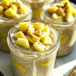 To make Apple Cinnamon Chia Overnight Oats, you need these ingredients: - 1 cup rolled oats - 2 tablespoons chia seeds - 1 ½ cups almond milk (or any milk of choice) - 1 medium apple, diced (preferably a sweet variety like Fuji or Honeycrisp) - 1 tablespoon maple syrup (or honey) - 1 teaspoon ground cinnamon - ½ teaspoon vanilla extract - Pinch of salt - Optional toppings: chopped nuts, shredded coconut, or additional apple slices You can swap ingredients based on your taste or what you have. Use any oats, like quick or steel-cut, though rolled oats work best. You can replace almond milk with cow's milk, soy milk, or oat milk. If you don't have maple syrup, honey or agave syrup works fine. For apples, choose any sweet kind. Granny Smith adds a nice tartness if you want that flavor. When picking apples, look for firm ones without bruises. Fuji and Honeycrisp are sweet and juicy. They balance well with the spices and oats. If you want something tart, go for Granny Smith. Always smell the apples; fresh ones should have a nice scent. When you pick apples, remember that color can tell you about ripeness. Choose deep colors for the best taste. Start by mixing rolled oats and chia seeds in a large bowl. Stir them until they blend well. Next, add 1 ½ cups of almond milk to the bowl. Follow this with 1 tablespoon of maple syrup, 1 teaspoon of ground cinnamon, and ½ teaspoon of vanilla extract. Don’t forget to add a pinch of salt. Mix everything well. This helps all the flavors come together. Then, gently fold in the diced apple. Save a few apple pieces for topping later. Now, divide the mixture into jars or containers. Seal them tightly and place them in the fridge overnight. This allows the oats and chia to soak up the milk and grow soft. These oats stay fresh in the fridge for up to 4 days. Store them in airtight containers to keep them tasty. When you're ready to eat, give the oats a good stir. If they seem too thick, add a splash of almond milk. For serving, top with extra apple pieces and any additional toppings you like. Chopped nuts add a nice crunch, while shredded coconut gives a fun texture. You can enjoy these oats cold or warm them up in the microwave. You can easily change this recipe to suit your taste. Want more sweetness? Add an extra drizzle of maple syrup. You can also mix in spices like nutmeg or ginger for a different flavor. If you prefer a creamier texture, try using full-fat coconut milk instead of almond milk. To add more fruit, mix in berries or bananas. Get creative! Each time you make them, you can try something new. Enjoy experimenting with flavors and toppings to find your favorite combination. To get the best texture in your overnight oats, use rolled oats. They soak up liquid well without getting mushy. Mix the oats and chia seeds first. This helps them blend nicely. Let the oats sit overnight. This allows them to absorb the almond milk. If the mixture is too thick in the morning, just add a splash of almond milk. You can boost the flavor of your oats by adding extras. Try chopped nuts for a crunchy bite. Walnuts or almonds work well. Shredded coconut adds a nice chew. You can also mix in more fruit. Berries or banana slices pair nicely with apples. A little extra cinnamon or a dash of nutmeg can give you a warm spice note. If you have a busy schedule, meal prep is key. Make several jars at once. Store them in the fridge for up to three days. You can grab one in the morning. Add toppings right before eating to keep them fresh. This way, you have a healthy breakfast ready to go. {{image_2}} You can change this dish with the seasons. In fall, use tart apples like Granny Smith. They give a nice zing. In winter, try warming spices like nutmeg. This adds a cozy flavor. For spring, mix in fresh berries for a bright twist. Summer calls for peaches or nectarines. They add a juicy sweetness. Each season brings a new taste to your oats. If you prefer non-dairy milk, you have options. Almond milk is great, but so is oat milk. It has a creamy texture. Coconut milk adds a rich flavor, making your oats feel indulgent. Soy milk gives a nice protein boost. You can also use hemp milk for a unique nutty taste. Each kind of milk changes the texture and flavor of your dish. Don't stop with just apples! You can add bananas for a creamy touch. Sliced strawberries bring a fresh burst. Blueberries or raspberries can add little pops of flavor. You might also mix in dried fruits like raisins or cranberries. For extra flavor, try adding a spoonful of nut butter. This adds richness and a nice taste. Experiment with different fruits to find your favorite combo! To keep your apple cinnamon chia overnight oats fresh, store them in airtight containers. Glass jars work great, as they seal tightly. Make sure to refrigerate them right after you prepare them. This helps keep the oats and chia seeds from getting too mushy. If you plan to add toppings, wait until just before you eat. This keeps them crunchy and fresh. You can enjoy your overnight oats for up to five days in the fridge. They taste best within the first three days. After this time, the texture may change. If you notice any off smells or colors, it’s best to toss them. Always trust your senses. You can freeze your overnight oats if you want to make them last longer. Use freezer-safe containers or jars. Leave some space at the top, as the oats will expand when frozen. When you are ready to eat them, take them out of the freezer. Let them thaw overnight in the fridge. If they seem too thick, mix in a little more almond milk before serving. Enjoy your creamy, tasty breakfast! Yes, you can make Apple Cinnamon Chia Overnight Oats ahead of time. This dish works best when prepared the night before. Simply follow the recipe steps and store the oats in jars. They will soak overnight and be ready in the morning. If you want, you can prep a few jars for the week. Just keep them in the fridge and grab one when you need a quick breakfast. Chia seeds offer many health benefits. They are high in fiber, which helps with digestion. They also contain protein, making them a great addition to your meals. Chia seeds are rich in omega-3 fatty acids, which are good for your heart. Plus, they provide essential minerals like calcium and magnesium. These tiny seeds can help you feel full longer, making them a smart choice for snacking or breakfast. To adjust the recipe for more servings, simply multiply the ingredients. For three servings, use 1 ½ cups of rolled oats and 3 tablespoons of chia seeds. You can also increase the almond milk to 2 ¼ cups and add another apple. Make sure to keep the same ratios for the other ingredients. This way, you’ll have enough delicious Apple Cinnamon Chia Overnight Oats for everyone to enjoy! This article detailed how to make apple cinnamon chia overnight oats, covering ingredients, recipes, and tips. We explored the best apples, ways to customize flavor, and storage options. You can prepare these oats in advance to save time. Remember, chia seeds offer great health benefits, and you can easily adjust the recipe for large groups. Enjoy creating your tasty and nutritious breakfast that suits your needs. You'll love the flavor and ease of this recipe!