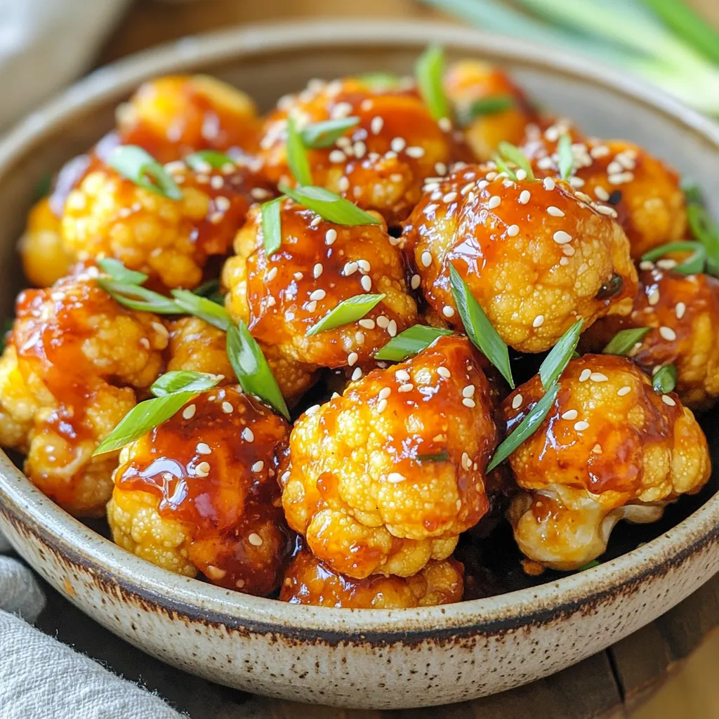 To make Air Fryer Sweet Chili Cauliflower Bites, you need simple, fresh ingredients. Here is the list you'll need: - 1 medium head of cauliflower, cut into bite-sized florets - 1 cup all-purpose flour - 1 teaspoon garlic powder - 1 teaspoon onion powder - 1 teaspoon paprika - 1/2 teaspoon salt - 1/2 teaspoon black pepper - 1 cup buttermilk (or dairy-free alternative) - 1/2 cup sweet chili sauce - 2 teaspoons sriracha (optional, for added heat) - Green onions, chopped (for garnish) - Sesame seeds (for garnish) Each ingredient plays a key role. The cauliflower gives us that great crunch. The flour and spices create a tasty coating. Buttermilk helps the flour stick. Sweet chili sauce adds a sweet kick. Sriracha can make it spicy if you want. Green onions and sesame seeds add a fun touch when you serve them. Gather all these ingredients before you start. This makes cooking easier and more fun. Enjoy the process of making these tasty bites! - Preheat the air fryer to 400°F (200°C). - In a bowl, mix together the flour, garlic powder, onion powder, paprika, salt, and black pepper. Whisk these until they blend well. - Pour the buttermilk into a separate bowl. This will be your dipping station. - Take each cauliflower floret and dip it into the buttermilk. Make sure it gets fully coated. - Next, roll the floret in the flour mixture. Tap off any extra flour to avoid clumping. - Place the coated cauliflower bites in a single layer in your air fryer basket. Keep them spaced out to cook evenly. - Air fry the cauliflower for 12 to 15 minutes. Remember to shake the basket halfway through to ensure even cooking. - While the cauliflower cooks, mix the sweet chili sauce and sriracha in a bowl. Adjust the spice level to your liking. - Once the cauliflower is golden and crispy, remove them from the air fryer. Toss them in the sweet chili sauce mixture until all bites are covered. - For the final touch, return the coated cauliflower to the air fryer. Cook for an extra 2 to 3 minutes to set the sauce. To get that crave-worthy crunch, I recommend a double coating technique. First, dip your cauliflower in buttermilk. Then coat it in the flour mix. This layers the crunch, giving you a crispy bite. Also, make sure to space out the cauliflower in the air fryer. If they touch, they won’t crisp up well. Want to kick up the spice? Just add more sriracha to your sweet chili sauce. Start with the two teaspoons in the recipe. Taste it, then add more if you like heat. For garnishes, try using chopped cilantro or a drizzle of lime juice. These add freshness and zing to every bite. If you're making these bites for a crowd, batch cooking is key. Fry them in small groups so they cook evenly. After frying, keep them warm in the oven while you finish the rest. For storing leftovers, place them in an airtight container. They are best eaten fresh, but you can reheat them in the air fryer for a few minutes. This brings back their crispiness! {{image_2}} You can switch up the sauce to change the whole dish. Here are two fun ideas: - Teriyaki sauce alternative: Use teriyaki sauce instead of sweet chili sauce. This gives a sweet, savory flavor. - Buffalo sauce variation: For a spicy kick, use buffalo sauce. It adds heat and tang. Adapting this recipe is easy. Here are some options: - Vegan substitutions: Replace buttermilk with a plant-based milk like almond or oat milk. You can also use a vegan flour blend. - Gluten-free adjustments: Use a gluten-free flour mix. This keeps the bites crunchy without gluten. Want to take your cauliflower bites up a notch? Here are some tips: - Adding spices for different tastes: Mix in spices like cumin or chili powder for extra zing. Experiment to find your favorite blend. - Incorporating vegetables: Toss in other veggies like bell peppers or zucchini. They add color and flavor, making this dish even better. To keep your cauliflower bites fresh, store them in the fridge. Place them in an airtight container. They will stay good for about three days. Avoid leaving them out at room temperature. This helps prevent spoilage. If you want to keep them crispy, place a paper towel in the container. This will absorb extra moisture. When you want to enjoy leftovers, the air fryer is your best friend. Set it to 350°F (175°C). Place the cauliflower bites in the basket and heat for about 5-7 minutes. This will refresh their crunch. If you prefer the oven, preheat it to 375°F (190°C) and bake for 10-12 minutes. This method also brings back the crispiness. If you want to save some bites for later, freezing is a great option. Place the cooked cauliflower bites in a single layer on a baking sheet. Freeze them for about an hour until firm. Then, transfer them to a freezer bag. Remove as much air as possible. They can last for up to three months in the freezer. When you're ready to eat, thaw them in the fridge overnight. To reheat, follow the same air fryer or oven methods as before. This will make them taste as good as fresh! Yes, you can! If you don't have buttermilk, use a dairy-free milk like almond or oat. Just add a splash of vinegar to make it tangy. This helps the coating stick well to the cauliflower. To add heat, mix sriracha into the sweet chili sauce. You can also sprinkle red pepper flakes on top before serving. If you like it really spicy, try tossing in some diced jalapeños. Store leftover cauliflower bites in an airtight container in the fridge. This keeps them fresh and crispy. Make sure they cool completely before sealing to avoid moisture build-up. Yes, you can use frozen cauliflower! Just thaw and drain it well. Pat it dry with a towel to ensure the coating sticks. You may need to adjust the cooking time slightly. These bites can last up to three days in the fridge. For the best taste, eat them within two days. Reheat them in the air fryer to restore crispiness. This blog post shared a simple recipe for Air Fryer Sweet Chili Cauliflower Bites. We covered ingredients, step-by-step instructions, and useful tips for the best results. Experiment with sauces and dietary adjustments to suit your taste. Remember, these bites can be a fun snack or a party hit. Store leftovers well and reheat them for a crunchy treat. Enjoy making this dish as much as I do! You’ll love these bites that are easy, tasty, and versatile.