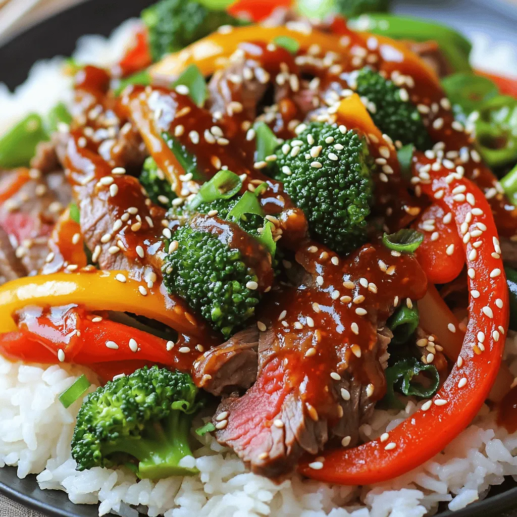 Key Ingredients for the Dish: - 1 pound flank steak, thinly sliced - 2 tablespoons gochujang (Korean chili paste) - 1 tablespoon soy sauce - 1 tablespoon sesame oil - 2 teaspoons honey - 2 cloves garlic, minced - 1 inch fresh ginger, grated - 1 bell pepper (any color), sliced - 1 cup broccoli florets - 2 green onions, sliced - 1 tablespoon vegetable oil - Cooked rice for serving Optional Garnishes and Accompaniments: - Sesame seeds for garnish - Extra green onions for a fresh touch These ingredients make a simple yet tasty dish. The flank steak is key for tenderness. Gochujang adds the perfect heat and flavor. Pairing it with rice makes it filling. You can also add sesame seeds for a nice crunch. Enjoy customizing it with your favorite veggies! Combining Ingredients for Marinade Start by taking a bowl. Add 2 tablespoons of gochujang, 1 tablespoon of soy sauce, and 1 tablespoon of sesame oil. Then, mix in 2 teaspoons of honey. Next, add 2 minced garlic cloves and 1 inch of grated fresh ginger. Stir everything until it's well blended. This marinade gives the beef a spicy and rich flavor. Marinating the Flank Steak Now, take 1 pound of thinly sliced flank steak. Place it in the bowl with the marinade. Toss the beef well to coat it evenly. Let it sit for about 10 minutes. This time helps the flavors soak into the meat. Heating the Skillet Grab a large skillet or wok. Heat it over medium-high heat. Once it's hot, add 1 tablespoon of vegetable oil. This oil helps the beef to sear nicely. Searing the Beef Once the oil is hot, add the marinated beef. Spread it out in a single layer. You might need to do this in batches. Sear the beef for about 2-3 minutes. Look for a nice brown color on the meat. This step locks in the flavors. Incorporating Bell Pepper and Broccoli Now it’s time to add the veggies. Toss in the sliced bell pepper and 1 cup of broccoli florets. Stir everything together in the pan. Cooking Timeline for Perfect Vegetables Stir-fry the mixture for about 3-4 minutes. You want the veggies to be tender-crisp. This keeps their bright color and crunch. Make sure the beef is cooked through. Using Fresh Ingredients Fresh ingredients make a big difference in this dish. Use vibrant bell peppers and crisp broccoli for the best taste. Fresh garlic and ginger add a punch too. These ingredients bring out the rich flavors of gochujang. Freshness also helps make your stir-fry look good on the plate. Optional Add-ins for Extra Spice If you want more heat, add sliced fresh chili peppers. You can also use a dash of crushed red pepper flakes. For a sweeter touch, toss in a handful of sugar snap peas. These add extra crunch and flavor. Best Methods for Stir-Frying Heat your skillet or wok before adding oil. This helps to sear the beef quickly. Keep the beef in a single layer for even cooking. Stir-fry in small batches if needed. This keeps the heat high and helps the meat brown properly. Maintaining Beef Tenderness For tender beef, slice against the grain. This breaks down the fibers, making each bite soft. Marinating the beef also helps. Let it sit in the marinade for 10 minutes for the best flavor and tenderness. Ideal Rice Pairings Serve your stir-fry over fluffy white rice. Jasmine or basmati rice pairs nicely. For a healthier option, try brown rice or quinoa. Both add a nutty flavor that complements the beef. Presentation Ideas Garnish your dish with sliced green onions and sesame seeds. This adds color and texture. You can also serve it in a bowl for a cozy feel. A sprinkle of fresh herbs like cilantro can add an extra layer of flavor. {{image_2}} You can use different meats if you prefer. Chicken, pork, or tofu work well. For chicken, use boneless thighs or breasts, sliced thin. For pork, go for tenderloin or shoulder. If you want a plant-based option, use firm tofu. Just press and cube it before marinating. Each protein gives a unique taste and texture. Feel free to mix up the veggies. Snap peas, carrots, or zucchini can add great flavor. You can also use mushrooms for a savory taste. Just slice them thin and add them at the same time as the bell pepper. Use what you have on hand to keep it fresh and fun. If you love heat, add more gochujang or some red pepper flakes. You can also use sriracha for a different kick. To make it milder, reduce the gochujang or add a bit of sugar. This way, you control the spice to match your taste. You can experiment with sauces to change the flavor. Try a teriyaki sauce for sweetness. Or use a peanut sauce for a rich, nutty taste. Mixing different sauces with gochujang can create a new dish each time. This keeps your meal exciting and new! - Refrigeration Guidelines: Place any leftover stir-fry in an airtight container. It stays fresh in the fridge for up to three days. Make sure to cool it to room temperature before sealing. This helps keep the textures and flavors intact. - Freezing Recommendations: If you want to store it longer, freeze the stir-fry. Use a freezer-safe container or bag. It can last for about three months in the freezer. When you're ready to eat, thaw it overnight in the fridge. - Best Methods for Reheating Stir-Fry: The best way to reheat is on the stove. Heat a pan over medium heat. Add a splash of water or broth to keep the dish moist. Stir often to warm it evenly. You can also use the microwave for quick reheating, but the stove keeps the texture better. - Maintaining Texture and Flavor: To keep that nice stir-fry crunch, avoid overcooking. Heat just until warm, and serve right away. You can add fresh green onions or sesame seeds when reheating for extra flavor and crunch. Gochujang is a Korean chili paste. It adds a unique heat and depth to dishes. The paste is made from red chili powder, glutinous rice, fermented soybeans, and salt. Its flavor is spicy, sweet, and slightly savory. You can use it in marinades, soups, and stir-fries. It makes your Minute Spicy Gochujang Beef Stir-Fry pop with flavor. Yes, you can prep this recipe ahead of time. Marinate the beef for up to a day. Keep it in the fridge until you are ready to cook. You can also chop the veggies in advance. Store them in an airtight container. This setup helps save time on busy nights. You can easily adapt this recipe. For a gluten-free option, use tamari instead of soy sauce. If you follow a paleo diet, skip the honey or use a paleo-friendly sweetener. You can also swap the flank steak for chicken or tofu. This way, everyone can enjoy the dish. We covered the key ingredients, marinade prep, and cooking steps to make a tasty dish. You learned how to add flavor with fresh ingredients and techniques that keep the meat tender. We explored swaps for proteins and veggies, plus how to store leftovers properly. Keep these tips in mind to enjoy your meal fully. You can adapt this recipe to fit your needs. Get creative with flavors, and make it your own! Happy cooking!