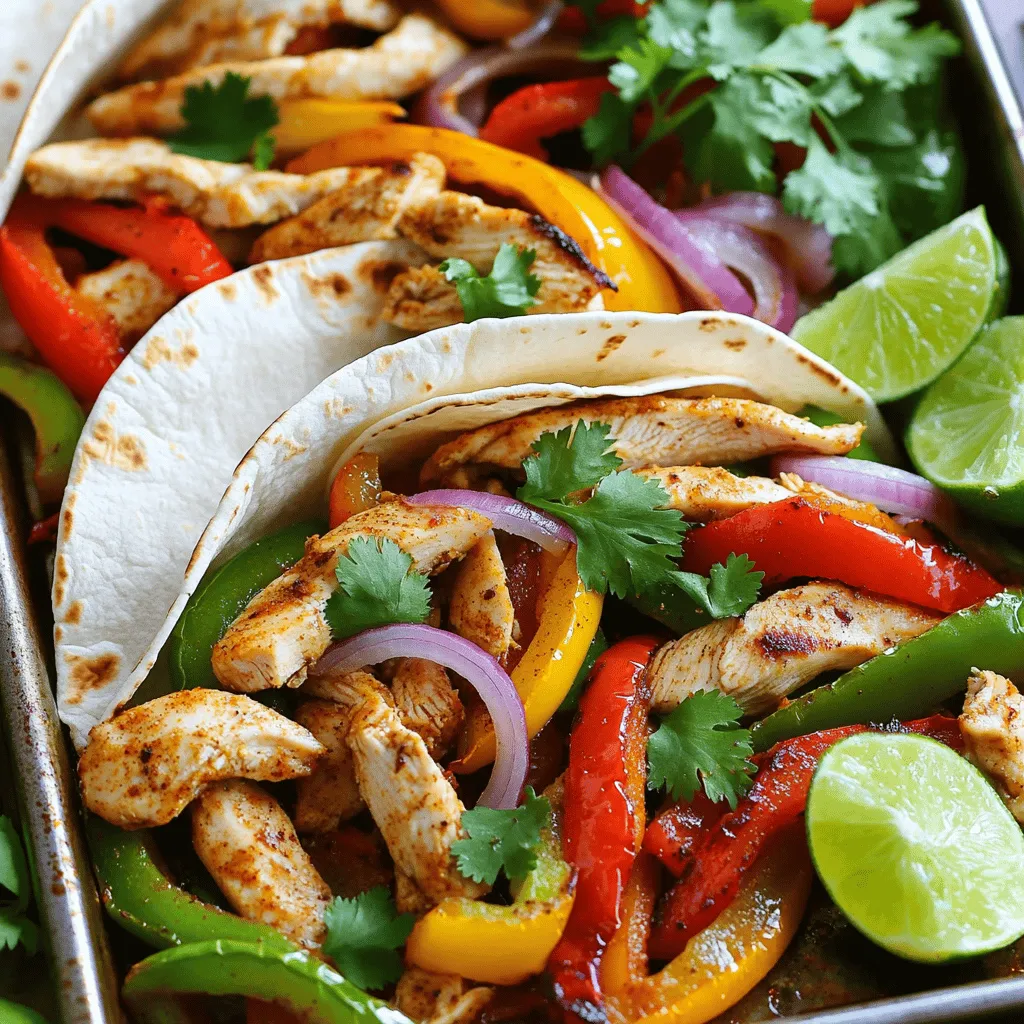 - 1 pound boneless, skinless chicken breasts, sliced into strips - 1 red bell pepper, sliced - 1 yellow bell pepper, sliced - 1 green bell pepper, sliced - 1 medium red onion, sliced - 3 tablespoons olive oil - 2 teaspoons chili powder - 1 teaspoon cumin - 1 teaspoon smoked paprika - 1/2 teaspoon garlic powder - 1/2 teaspoon salt - 1/4 teaspoon black pepper - 8 small flour tortillas - Fresh cilantro leaves, for garnish - Lime wedges, for serving The main ingredients in this dish provide great flavor and color. The boneless, skinless chicken breasts are easy to slice and cook quickly. I love using colorful bell peppers because they add sweetness and crunch. The red onion gives a nice sharp taste that balances the dish. The spices and seasonings bring everything to life. Olive oil helps the spices stick to the chicken and veggies. Chili powder and cumin add warmth, while smoked paprika gives a nice depth. Garlic powder enhances the overall taste, and salt and pepper bring all the flavors together. To serve, I like to use warm flour tortillas. They are soft and perfect for wrapping around the filling. Fresh cilantro adds a burst of freshness, and lime wedges let you squeeze some zesty juice on top. This meal is not just tasty but also fun to make and eat! 1. Preheat your oven to 425°F (220°C). This helps cook everything evenly. 2. In a large bowl, combine the sliced chicken and all the bell peppers with the onion. Make sure they mix well. 3. In a small bowl, whisk together the olive oil, chili powder, cumin, smoked paprika, garlic powder, salt, and black pepper. This spice mix adds great flavor! 1. Pour the spice mixture over the chicken and vegetables. Toss everything together until well coated. You want every piece to soak up the flavor. 2. Spread the chicken and vegetable mixture evenly on a large sheet pan. This helps them bake evenly. 3. Bake in the preheated oven for about 20-25 minutes. Check that the chicken is cooked through and the veggies are tender. 1. While the chicken is baking, warm the tortillas in a dry skillet over medium heat. Heat them for about 30 seconds on each side until soft. 2. Once done, remove the sheet pan from the oven and let it cool slightly. 3. Serve the chicken and veggies on warm tortillas. Garnish with fresh cilantro and lime wedges for squeezing over the top. Enjoy your tasty meal! - Ensuring chicken is tender: Choose fresh chicken breasts for the best texture. Slice them into thin strips. This helps them cook evenly. Marinating chicken for at least 30 minutes boosts flavor and tenderness. Use the spice blend with olive oil for added moisture. - How to achieve caramelization on veggies: Cut your vegetables into similar sizes. This ensures they cook evenly. Use high heat when roasting. The sugars in the veggies will caramelize better. Spread them out on the sheet pan to allow air circulation. Avoid overcrowding, or they will steam instead. - Serving style suggestions: Serve the fajitas on a large platter. Arrange the chicken and veggies in the center. Place warm tortillas on the side. This lets everyone build their own fajitas. - Garnishing choices: Fresh cilantro adds color and flavor. Lime wedges are not just for looks; they add zest. You can also offer sliced avocados or a scoop of sour cream for extra creaminess. - Easy cleanup after cooking: Line your sheet pan with parchment paper. This helps prevent sticking and makes cleanup a breeze. After serving, let the pan soak in warm, soapy water for easy scrubbing. - Best practices for sheet pan care: Avoid using metal utensils on non-stick pans. They can scratch the surface. Hand wash your sheet pan for longer life. Store it in a dry place to prevent rust if it’s made of metal. {{image_2}} You can switch chicken for other proteins. Tofu is a great choice for a vegan option. Shrimp also cooks fast and adds great flavor. For vegetables, try using zucchini or mushrooms. They add a nice texture and taste. Want to kick up the flavor? Add more spices like oregano or cayenne. You can also use a marinade of lime juice and garlic for a fresh twist. If you like heat, slice some jalapeños or add hot sauce. This will give your fajitas a spicy kick. Pair your fajitas with side dishes like rice or beans. These add more flavor and nutrients. You can also customize your fajitas with toppings like sour cream, avocado, or cheese. This lets everyone make their meal just how they like it! To keep your leftovers fresh, store them in an airtight container. Make sure the chicken and veggies cool down first. Place the container in the fridge within two hours of cooking. This way, you can enjoy your meal later. The fajitas will stay good for about three to four days. When you want to reheat your fajitas, a skillet works best. Heat it on medium and add a splash of water. Cover it with a lid. This helps keep the chicken moist. Stir the mixture every few minutes. You can also use the microwave, but the skillet keeps the texture better. Heat for one to two minutes, stirring halfway. If you want to save some for later, freezing is a great option. Let the fajitas cool completely before packing them. Use freezer-safe bags or containers. They can last up to three months in the freezer. To thaw, move them to the fridge overnight. For reheating, use the skillet method again for the best taste. To check if the chicken is done, use a meat thermometer. The internal temperature should be 165°F (75°C). If you don't have one, look for visual cues. The chicken should be white inside, not pink. The juices should run clear when you cut into it. These signs mean your chicken is ready to eat. Yes, you can prep the ingredients ahead of time. Slice the chicken and vegetables and store them in the fridge. Keep them in airtight containers. You can mix the spices and store them in a small jar. This makes cooking easier on busy days. Just combine everything and bake when you're ready. Sheet pan chicken fajitas pair well with many sides. Consider serving them with: - Mexican rice - Refried beans - Guacamole - Salsa - Corn salad These sides add color and flavor to your meal. They also balance the spices in the fajitas. Enjoy experimenting to find your favorite combinations! In this blog post, we covered making delicious sheet pan chicken fajitas. We explored the main ingredients, spices, and serving essentials. You learned preparation and baking steps to create a tasty meal. I shared tips for cooking, presentation, and cleaning up after cooking. We also discussed variations, storage, and answered common questions. Now, you can enjoy easy, flavorful fajitas anytime. Go ahead, gather your ingredients, and start cooking!