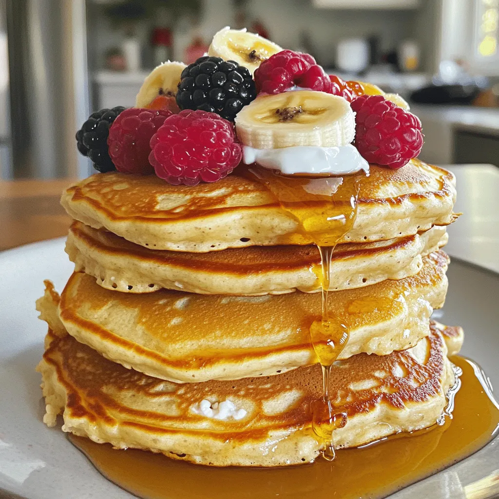 - 1 cup cottage cheese - 2 large eggs - 1/2 cup rolled oats Cottage cheese is key in this recipe. It adds protein and creaminess. Eggs help bind the mixture and add more protein. Rolled oats give the pancakes a nice texture. - 1 tablespoon honey or maple syrup - Fresh fruits for topping - Greek yogurt or nut butter for serving You can use honey or maple syrup for a touch of sweet. Fresh fruits like berries or bananas make great toppings. Greek yogurt or nut butter adds flavor and creaminess when served. - 1/2 teaspoon baking powder - Pinch of salt - Coconut oil or cooking spray Baking powder makes the pancakes fluffy. A pinch of salt balances the flavors. Use coconut oil or a cooking spray to keep pancakes from sticking. 1. First, gather your ingredients. You need cottage cheese, eggs, rolled oats, baking powder, vanilla extract, honey or maple syrup, and a pinch of salt. 2. In a blender, combine these ingredients. Make sure to add them carefully. 3. Blend until the mixture is smooth and thick. It should pour easily but hold its shape. 1. Preheat your skillet or griddle over medium heat. This step is key for even cooking. 2. Lightly coat the pan with coconut oil or cooking spray to prevent sticking. 3. Pour about 1/4 cup of the batter onto the heated skillet for each pancake. 4. Cook for 2-3 minutes. Look for bubbles forming on the surface. The edges should appear set. 5. Carefully flip the pancakes with a spatula. Cook for another 2-3 minutes. They should be golden brown. 6. Repeat this process with the remaining batter. Add more oil or spray if needed. 1. Serve your pancakes warm for the best taste. 2. Top with fresh fruits like berries or bananas for a burst of flavor. 3. You can also add a dollop of Greek yogurt or a drizzle of nut butter for extra creaminess. 4. Get creative with toppings to make each bite special! To make great pancakes, the batter consistency matters. You want it thick but pourable. If it's too runny, add a bit more rolled oats. If it’s too thick, add a splash of milk or water. This small change can make a big difference. Heat is key too. Use medium heat for cooking. Too high heat burns the outside while the inside stays raw. You can test the heat by sprinkling a drop of water on the skillet. If it dances and sizzles, you're good to go! Want to spice things up? Add a pinch of cinnamon or nutmeg. These spices bring warmth and depth. If you like sweet pancakes, adjust the sweetness level. Use honey or maple syrup based on your taste. You can even skip the sweetener if you prefer less sugar. If you need gluten-free pancakes, swap rolled oats for gluten-free oats. This keeps the dish tasty and safe for everyone. For dairy-free options, you can use silken tofu instead of cottage cheese. Blend it until smooth for a creamy texture without dairy. {{image_2}} You can easily boost flavor in these pancakes. Try adding chocolate chips or nuts. They add sweetness and crunch. You can also use different types of yogurt. Flavored yogurt can change the taste, making it fun to try. If you want a vegan version, use plant-based egg substitutes and dairy-free yogurt. This keeps the protein but fits a vegan diet. For low-carb options, swap regular oats with almond or coconut flour. These changes keep the pancakes delicious while lowering carbs. Want to add a twist? Make savory protein pancakes by mixing in fresh herbs. Chives or parsley give a great taste. You can also add spices for global flavors. Cinnamon for a warm, sweet touch or curry powder for a fun kick. These options make your pancakes unique and exciting. You can store leftover pancakes in the fridge. Keep them in an airtight container. This helps keep them fresh. Use parchment paper between layers to prevent sticking. They can last up to three days this way. To freeze pancakes, let them cool first. Place a piece of parchment paper between each pancake. Then, stack them in a freezer-safe bag or container. You can freeze them for up to two months. When ready to eat, reheat them in a toaster or microwave. This keeps them warm and soft. When stored correctly, pancakes stay fresh for about three days in the fridge. In the freezer, they can last for two months. Always check for any signs of spoilage before eating. If they look or smell off, it’s best to toss them. Using cottage cheese in pancakes offers many benefits. First, it adds protein. Protein helps build and repair muscles. It keeps you full longer too. Second, cottage cheese adds moisture. This makes the pancakes soft and tender. Lastly, it includes calcium, which is good for bones. Overall, cottage cheese boosts nutrition in a tasty way. Yes, you can use other cheeses! Cream cheese gives a rich flavor, while ricotta adds creaminess. Both will change the taste and texture, but they work well. Just remember, different cheeses may change the protein content. Experiment and find the flavor you love best! To make the pancakes fluffier, you can do a few simple things. First, separate the egg whites from the yolks. Whip the egg whites until they’re fluffy, then fold them into the batter. This adds air and makes the pancakes rise. Second, let the batter rest for a few minutes. This helps the ingredients mix better and leads to a lighter pancake. Absolutely! These pancakes are great for meal prep. You can make a big batch and store them in the fridge. Use an airtight container to keep them fresh. They will last about 3-4 days. You can also freeze them. Just stack them with parchment paper in between. When you want one, simply reheat it in the toaster or microwave. This blog post covered all you need to know about making tasty pancakes. We explored key ingredients and optional add-ins for extra flavor. You learned how to prepare the batter and cook perfect pancakes. I shared tips for different diets and ways to store leftovers. Remember, cooking is flexible. Feel free to try new flavors and adaptations. Your pancake journey can be fun and creative! Enjoy every bite and keep experimenting!