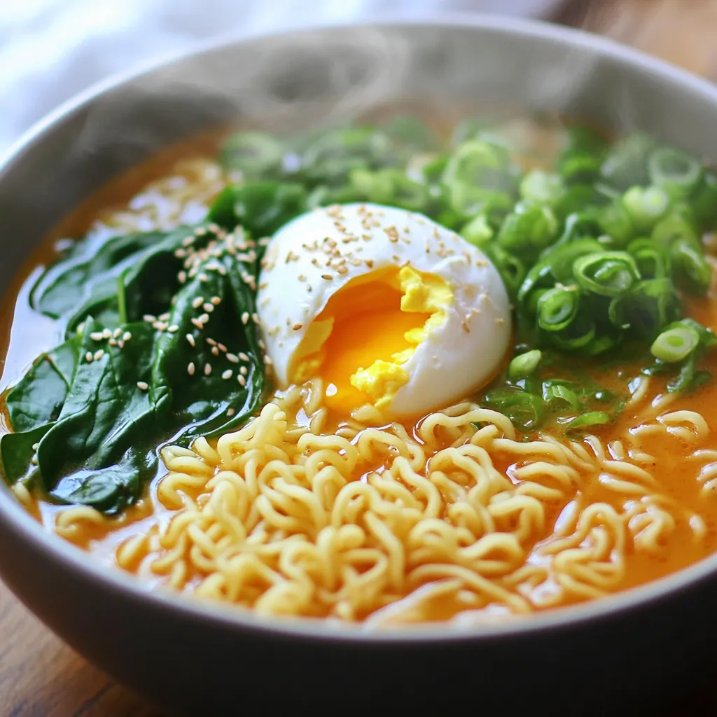 - 2 packs of instant ramen noodles (discard seasoning packets) - 4 cups of chicken or vegetable broth - 2 tablespoons sesame oil - 4 cloves of garlic, minced - 1 tablespoon fresh ginger, grated The main ingredients create a strong base for your ramen. Instant ramen noodles are quick, but they need a flavorful broth to shine. I love using chicken or vegetable broth to bring depth. Sesame oil adds a nice nutty flavor. Garlic and ginger give it a fresh, aromatic kick. - 1-2 tablespoons chili paste (adjust to taste) - 1 tablespoon soy sauce - 1 tablespoon rice vinegar - 1 cup baby spinach - 2 green onions, sliced Add chili paste for heat. You can adjust it to your liking. Soy sauce adds umami, while rice vinegar gives a touch of brightness. Baby spinach adds nutrients and color. Green onions bring freshness and crunch. Each ingredient enhances the dish in its own way. - 1 large egg (optional) - Sesame seeds - Salt and pepper to taste A poached egg on top makes it feel special. The creamy yolk adds richness. Sesame seeds give a bit of crunch and look great. Seasoning with salt and pepper is key. It makes every bite flavorful. These garnishes complete your bowl and make it beautiful. First, heat 2 tablespoons of sesame oil in a large pot over medium heat. The oil adds rich flavor. Next, add 4 cloves of minced garlic and 1 tablespoon of grated ginger. Sauté these for about 1-2 minutes. You want to smell their wonderful aroma. Now, mix in 1 to 2 tablespoons of chili paste. Adjust this to your taste. Cook for another minute to blend the flavors well. Once your aromatics smell great, pour in 4 cups of chicken or vegetable broth. Bring this to a gentle boil. When boiling, add 2 packs of instant ramen noodles. Cook the noodles for about 3-4 minutes, following package instructions. While the noodles cook, take a small pot and fill it with water. Bring it to a gentle boil for poaching. Crack in 1 large egg (if you choose to use it) and poach for about 3 minutes. You want the whites set while the yolk stays runny. Remove the egg and drain. After the noodles have cooked, add 1 cup of baby spinach to the broth. Let it wilt for about a minute. Then, stir in 1 tablespoon of soy sauce and 1 tablespoon of rice vinegar. Add salt and pepper to taste. Once the noodles are cooked, turn off the heat. Ladle the ramen soup into bowls. If you poached an egg, place it on top of each bowl. Finish with sliced green onions and a sprinkle of sesame seeds. Serve your delicious ramen hot and enjoy every bite! To boost the flavor of your ramen, start with chili paste. You can adjust the spice level to fit your taste. If you want it spicier, add more chili paste. For a milder dish, use less. You can also add extra aromatics like chopped garlic or ginger. These will make your dish more fragrant and tasty. Timing is key for perfect noodles. Follow the package instructions carefully. Overcooking will make them mushy. Aim for a chewy texture. If you want to add a poached egg, use a separate pot. Bring water to a gentle boil and crack in the egg. Cook it for about three minutes. The whites should be firm, but the yolk must stay runny. Pair your ramen with simple sides like steamed rice or a fresh salad. A cold drink, like iced tea, matches well too. For serving, use deep bowls. This helps keep the soup warm. Garnish with green onions and sesame seeds for a nice touch. It adds color and crunch. Enjoy the beautiful presentation as much as the taste! {{image_2}} To make this ramen vegetarian or vegan, you can swap the broth. Use vegetable broth instead of chicken broth. For the egg, skip it or use a vegan egg substitute. Silken tofu is a great choice as an egg alternative. Adding more veggies boosts flavor and nutrition. Try adding mushrooms, bell peppers, or bok choy. You can sauté these veggies with garlic and ginger for extra taste. If you want to add protein, chicken, tofu, or shrimp work well. For chicken, use cooked pieces and add them just before serving. For shrimp, cook them in the broth for about 3-4 minutes until pink. Tofu can be added right at the end and heated through. This way, you’ll have a hearty meal that satisfies. You can change the flavor by using different sauces or spices. Soy sauce brings umami, but tamari is a gluten-free option. Adding miso paste can deepen the taste. For a spicy kick, try adding Sriracha or fresh chili slices. You could also mix in a dash of fish sauce for a unique twist. Explore different toppings like nori or pickled ginger for a fun Asian flair. To keep your leftover ramen fresh, store it in an airtight container. Let it cool first. Avoid adding toppings to the main dish. This keeps them from getting soggy. Your ramen will last up to three days in the fridge. For best taste, reheat the ramen gently. You can use a pot or microwave. If using a pot, add a splash of broth. Heat on low until warm. If using a microwave, heat in short bursts. Stir between each burst for even warming. Preparing components of the ramen in advance can save time. You can chop garlic and ginger a day ahead. Store them in a small container in the fridge. For the broth, make a large batch. Store it in a jar or container. You can freeze it in portions, too. This way, you can have quick ramen ready anytime. When it comes to storage containers, look for glass or BPA-free plastic. Ensure they seal tightly to keep flavors fresh. Yes, you can use various noodles. Here are some great alternatives: - Soba noodles - Udon noodles - Rice noodles - Whole wheat spaghetti Each option brings its own taste and texture. Soba noodles add a nutty flavor, while udon gives a chewy bite. If you prefer a gluten-free option, rice noodles work well. Just adjust the cooking time based on the noodle type. To lower the heat, try these tips: - Use less chili paste. Start with just one tablespoon. - Add a spoonful of sugar. This can balance the heat. - Mix in coconut milk for creaminess. It cools down the spice. - Serve with a dollop of plain yogurt or sour cream. These changes keep the flavor without too much heat. Yes, you can make this dish gluten-free. Here’s how: - Use gluten-free ramen noodles. Brands like Miracle Noodle or Lotus Foods offer great options. - Check the broth. Make sure it’s labeled gluten-free. - Avoid soy sauce or use gluten-free tamari instead. With these swaps, you can enjoy this dish without gluten. This blog post covered how to make tasty ramen with simple ingredients. You learned about main items like instant noodles and broth, plus optional add-ins and garnishes. The step-by-step guide helps you prepare, cook, and serve the dish. I shared tips to enhance flavor and various options for protein and vegetarian meals. Remember, leftover storage and meal prep can save time. Enjoy mixing flavors to create your perfect ramen, and feel free to explore new variations. Making ramen is fun and allows for a personal touch!