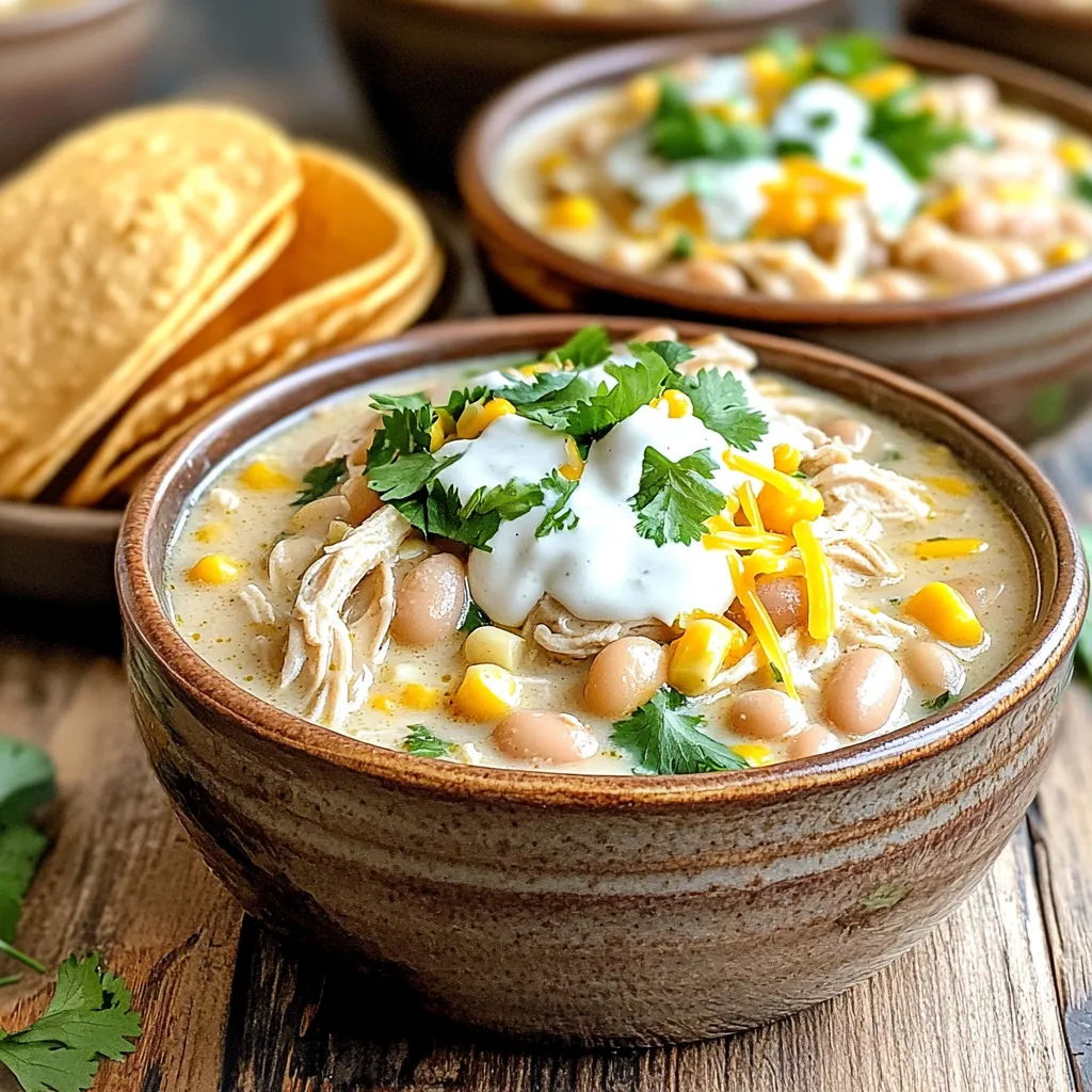 - 2 boneless, skinless chicken breasts - 1 can (15 oz) white beans, drained and rinsed - 1 can (15 oz) corn, drained - 1 medium onion, diced - 2 cloves garlic, minced - 1 cup chicken broth - 1 teaspoon ground cumin - 1 teaspoon chili powder - ½ teaspoon smoked paprika - Salt and pepper to taste - 1 cup heavy cream - 1 cup shredded Monterey Jack cheese - ¼ cup fresh cilantro, chopped (for garnish) - 2 tablespoons lime juice In my kitchen, I love using fresh, quality ingredients. For this chili, I choose boneless, skinless chicken breasts for their ease and flavor. White beans add a creamy texture and boost protein. I use corn for sweetness and a nice crunch. The spices bring everything together. Ground cumin gives warmth, while chili powder adds depth. Smoked paprika adds a subtle smoky flavor. I always taste for salt and pepper to make sure it’s just right. For creaminess, heavy cream is a must. It makes the chili rich and velvety. I top it with Monterey Jack cheese, which melts beautifully. Fresh cilantro adds color and brightness. A splash of lime juice ties all the flavors together and brightens the dish. Seasoning and Layering Ingredients First, place the chicken breasts at the bottom of the slow cooker. I always season the chicken with salt, pepper, cumin, chili powder, and smoked paprika. This mix adds depth to the dish. Next, add the diced onions, minced garlic, white beans, and corn on top of the chicken. This layering helps the flavors blend well as it cooks. Cooking Time Options: Low vs. High You can cook the chili on low for 6 to 7 hours or on high for 3 to 4 hours. I recommend the low setting for the best results. It makes the chicken tender and juicy. Just check that the chicken is fully cooked before moving on. Shredding the Chicken After the cooking time, remove the chicken from the slow cooker. I like to use two forks for shredding. It’s quick and easy. Once shredded, return the chicken to the slow cooker. This step mixes the flavors and makes the chili hearty. Adding Cream and Cheese Now, it’s time to add the heavy cream, lime juice, and shredded Monterey Jack cheese. I stir everything to combine well. The cream makes the chili rich and smooth. Let it cook on low for an extra 30 minutes. This step helps the cheese melt perfectly. Adjusting Seasoning to Taste After cooking, taste the chili. You can adjust the seasonings if needed. Sometimes I add more salt, pepper, or spices to enhance the flavor. Each bite should be full of taste that excites your palate. Presentation Tips for Serving Serve the chili hot in deep bowls. I love to sprinkle extra cheese and fresh cilantro on top. It adds color and flavor. Pair it with warm tortillas or crusty bread for dipping. This makes the meal even better and more enjoyable. To make your chili extra creamy, you have a few options. First, you can swap heavy cream for sour cream or Greek yogurt. Both add a rich taste and a nice tang. If you want a lighter option, use coconut milk. It adds creaminess and a hint of sweetness. Next, you can boost flavor with spices. Add a little more cumin or chili powder for extra warmth. Smoked paprika gives a nice depth. You could also try a dash of cayenne for heat. Just a pinch can elevate your dish. Safety is key when using a slow cooker. Always place the cooker on a flat, heat-resistant surface. Avoid opening the lid too often. Each time you lift the lid, heat escapes. This can slow down cooking. To check for doneness, look for tender chicken that shreds easily. Use a meat thermometer to ensure the chicken reaches 165°F. This ensures it’s safe to eat. After cooking, taste your chili. Adjust seasoning as needed to match your preference. {{image_2}} You can switch out chicken for turkey or tofu. Turkey gives a nice twist. It has a similar texture and flavor. Tofu works well for a vegan option. Just press it to remove excess water. This lets it soak up all the chili's great flavors. For beans, you can try different kinds. Black beans or pinto beans can add a new taste. Each bean has its own texture and flavor profile. Using a mix can also make the chili more colorful. You can make a mild or spicy version. If you like heat, add more chili powder or some jalapeños. For a milder taste, skip the spicy seasonings. You can also use sweet bell peppers instead. Adding vegetables can boost texture. Try corn, diced carrots, or bell peppers. They add color and make the chili heartier. You can even toss in some spinach for extra greens. This makes your dish healthier and more vibrant. To keep your Slow Cooker Creamy White Chicken Chili fresh, follow these steps: - Proper Refrigeration Techniques: Let the chili cool down before putting it in the fridge. Place it in an airtight container. This helps keep out air and moisture, so it stays fresh longer. Store it in the fridge for up to 3 days. - Best Containers for Storage: Use glass or BPA-free plastic containers. Glass is great because it doesn’t stain and is easy to clean. Choose containers that are the right size for your portions. This way, you can grab just what you need. If you want to save some chili for later, freezing is a great option: - How to Freeze for Future Meals: Allow the chili to cool completely. Then, place it in freezer-safe bags or containers. Leave some space at the top, as the chili will expand when it freezes. Label the bags with the date to keep track. - Thawing and Reheating Instructions: To thaw, move the chili from the freezer to the fridge a day before you plan to eat it. If you’re short on time, you can also thaw it in the microwave. When ready to reheat, warm it on the stove over low heat, stirring often, until hot. You can also microwave it in a safe dish, but be sure to stir it occasionally for even heating. Yes, you can use frozen chicken. Just follow a few tips for best results. First, do not thaw the chicken before cooking. Place the frozen chicken breasts directly in the slow cooker. - Season the chicken with salt, pepper, cumin, chili powder, and smoked paprika. - Add the onion, garlic, white beans, and corn on top. - Pour the chicken broth over everything. - Cook on high for 4 to 5 hours until the chicken is tender. This method keeps the chicken juicy and flavorful, saving you time. Pair your chili with some tasty sides. Here are some options: - Warm tortillas for dipping - Crusty bread to soak up the chili - Rice or quinoa for added texture - A fresh salad for a light balance These sides will enhance your meal and add variety. Leftovers can stay fresh in the fridge for about 3 to 4 days. Here are some best practices: - Store the chili in an airtight container. - Let it cool down before sealing. - Label the container with the date. If you want to keep it longer, consider freezing it. This will help you enjoy it later without losing flavor. This blog post covered key ingredients and easy steps to make creamy chicken chili. I shared tips for cooking and ways to customize flavors. You can choose your protein, adjust heat levels, and keep your dish creamy with simple dairy swaps. Storing your leftovers correctly helps keep meals fresh for later. By following these tips, you get a dish that’s tasty, adaptable, and perfect for any occasion. Enjoy the cooking process, and remember, your kitchen can always use a little creativity!