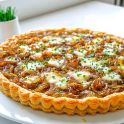 - Puff pastry details: You need 1 sheet of puff pastry. Make sure it is thawed before use. This pastry gives your tart a flaky and crispy base. - Onion preparation: Use 3 large yellow onions, thinly sliced. Cooking these onions takes time. You'll want to caramelize them slowly using 2 tablespoons of olive oil and 1 tablespoon of butter. Add 1 teaspoon of sugar to help them brown. Season with salt and pepper, and toss in 1 teaspoon of fresh thyme leaves for extra flavor. - Cheese and seasoning breakdown: For the cheesy topping, grab 1 cup of grated Gruyère cheese. This cheese melts beautifully and adds a rich taste. You’ll also need 1 large egg and 2 tablespoons of heavy cream for the custard mix. Don’t forget to add a pinch of salt and pepper for seasoning. Finally, garnish your tart with fresh chopped chives for a bright finish. This simple list packs a ton of flavor into your Caramelized Onion Gruyère Tart. Each ingredient plays a key role in the taste and texture. Enjoy cooking! To make the onions shine, start with a large skillet. Heat olive oil and butter over medium heat. This mix adds flavor and helps the onions cook evenly. Add the thinly sliced onions to the pan. Stir them well to coat in the oil and butter. Now, sprinkle a teaspoon of sugar, salt, and pepper. The sugar helps the onions caramelize nicely. Lower the heat to low and let them cook for about 30-40 minutes. Stir them occasionally. You want them to turn a deep golden brown. In the last five minutes, add fresh thyme leaves. This adds a lovely herb taste to the onions. Next, let’s work with the puff pastry. Roll it out on a floured surface until it fits your tart pan, about 12 inches wide. Carefully place the pastry into the pan. Press it into the edges, and trim any excess pastry. To prevent bubbling, prick the base with a fork. Pre-bake the crust in the oven for 10-12 minutes. You want it to look slightly golden. This step helps the crust stay crispy after baking. Preheat your oven to 400°F (200°C). After pre-baking, it’s time to fill the tart. In a bowl, whisk one large egg and two tablespoons of heavy cream. Season this mix with a bit of salt and pepper. Once your onions are done, spread them evenly over the pre-baked crust. Pour the egg and cream mixture over the onions. Finally, sprinkle one cup of grated Gruyère cheese on top. Bake the tart for 20-25 minutes. You’ll know it’s done when the cheese is melted and bubbly, and the crust is golden brown. Let it cool slightly before slicing. Garnish with fresh chopped chives for a pop of color and flavor. Enjoy! To get sweet, rich flavor from onions, you must cook them slowly. Start by heating olive oil and butter in a skillet. Add sliced onions and stir well. Sprinkle with sugar, salt, and pepper. - Key Steps for Flavor Enhancement: - Keep the heat low after the initial cooking. This helps onions soften and brown nicely. - Stir occasionally. This prevents sticking and promotes even cooking. - Add fresh thyme toward the end of cooking. It brightens the flavor of the onions. - Common Mistakes to Avoid: - Do not rush the process. Cooking on high heat can burn the onions. - Avoid overcrowding the pan. Cook in batches if necessary for even caramelization. Gruyère cheese adds a creamy, nutty flavor to your tart. Select high-quality cheese for the best taste. Look for cheese with a firm texture and a rich aroma. - Choosing the Right Quality: - Use aged Gruyère for a deeper flavor. Fresh Gruyère has a milder taste. - Check for a good melt. The cheese should stretch and blend well when heated. - Melting Tips for Optimal Texture: - Grate the cheese finely for even melting. - Mix Gruyère with a touch of cream before topping the tart. This helps it melt smoothly and adds richness. {{image_2}} Cheese substitutions You can try different cheeses for your tart. Fontina or Comté also work well. They melt nicely and add a rich flavor. If you want a sharper taste, use aged cheddar. Herb variations Thyme is classic, but you can mix it up! Try rosemary or oregano instead. Fresh herbs give the tart a new twist. Dried herbs can also work in a pinch. Just remember to use less since they are stronger. Suggested side dishes This tart pairs well with a light salad. A simple green salad with vinaigrette adds a nice crunch. You can also serve it with roasted vegetables for extra flavor. Presentation tips To make your tart look fancy, cut it into even slices. Garnish with chopped chives for color. Add a drizzle of balsamic glaze for a sweet touch. Serve it on a beautiful platter to impress your guests. You can keep leftover tart in the fridge for up to three days. To store it, cover the tart tightly with plastic wrap or place it in an airtight container. This will help keep the flavors fresh. If you want to store it longer, you can freeze it. Wrap the tart in plastic wrap, then in aluminum foil. It will stay good in the freezer for up to two months. The best way to reheat your tart is in the oven. Preheat your oven to 350°F (175°C). Place the tart on a baking sheet and heat for about 10-15 minutes. This method keeps the crust crispy. You can also use a toaster oven if you have one. To avoid a soggy pastry, do not microwave the tart. The steam from the microwave can make the crust soft. Always aim for oven reheating to keep that delightful crunch. Yes, you can make the tart ahead of time. Prepare the onions and pastry as directed. After you bake the tart, let it cool completely. Then, wrap it tightly in plastic wrap or foil. Store it in the fridge for up to three days. When ready to eat, simply reheat it in the oven at 350°F (175°C) for about 15-20 minutes. This keeps the crust crispy and the cheese melted. If you need a substitute for Gruyère, there are a few good options. Swiss cheese works well and has a similar nutty flavor. Fontina cheese is another choice; it melts nicely and adds creaminess. Cheddar cheese can also be used, but it will change the flavor. Choose a cheese that melts easily for the best result. Yes, you can use other types of pastry. Shortcrust pastry gives a firmer base. This option works well if you want a sturdier tart. You can also try phyllo pastry for a lighter, flakier texture. Each type of pastry changes the dish's feel and flavor. Puff pastry is popular for its lightness and flakiness, but the choice is yours! We covered how to make a delicious tart using puff pastry, onions, and Gruyère cheese. I shared tips for caramelizing onions and assembling the tart, as well as baking instructions. Remember to store leftovers properly and reheat them to keep the pastry crisp. You can also try new ingredients to switch things up. Don’t be afraid to experiment! Follow these steps, and you'll impress anyone with your tart. Enjoy the process and savor the results!