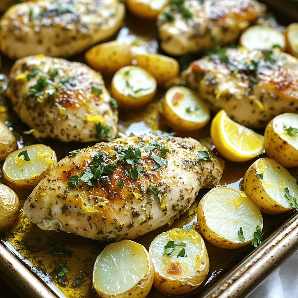 For your Lemon Herb Chicken & Potato Sheet Pan, you will need: - 4 boneless, skinless chicken breasts - 1 lb baby potatoes, halved - 1/4 cup olive oil - Juice of 2 lemons (about 1/4 cup) - Zest of 1 lemon - 4 cloves garlic, minced - 2 teaspoons dried oregano - 1 teaspoon thyme - 1 teaspoon smoked paprika - Salt and pepper to taste - Fresh parsley, chopped (for garnish) You can swap some ingredients based on what you have. If you lack fresh lemons, use bottled lemon juice. For fresh herbs, dried herbs work well too. You can replace baby potatoes with regular potatoes; just chop them smaller. If garlic is not on hand, garlic powder can be a good backup. Each serving of this dish offers about: - Calories: 350 - Protein: 30g - Carbohydrates: 28g - Fat: 15g - Fiber: 4g This meal packs a healthy punch while keeping it simple and flavorful. Enjoy! Start by preheating your oven to 425°F (220°C). This ensures a nice, hot bake. Line a large sheet pan with parchment paper. This helps with easy cleanup later. In a big mixing bowl, pour in 1/4 cup of olive oil. Add the juice of 2 lemons along with the zest of 1 lemon. Toss in 4 cloves of minced garlic, 2 teaspoons of dried oregano, 1 teaspoon of thyme, and 1 teaspoon of smoked paprika. Season with salt and pepper to taste. Whisk all these ingredients together until they blend well. Next, add 4 boneless, skinless chicken breasts to the bowl. Make sure each piece is coated in the marinade. Let the chicken marinate for 15 minutes at room temperature. If you have more time, let it sit in the fridge for up to 2 hours. This adds more flavor to the chicken. In a separate bowl, take 1 pound of halved baby potatoes. Toss them with a drizzle of olive oil, salt, pepper, and a sprinkle of dried oregano. Mix well to coat the potatoes evenly. Once the chicken has marinated, spread it out on your prepared sheet pan. Arrange the chicken in a single layer to ensure even cooking. Place the seasoned potatoes around the chicken. Drizzle any leftover marinade over both the chicken and potatoes. Now, it's time to bake! Place the sheet pan in the preheated oven. Bake for 25 to 30 minutes until the chicken reaches an internal temperature of 165°F (75°C). The potatoes should be tender and golden brown. When the timer goes off, carefully remove the pan from the oven. Let everything rest for 5 minutes before serving. For a rustic look, serve the dish right from the sheet pan. If you prefer a more polished presentation, plate the chicken and potatoes on individual plates. Garnish each plate with fresh parsley and extra lemon wedges. This adds a pop of color and enhances the dish's visual appeal. Enjoy your meal with family or friends for a delightful dining experience! To get the best taste, marinate your chicken well. I suggest at least 15 minutes. For more flavor, marinate for up to 2 hours in the fridge. The lemon juice and herbs will soak in. This step makes the chicken juicy and packed with flavor. Use a bowl that fits both the chicken and marinade well. Make sure every piece is covered. This ensures each bite is tasty! Roasted potatoes should be crispy on the outside and soft inside. To achieve this, cut baby potatoes in half. This helps them cook evenly. Toss them in olive oil, salt, pepper, and oregano. Spread them out on the sheet pan. Avoid crowding them; give them space to roast well. Bake until they are golden brown and tender. You can poke them with a fork to check if they're done. Watch out for these common mistakes! First, do not skip the marinating step. It’s key for flavor. Second, avoid using cold chicken. Let it sit at room temperature for about 10 minutes before cooking. This helps it cook evenly. Lastly, do not overcrowd the pan. If you pack the chicken and potatoes closely, they will steam, not roast. Give each ingredient room to shine! {{image_2}} You can change the herbs and spices to fit your taste. Instead of oregano, try basil or rosemary for a fresh twist. If you like heat, add red pepper flakes for a kick. Don’t have smoked paprika? Use regular paprika for a milder flavor. Experiment until you find your perfect mix. Feel free to add more veggies to the sheet pan. Carrots, bell peppers, or zucchini work well. Just chop them into similar sizes as the potatoes. This way, everything cooks evenly. You can even toss in some green beans for a pop of color and crunch. This recipe is easy to adapt for different diets. For a Paleo option, keep the chicken and veggies as is. The olive oil and herbs are perfect. To make it gluten-free, check that your spices don’t contain gluten. This dish is naturally gluten-free and fits many diets. Enjoy it without worry! To keep your Lemon Herb Chicken & Potato Sheet Pan fresh, store leftovers in an airtight container. Make sure the chicken and potatoes are cool before sealing. You can keep them in the fridge for about three to four days. This helps maintain the great taste and texture. When you're ready to enjoy your leftovers, preheat your oven to 350°F (175°C). Place the chicken and potatoes on a baking sheet. Cover them with foil to keep them moist. Heat for about 15-20 minutes or until warmed through. You can also use a microwave. Just place a serving on a plate and heat for 1-2 minutes. Stir halfway through to get even warmth. If you want to save your Lemon Herb Chicken & Potato Sheet Pan for later, freezing is a great option. Let the dish cool down completely. Place the chicken and potatoes in a freezer-safe bag or container. Remove as much air as possible before sealing. You can freeze them for up to three months. When you're ready to eat, thaw in the fridge overnight. Then reheat in the oven or microwave for a quick meal. To check if the chicken is cooked, use a meat thermometer. The internal temperature should reach 165°F (75°C). If you don’t have a thermometer, cut into the thickest part of the breast. The meat should be white, not pink. Juices should run clear as well. Cooking time is about 25-30 minutes at 425°F (220°C). Yes, you can use chicken thighs! They will add more flavor and stay juicy. Just ensure they are boneless and skinless for even cooking. Adjust the cooking time if needed. Thighs may take a little longer to cook, about 30-35 minutes. Always check the temperature to be sure. This dish pairs well with a simple green salad. You could also serve it with steamed vegetables, like broccoli or green beans. Rice or quinoa can add a nice touch too. For a refreshing drink, consider lemon-infused water or iced tea. Enjoy your meal! This blog covered how to make Lemon Herb Chicken and Potato Sheet Pan. We looked at ingredients, step-by-step instructions, and tips for success. You learned about variations and storage tips too. As you cook, embrace your creativity! Don't fear experimenting with flavors or ingredients. Trust your instincts and enjoy the process. Happy cooking!