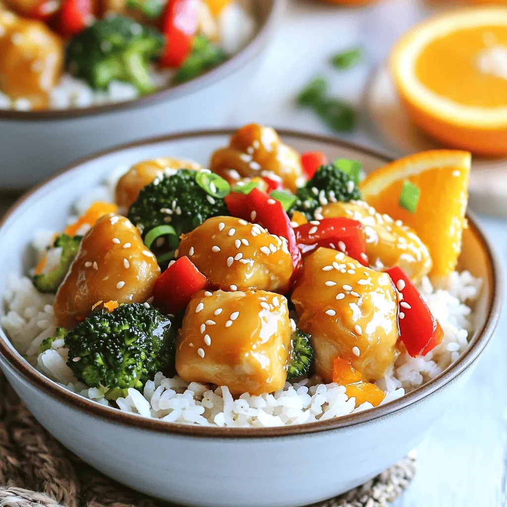 - 1 lb boneless, skinless chicken thighs, cubed - 1 cup jasmine rice - 1 cup chicken broth - 1/2 cup fresh orange juice - Zest of 1 orange - 2 tablespoons soy sauce - 1 tablespoon honey - 1 tablespoon cornstarch - 2 tablespoons vegetable oil - 1 red bell pepper, sliced - 1 cup broccoli florets - 1 green onion, chopped - Salt and pepper to taste - Sesame seeds for garnish These ingredients make a tasty dish. The chicken thighs give a juicy bite. Jasmine rice adds a soft base. Fresh orange juice and zest brighten the meal. Soy sauce brings a savory kick. Honey adds a hint of sweetness. Cornstarch helps thicken the sauce. The bell pepper and broccoli add color and crunch. Green onions and sesame seeds make it pretty on top. You can find most of these ingredients at any grocery store. If you want a healthier option, try brown rice instead of jasmine rice. It adds more fiber and nutrients. For a vegetarian twist, swap chicken with tofu or chickpeas. Gather these ingredients before you start. They will help you create a delightful meal that is easy to prepare. To start, you need to marinate the chicken. In a bowl, combine the orange juice, orange zest, soy sauce, honey, cornstarch, and a pinch of salt and pepper. Stir well until mixed. Next, add the cubed chicken thighs. Make sure all pieces are coated with the marinade. Let the chicken marinate for at least 30 minutes. This helps the flavors soak in. You can even marinate it longer for a richer taste. While the chicken marinates, you should prepare the rice. First, rinse the jasmine rice under cold water. Keep rinsing until the water runs clear. This removes excess starch and keeps the rice fluffy. In a saucepan, bring 1 cup of chicken broth to a boil. Add the rinsed rice. Cover the pot and reduce the heat to a simmer. Cook for about 15 minutes until the rice is tender and fluffy. Now, it's time to cook. In a large skillet or wok, heat 2 tablespoons of vegetable oil over medium-high heat. Add the marinated chicken, but remember to save the marinade. Sauté the chicken for about 5 to 7 minutes until it's cooked through and golden brown. Next, add the sliced red bell pepper and broccoli florets to the skillet. Stir-fry for an additional 3 to 4 minutes until the vegetables are tender but still crisp. Finally, pour the reserved marinade over the chicken and veggies. Cook for another 2 to 3 minutes until the sauce thickens and coats everything nicely. Serve the orange chicken mixture over a bed of jasmine rice. It looks great and tastes amazing! To get the best flavor, marinate the chicken well. Mix orange juice, zest, soy sauce, honey, cornstarch, and a pinch of salt and pepper. This blend gives the chicken a zesty kick. I recommend marinating for at least 30 minutes. If you have more time, try to marinate for up to 2 hours. This allows the flavors to soak in deeper. When cooking, heat your skillet or wok over medium-high heat. This level is perfect for sautéing chicken quickly. Always add a bit of oil before the chicken. It helps prevent sticking and adds flavor. For the vegetables, add them after the chicken is golden brown. Stir-fry them for just 3-4 minutes. This keeps them tender-crisp. You want them bright and crunchy, not mushy. For a great presentation, use deep bowls to serve the rice. Place the orange chicken mixture on top. Drizzle some fresh orange juice over the bowl for extra flavor. A slice of orange on the side makes a nice touch. Finally, sprinkle chopped green onion and sesame seeds on top. This adds color and texture. Enjoy your delicious meal! {{image_2}} For gluten-free options, replace soy sauce with tamari. Tamari has a similar taste but is free from gluten. You can also use coconut aminos as a great substitute. If you want to switch proteins, use shrimp or tofu instead of chicken. Both options absorb the orange flavor well. For a vegan twist, try chickpeas or mushrooms. They add a nice texture and soak up the sauce. To give your dish an extra kick, add red pepper flakes or ginger. These spices bring warmth and depth. You can also try adding garlic for a richer taste. Incorporating fruits like pineapple or mango can brighten the bowl. They add sweetness and a fun twist. You can also mix in vegetables like snap peas or carrots for crunch and color. If you want alternatives to jasmine rice, try brown rice or basmati rice. Both have a nutty flavor that pairs well with orange chicken. For a low-carb option, use cauliflower rice. It cooks quickly and has a mild taste that lets the orange sauce shine. Simply sauté it lightly before serving to keep the texture just right. To keep your orange chicken rice bowls fresh, store them in airtight containers. Place them in the fridge within two hours of cooking. This helps prevent bacteria growth. Your rice bowls will stay good for up to four days. For best taste, keep the chicken and rice separate. This way, the rice won’t get soggy. You can store the chicken and veggies together. Just make sure they cool down first. You have two main options for reheating: the microwave or the stovetop. The microwave is quick and easy. Just cover your bowl and heat for one to two minutes. Stir halfway to ensure even heating. If you use the stovetop, add a splash of water to keep it moist. Heat over medium until warm. This method helps maintain the chicken's texture and flavor. If you want to save your orange chicken rice bowls, freezing works well. Portion the chicken and rice in freezer-safe bags. Remove as much air as possible to prevent freezer burn. They can last for up to three months in the freezer. When you’re ready to eat, thaw them overnight in the fridge. Reheat using the stovetop method for the best results. This way, you get that fresh taste back. Yes, you can make orange chicken rice bowls ahead of time. Meal prep helps save time. Here are some tips: - Marinate the Chicken: You can marinate the chicken a day before and store it in the fridge. - Cook Rice in Advance: You can cook jasmine rice ahead of time and refrigerate it. - Store Separately: Keep the chicken, rice, and veggies in separate containers to avoid sogginess. - Reheat Properly: Reheat each component before serving to maintain taste and texture. If you prefer not to use chicken, here are some great alternatives: - Tofu: Firm tofu works well. Press and cube it before cooking. - Shrimp: Cook shrimp for a quick and tasty option. - Pork: Use cubed pork tenderloin for a different flavor. - Tempeh: This protein-rich option adds a nice texture and absorbs flavor well. If the sauce is too sweet for your taste, try these tips: - Reduce Honey: Cut down the amount of honey in the marinade. - Add Soy Sauce: Adding a bit more soy sauce can balance the sweetness. - Include Acid: Squeeze in some extra lime or lemon juice for a tangy kick. - Use Less Orange Juice: Decrease the amount of orange juice for less sweetness. You can create delicious orange chicken rice bowls using simple steps. We covered the key ingredients, from chicken thighs to fresh veggies. Marinating boosts flavor, while careful cooking keeps your food tender. Tips on storage and reheating help you enjoy leftovers too. Feel free to make variations that suit your diet or taste. Whether you prefer gluten-free options or different rice types, there's something for everyone. Your next meal can be both healthy and tasty. Try it out, and enjoy this easy recipe!