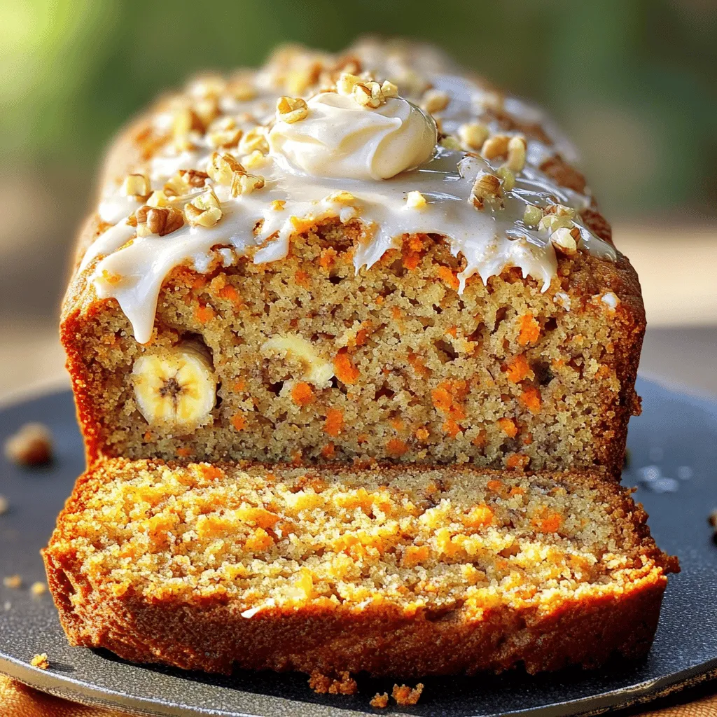 - 2 ripe bananas, mashed - 1 cup grated carrots - 1/2 cup granulated sugar - 1/2 cup brown sugar, packed - 1/2 cup vegetable oil - 2 large eggs - 1 teaspoon vanilla extract - 1 1/2 cups all-purpose flour - 1 teaspoon baking soda - 1 teaspoon baking powder - 1 teaspoon ground cinnamon - 1/4 teaspoon nutmeg - 1/4 teaspoon salt - 1/2 cup chopped walnuts (optional) - 1/2 cup raisins (optional) You need ripe bananas for the best flavor. The more brown spots, the sweeter they taste. Grated carrots add moisture and a nice texture. Using both granulated and brown sugar gives depth to the sweetness. Vegetable oil keeps the bread moist, while eggs bind everything together. You can use healthier options like coconut sugar or whole wheat flour. If you want a nut-free bread, simply leave out walnuts. You can also swap them for sunflower seeds. Raisins are optional but add a nice chew. Feel free to mix and match to fit your taste! - Preheat your oven to 350°F (175°C) and grease a 9x5-inch loaf pan. - In a large bowl, mash the bananas. Add the grated carrots, granulated sugar, brown sugar, vegetable oil, eggs, and vanilla extract. Mix until well combined. - In another bowl, mix the all-purpose flour, baking soda, baking powder, cinnamon, nutmeg, and salt. - Gradually add the dry mix to the wet mix. Stir gently until combined. Be careful not to overmix. - Pour the batter into the greased loaf pan. Smooth out the top with a spatula. - Bake in the preheated oven for 55 to 65 minutes. Make sure to check for doneness. Insert a toothpick into the center. If it comes out clean, your bread is ready. - Let the bread cool in the pan for 10 minutes. Then, transfer it to a wire rack to cool completely. - For a great presentation, slice the banana bread. Serve it warm or at room temperature. You can add cream cheese icing on top and sprinkle finely chopped walnuts for extra flavor. - Ensuring the right banana ripeness: Use bananas that are very ripe. Look for brown spots on the peel. These bananas will be sweet and soft, making your bread moist. If your bananas aren't ripe enough, simply let them sit on your counter for a few days. You can also speed up ripening by placing them in a paper bag. - Importance of not overmixing the batter: Mix the wet and dry ingredients until just combined. Overmixing can lead to tough banana bread. A few lumps are okay. This keeps your bread tender and fluffy. - Adding spices or extracts for more depth: Consider adding more spices like ginger or allspice. You can also try a splash of almond extract for a nutty flavor. These additions can boost the taste and make your bread stand out. - Topping suggestions to elevate flavor: Top each slice with cream cheese icing. You can also sprinkle some finely chopped walnuts or raisins on top. This not only adds flavor but also makes your bread look pretty. - Overbaking and resulting dryness: Keep an eye on your bread as it bakes. Start checking for doneness at 55 minutes. If the toothpick comes out clean, it’s ready. Overbaking can dry it out, so watch closely. - Using cold ingredients instead of room temperature: Always use room temperature eggs and oil. Cold ingredients can affect how the bread rises. Take them out of the fridge at least 30 minutes before you start baking. This will help your banana bread rise nicely. {{image_2}} You can change up your carrot cake banana bread with fun add-ins. Instead of walnuts, try pecans or almonds. Nuts add crunch and flavor. You can also swap in dried cranberries or chocolate chips. These mix-ins will give your bread a unique taste and texture. Get creative! If you want a gluten-free version, consider using almond or oat flour. These flours work well and keep the bread moist. You can also add protein powder for an extra boost. This twist makes your bread healthier without losing flavor. Experiment with what you have in your pantry! Seasonal flavors can make this recipe even more exciting. For fall, add pumpkin spice to the mix. This will warm up your kitchen with cozy scents. For a tropical twist, mix in shredded coconut or crushed pineapple. These options will brighten your bread and surprise your taste buds. Enjoy the variety! To keep your carrot cake banana bread fresh, store it at room temperature. Place it in an airtight container or wrap it in plastic wrap. This method keeps the bread moist for about three days. If you want to store it longer, the fridge is a good option. Wrap the bread well and place it in the fridge. This can keep it fresh for about a week. Freezing is a great option if you have extra slices. To freeze, slice the bread first. Wrap each slice in plastic wrap. Then, place the slices in a freezer bag. This helps prevent freezer burn. You can freeze whole loaves too. Just wrap the entire loaf well and put it in a freezer bag. To thaw, take out a slice and leave it at room temperature. It’s best to enjoy it fresh. You can also microwave it for a few seconds to warm it up. At room temperature, your carrot cake banana bread stays fresh for about three days. In the fridge, it lasts up to a week. Check for signs of spoilage. If the bread looks dry or has mold, it’s time to toss it. Freshness is key for the best taste! The best bananas for banana bread are ripe ones. Look for bananas that are yellow with brown spots. These spots mean they are sweet and soft. Soft bananas mix well into the batter. If you have overripe bananas, do not toss them! They are perfect for this recipe. The sweetness from ripe bananas makes the bread moist and flavorful. Yes, you can make this recipe ahead of time. You can prepare the batter and store it in the fridge for up to 24 hours. Just cover it tightly. If you want to bake later, let the batter sit at room temperature for 30 minutes before baking. This helps the bread rise better. You can also bake the bread and store it. Let it cool completely, then wrap it in plastic. It stays fresh for up to three days at room temperature. Making this recipe vegan is simple! You can replace the eggs with flaxseed meal or applesauce. For each egg, use 1 tablespoon of flaxseed meal mixed with 2.5 tablespoons of water. Let it sit for a few minutes to thicken. You can also use 1/4 cup of applesauce per egg. For the oil, use coconut oil or any non-dairy option. For milk, use almond or oat milk instead of regular milk. These swaps keep the taste and texture delightful! In this article, we explored making delicious banana bread from ripe bananas and carrots. We covered essential ingredients, step-by-step instructions, and helpful tips to achieve a moist loaf. You learned about variations, storage methods, and answers to common questions. Banana bread is versatile and easy to make. Remember to choose ripe bananas and avoid overmixing for the best results. Enjoy sharing your tasty creation with family and friends!