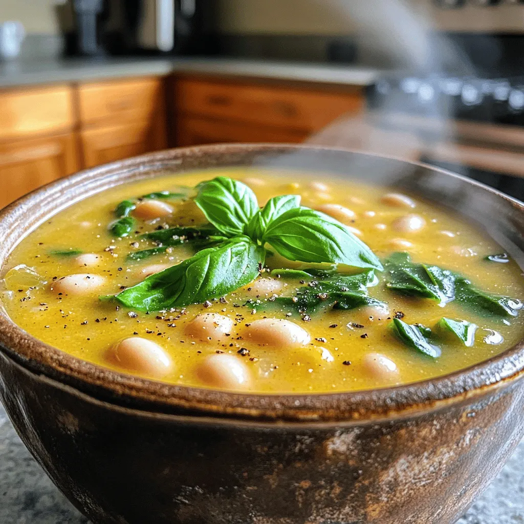To make a tasty Creamy Tuscan White Bean Soup, gather these key items: - 2 cups cooked white beans (cannellini or navy) - 1 medium onion, diced - 3 cloves garlic, minced - 1 carrot, diced - 2 celery stalks, diced - 4 cups vegetable broth - 1 cup spinach, chopped - 1 cup heavy cream (or coconut cream for a dairy-free option) - 2 tablespoons olive oil - 1 teaspoon dried oregano - ½ teaspoon red pepper flakes (adjust for heat) - Salt and pepper to taste - Fresh basil leaves for garnish These ingredients work together to create a rich and savory flavor that warms you up. You can tweak the recipe with a few fun options: - Use leeks instead of onions for a milder taste. - Add chopped tomatoes for a hint of sweetness. - Swap heavy cream with coconut cream for a lighter touch. - Try adding cooked sausage or bacon for extra protein. - Toss in some other greens like kale for more nutrients. These variations let you play with flavors and textures. This soup offers a balanced meal. Here’s a simple look at what you get per serving: - Calories: Around 300 - Protein: 12g - Fat: 15g - Carbohydrates: 35g - Fiber: 10g The high fiber from beans keeps you full. The healthy fats from olive oil and cream add flavor and richness. It’s a dish that nourishes both the body and soul. Start with a large pot. Heat two tablespoons of olive oil over medium heat. Add one diced onion, one diced carrot, and two diced celery stalks. Sauté these for about five to seven minutes. You want them to soften and smell good. Next, add three minced garlic cloves. Cook for one to two minutes more. The garlic will add a nice flavor. Now, stir in two cups of cooked white beans. You can use cannellini or navy beans. Pour in four cups of vegetable broth. Add one teaspoon of dried oregano and half a teaspoon of red pepper flakes. Bring this mixture to a boil. Once boiling, reduce the heat. Let it simmer for about 15 minutes. This lets the flavors mix well. Next, take an immersion blender and blend the soup. You want it creamy, but leave some beans for texture. If you don’t have an immersion blender, use a regular blender. Blend in batches, then return the soup to the pot. Add one cup of chopped spinach and one cup of heavy cream. You can use coconut cream for a dairy-free option. Cook it on low heat for another five minutes. This will wilt the spinach and warm up the soup. Finally, season with salt and pepper to taste. Serve hot and garnish with fresh basil leaves. Enjoy this creamy and savory dish! To make your soup creamy, use an immersion blender. This tool blends the soup well while keeping some beans whole. This gives your soup a nice texture. If you don't have an immersion blender, a regular one works too. Just blend in small batches, then add it back to the pot. For an even richer taste, try adding heavy cream or coconut cream. These options create a velvety finish. If you want a lighter soup, you can skip the cream. The beans will still give it a nice creaminess. If you have dietary needs, you can easily swap ingredients. For a vegan version, replace heavy cream with coconut cream. This keeps the soup creamy without dairy. If you need gluten-free, check your vegetable broth. Most are gluten-free, but it’s good to double-check. For low-sodium needs, use low-sodium broth. You can also reduce the salt added. If you want more fiber, add more beans or even some lentils. This soup is very flexible, making it easy to fit your needs. You can store leftovers in an airtight container. It stays fresh in the fridge for about three days. If you want to keep it longer, freeze it. Just let it cool before putting it in a freezer-safe container. When you reheat, do it slowly on the stove. Stir it often to keep it from burning. You can also microwave it, but stir it every minute. If the soup is too thick after freezing, add a splash of broth when reheating. This helps bring it back to life. {{image_2}} You can easily make this soup vegan. Simply swap the heavy cream for coconut cream. This change keeps it creamy and rich. It also adds a subtle sweetness. You can also choose to skip the cream entirely for a lighter option. Use a splash of extra vegetable broth instead. Feel free to play with herbs and spices. Add fresh thyme or rosemary for a fragrant twist. If you like heat, increase the red pepper flakes. A pinch of smoked paprika can add a depth of flavor. For a brighter taste, squeeze fresh lemon juice right before serving. This will add a lovely zing. Get creative with add-ins to make the soup your own. You can toss in cooked chicken or turkey for some protein. Adding kale or other greens boosts nutrition. Try diced bell peppers for extra color and crunch. You can even fold in cooked grains like quinoa or farro for added texture. Each addition brings new flavors and makes the soup heartier! To keep your soup fresh, store it in an airtight container. Allow the soup to cool before sealing. Place it in the fridge if you plan to eat it within three days. If you want to keep it longer, freezing is a great option. To freeze the soup, pour it into freezer-safe containers. Leave some space at the top since the soup will expand. Label the containers with the date. For thawing, move the soup to the fridge overnight. You can also use the microwave for quick thawing. When reheating, use a pot on the stove. Heat it gently over low to medium heat. Stir often to avoid burning. If the soup is too thick, add a splash of broth or water. Avoid boiling, as it can change the soup's texture. Yes, you can use canned white beans. Canned beans save time and effort. Just rinse and drain them before adding to the pot. This will help reduce the sodium content. Use the same amount as in the recipe—two cups. To make the soup spicier, add more red pepper flakes. Start with an extra half teaspoon. You can also add a diced jalapeño or a dash of hot sauce. Adjust the spice to your taste for a kick that suits you. This soup lasts about four to five days in the fridge. Store it in an airtight container. If you want to keep it longer, freeze it. It can last up to three months in the freezer. Just thaw it overnight in the fridge before reheating. In this blog post, we explored how to make creamy Tuscan white bean soup. We covered essential ingredients, step-by-step cooking, and tips for making it extra creamy. You learned about variations, storage, and how to customize this soup to fit your needs. This dish is not just tasty but also healthy. You can enjoy it many ways. Try different herbs and spices to create your perfect bowl. Now, you can impress your friends and family with this delicious recipe. Enjoy your cooking!