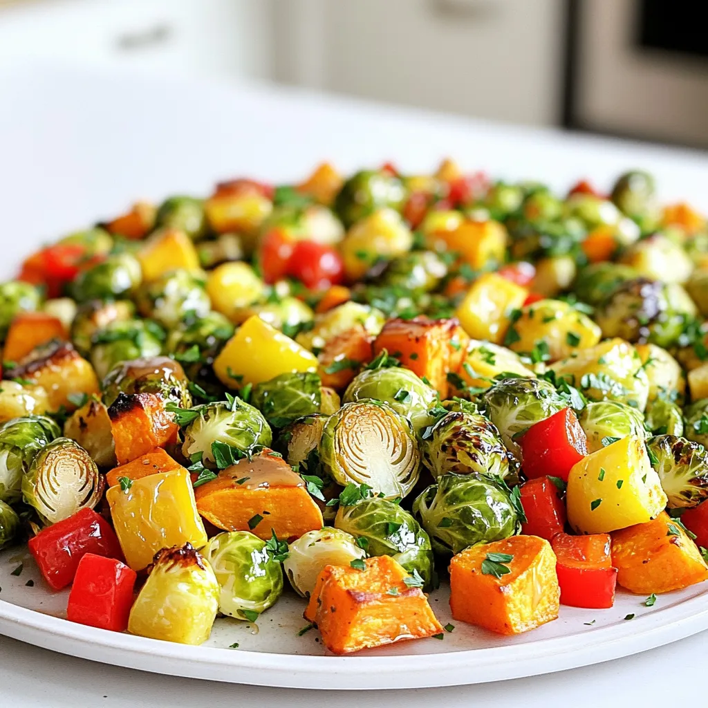 For this recipe, you will need: - 2 cups Brussels sprouts, halved - 1 large sweet potato, diced - 1 red bell pepper, chopped - 1 yellow bell pepper, chopped - 1 red onion, cut into wedges These veggies give a great mix of flavors and colors. Brussels sprouts add a nice crunch. Sweet potatoes bring sweetness and heartiness. The bell peppers add a fresh, vibrant taste. The red onion boosts the flavor with its mild bite. To make the Maple Dijon dressing, gather these items: - 3 tablespoons olive oil - 2 tablespoons pure maple syrup - 1 tablespoon Dijon mustard - 1 teaspoon garlic powder - 1 teaspoon smoked paprika - Salt and pepper to taste This dressing ties all the veggies together. The maple syrup adds sweetness. Dijon mustard gives it a nice tang. Garlic powder and smoked paprika add depth to the flavor. Don’t forget the seasoning! Use salt and pepper to taste. After roasting, sprinkle fresh parsley on top for a burst of color and flavor. This adds a bright note to the dish and makes it look beautiful. Start by preheating your oven to 425°F (220°C). This helps the veggies roast well. Next, grab a large baking sheet and line it with parchment paper. This makes cleanup easy and keeps the veggies from sticking. In a big bowl, add the halved Brussels sprouts, diced sweet potato, chopped red and yellow bell peppers, and the red onion wedges. These veggies give a great mix of colors and flavors. In a small bowl, whisk together the olive oil, maple syrup, Dijon mustard, garlic powder, smoked paprika, and a pinch of salt and pepper. This dressing adds a sweet and tangy taste. Pour this dressing over the veggies and toss them well. Make sure every piece is coated. Spread the coated veggies out on the baking sheet. It’s best if they are in a single layer. This helps them roast evenly. Place the baking sheet in the oven. Roast for 25-30 minutes or until the veggies are tender and starting to caramelize. Remember to stir them halfway through. This ensures they cook evenly. Once done, take them out and let them cool for a few minutes. Before serving, sprinkle fresh parsley on top for a nice touch. To get the best roast, preheat your oven to 425°F (220°C). This high heat helps caramelize the veggies, bringing out their natural sweetness. Spread the veggies in a single layer. If they are too crowded, they will steam instead of roast. Stir them halfway through to ensure even cooking. Look for a golden-brown color, which means they are done. Use a large baking sheet lined with parchment paper. This keeps the veggies from sticking and makes cleanup easy. A large mixing bowl is great for tossing the veggies with the dressing. A whisk is also helpful for mixing the dressing well. If you have an oven thermometer, use it to check the temperature. One common mistake is not cutting the veggies to similar sizes. This leads to uneven cooking. Avoid skipping the stirring step halfway through. This step helps all the veggies cook evenly. Lastly, do not skip the seasoning. Salt and pepper enhance the flavors, so use them generously. {{image_2}} You can change up the veggies in this dish. Try using cauliflower or carrots. Green beans or zucchini also work well. Each veggie brings its own taste and texture. Mixing in different colors makes your meal more fun. Just keep the cooking time in mind, as some veggies cook faster. Want to add more flavor? Change the spices! For a spicy kick, add cayenne pepper. If you like warmth, try adding cumin or coriander. You can even use Italian herbs like oregano and thyme. Each spice will give your dish a new twist. Feel free to experiment until you find your favorite mix! You can make this dish heartier by adding protein. Try tossing in chickpeas or black beans for a plant-based option. If you prefer meat, chicken or sausage works great too. Just cut them into small pieces so they cook evenly with the veggies. Adding protein makes this meal more filling and satisfying. To keep your Maple Dijon Sheet Pan Veggies fresh, let them cool first. Place leftovers in an airtight container. Store them in the fridge for up to four days. This way, you can enjoy their sweet and savory flavors again soon. When you’re ready to eat your leftovers, preheat your oven to 350°F (175°C). Spread the veggies on a baking sheet. Heat them for about 10-15 minutes. This will help them regain their crispness. You can also use a microwave if you're in a hurry. Just heat for 1-2 minutes until warm. If you want to keep your Maple Dijon Sheet Pan Veggies longer, freezing is a great option. Allow the veggies to cool completely. Then, place them in a freezer-safe bag or container. Make sure to remove as much air as possible. They can last up to three months in the freezer. When you're ready to eat, thaw them overnight in the fridge before reheating. Yes, you can use other sweeteners. Honey or agave syrup works well. Both add sweetness. If you want a lower-calorie option, try stevia. Just adjust the amount to taste. Each sweetener has a unique flavor. Experiment to find your favorite. These veggies pair great with many dishes. Serve them with grilled chicken or fish. They also work well with quinoa or rice. For a full meal, add a side salad. The flavors of the veggies blend nicely with proteins and grains. To serve more people, double or triple the recipe. Use more veggies and adjust the dressing. Make sure your baking sheet is large enough. If needed, roast in batches. This keeps the veggies in a single layer for even cooking. This blog post covered how to make delicious Maple Dijon Sheet Pan Veggies. We looked at the needed ingredients, including vegetables and dressing. I provided step-by-step instructions, helpful tips, and useful variations you can try. You learned about storage and even answered common questions. Make this recipe your own by playing with flavors and veggies. Enjoy a tasty dish that suits any meal!