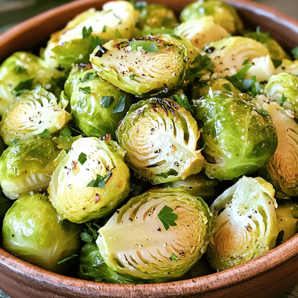 To make Garlic Butter Roasted Brussels Sprouts, you need a few simple items. Each ingredient plays a key role in making this dish rich and tasty. Here is the list: - 1 pound Brussels sprouts, trimmed and halved - 4 tablespoons unsalted butter - 6 cloves garlic, minced - 1 teaspoon salt - ½ teaspoon black pepper - 1 tablespoon balsamic vinegar - 1 tablespoon honey (optional for sweetness) - Fresh chopped parsley for garnish Brussels sprouts are the star here. They bring a nice crunch and earthy flavor. The unsalted butter adds creaminess. Garlic gives it a strong taste that many love. Salt and pepper enhance all these flavors. Balsamic vinegar adds a touch of tang, while honey can bring sweetness if you choose. Finally, parsley adds color and freshness to your dish. When you gather these ingredients, you set yourself up for a delicious meal. Each item is easy to find and adds to the overall taste. This combination of flavors is sure to impress anyone you serve. - Preheating the oven Start by preheating your oven to 400°F (200°C). This step is key for roasting. It ensures even cooking and helps the Brussels sprouts become crispy. - Melting the garlic butter In a small saucepan, melt 4 tablespoons of unsalted butter over medium heat. Add 6 minced garlic cloves. Sauté for 1-2 minutes until the garlic smells great. Watch carefully; burnt garlic tastes bitter. - Tossing the Brussels sprouts In a large bowl, mix 1 pound of halved Brussels sprouts with the garlic butter, 1 teaspoon of salt, and ½ teaspoon of black pepper. Add 1 tablespoon of balsamic vinegar and 1 tablespoon of honey if you want sweetness. Toss well to coat all the sprouts. - Spreading on the baking sheet Line a baking sheet with parchment paper. Spread the coated Brussels sprouts in a single layer on the sheet. This helps them roast evenly. - Cooking time and checking for doneness Roast the Brussels sprouts in the oven for 20-25 minutes. Stir them halfway through cooking. They should be tender and golden brown when done. - Cooling and garnishing Once roasted, remove the baking sheet from the oven. Let the sprouts cool slightly for about 5 minutes. Garnish with fresh chopped parsley before serving. This adds a nice color and fresh flavor. To make the best Garlic Butter Roasted Brussels Sprouts, focus on two main points. First, avoid overly burnt garlic. Garlic cooks fast. When you heat it, keep a close eye. If it turns too dark, it will taste bitter. I suggest cooking it just until fragrant, about 1-2 minutes. Next, achieving the right roasting temperature is key. Preheat your oven to 400°F (200°C). This high heat helps the Brussels sprouts roast evenly and get that nice golden color. Spread them in a single layer on the baking sheet. This ensures they cook well. To make your dish even more special, consider using alternative herbs or spices. Fresh thyme or rosemary can add a lovely touch. You can also try a pinch of red pepper flakes for heat. These options can change the flavor profile nicely. Another way to boost taste is by using different vinegars. While balsamic vinegar works great, apple cider or red wine vinegar can also shine. Each vinegar brings its own unique flavor, adding complexity to your dish. Experiment and find your favorite! {{image_2}} You can add sweet notes to your Brussels sprouts. Try maple syrup for a sweet glaze. Use about one tablespoon. This small addition makes each bite pop with flavor. You can also use honey if you prefer. Honey blends well with garlic and butter. Grated cheese can add a creamy touch. Parmesan is a great choice. Sprinkle it over the sprouts before roasting. The cheese melts and adds a rich taste. You can mix in cheddar or goat cheese for a twist. Each cheese gives a different flavor. Experiment to find your favorite! If you want to make it dairy-free, swap butter for olive oil. Use about four tablespoons of oil instead. It still gives a nice flavor but keeps it vegan. You can also use vegan butter if you prefer. For a fully vegan dish, skip the honey. Instead, use agave syrup or leave it out. These options keep the dish sweet without animal products. Feel free to experiment with different oils too. Avocado oil adds a unique taste and works well! To keep your Garlic Butter Roasted Brussels Sprouts fresh, follow these tips: - Cool Before Storing: Let the sprouts cool down to room temperature. - Use Airtight Containers: Place them in a glass or plastic container with a tight lid. - Refrigerate Promptly: Store them in the fridge within two hours of cooking. These steps help keep the flavor and texture intact. You can enjoy the sprouts for up to four days in the fridge. When it’s time to enjoy your leftovers, consider these methods: - Oven Reheating: Preheat your oven to 350°F (175°C). Spread the sprouts on a baking sheet and heat for about 10-15 minutes. This method keeps them crisp. - Microwave Reheating: Place the sprouts in a microwave-safe dish. Heat in short bursts of 30 seconds. Stir in between to ensure even heating. For the best results, the oven is the way to go. It helps maintain the sprouts' crispy edges and buttery flavor. Can I use frozen Brussels sprouts? Yes, you can use frozen Brussels sprouts. However, fresh sprouts taste better. Frozen ones may have more water. This can make them a bit soggy. How do I know when Brussels sprouts are done roasting? Brussels sprouts are done when they are golden brown. A fork should easily pierce them. Cooking time is usually 20-25 minutes at 400°F. What can I serve with Garlic Butter Roasted Brussels Sprouts? These sprouts pair well with chicken or fish. They also complement grains like quinoa or rice. A fresh salad works nicely too. Can I prepare this dish in advance? Yes, you can prepare the sprouts ahead of time. Toss them in the garlic butter mix and store them in the fridge. Roast them just before serving for best results. How long do leftovers last in the fridge? Leftovers last about 3-4 days in the fridge. Store them in an airtight container. Reheat them gently to keep them tasty. Can I freeze roasted Brussels sprouts? You can freeze roasted Brussels sprouts. Place them in a single layer on a baking sheet first. Once frozen, transfer them to a freezer bag. They last about 2-3 months. Roasting Brussels sprouts in garlic butter makes a tasty side dish. You learned the best ingredients, instructions, tips, and variations to improve your meal. Cooking can be fun and easy with the right steps. Don’t forget to try different flavors and storage methods for leftovers. Enjoy your delicious sprouts and impress your friends and family. Happy cooking!