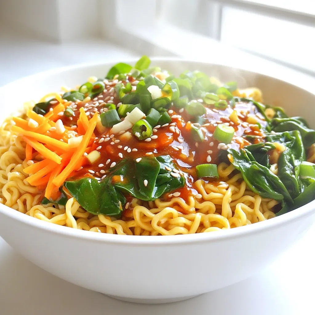 For this dish, I use 2 packs of fresh ramen noodles. Fresh noodles have a nice bite and texture. They cook quickly and soak up flavors well. Aromatics are key to building flavor. Use 6 cloves of minced garlic. The garlic adds depth and warmth. You will also need 2 tablespoons of vegetable oil to sauté the garlic. To bring the heat, I add 2 tablespoons of chili paste. Adjust this based on your spice preference. This paste is where the magic happens, giving the ramen its signature kick. The broth is rich and savory. I use 3 cups of vegetable broth for a base. Add 1 tablespoon of soy sauce for salty goodness. A drizzle of 1 tablespoon of sesame oil enhances the flavor further. A touch of 1 teaspoon of sugar balances the heat. Fresh veggies make the dish vibrant. I like to add 1 cup of baby spinach. It wilts beautifully and adds nutrients. One julienned carrot adds crunch and color. For garnish, I sprinkle chopped green onions and sesame seeds. They add a lovely finish and extra flavor. First, bring a pot of water to a boil. Add the fresh ramen noodles. Cook them according to the package instructions. This usually takes about 3-4 minutes. When they are done, drain the noodles and set them aside. This keeps the noodles from getting too soft. Next, grab a large skillet or wok. Heat 2 tablespoons of vegetable oil over medium heat. Once hot, add 6 cloves of minced garlic. Sauté the garlic for about 1 minute. You want it fragrant, but be careful. Do not let it burn. After that, stir in 2 tablespoons of chili paste. Cook this mix for another minute. This step builds a rich flavor base. Now, pour in 3 cups of vegetable broth. Add 1 tablespoon of soy sauce and 1 tablespoon of sesame oil. Then, add 1 teaspoon of sugar. Stir everything well and bring it to a simmer. This creates a tasty broth that balances the heat. Time to add some fresh veggies! Toss in the julienned carrot first and cook for about 3-4 minutes. This lets the carrot soften just a bit. After that, stir in 1 cup of baby spinach. Cook until it wilts, which takes about 1-2 minutes. These veggies add color and nutrition. Finally, add the cooked ramen noodles to your skillet. Toss them well to coat with the sauce. Cook everything together for an additional 2-3 minutes. Once heated through, serve hot. Garnish with chopped green onions and a sprinkle of sesame seeds. This not only looks great but adds crunch too! To get the best texture, you need to cook the ramen noodles just right. Follow the package instructions closely. When the noodles are done, drain them well. Rinsing with cold water can help stop the cooking. This keeps them firm and chewy, which is perfect for your chili garlic ramen. Want it spicier? Add more chili paste. I suggest starting with a small amount and tasting as you go. If you like milder flavors, reduce the chili paste. You can also add a splash of soy sauce for a savory touch. This balance helps you find your ideal heat level. You can boost the flavor of your ramen with extra ingredients. Adding sliced mushrooms or bell peppers gives a nice texture and taste. Fresh herbs like cilantro or basil add brightness. A squeeze of lime can give a fresh zing. Be creative and adjust based on your taste! {{image_2}} You can easily make Chili Garlic Ramen Noodles vegan. Use vegetable broth instead of chicken broth. Substitute soy sauce with tamari for a gluten-free option. You can also add tofu for protein. Firm tofu works best. Press it to remove water and cube it before adding it to the dish. This way, it absorbs the flavors well. Adjusting the spice level is simple. Start with less chili paste if you prefer milder noodles. Taste the broth as you cook. You can add more chili paste slowly until you reach your desired heat. If you want a punch, try adding crushed red pepper flakes. They give extra heat and flavor without changing the base. Toppings add great texture to your ramen. Chopped green onions give a fresh crunch. Toasted sesame seeds add a nutty flavor. You can also add roasted seaweed for a salty taste. If you like a bit of creaminess, try adding a soft-boiled egg. It makes the dish richer and more satisfying. To keep your chili garlic ramen noodles fresh, store them in an airtight container. This helps prevent the noodles from drying out. Make sure to let them cool down first. Place the container in the fridge. They will stay good for about three days. If you have extra noodles, freezing is a great choice. First, cool the ramen completely. Then, portion it into freezer bags. Squeeze out the air before sealing. These noodles can last up to three months in the freezer. When you're ready to eat, just thaw them in the fridge overnight. To reheat, you can use a microwave or a skillet. For the microwave, place the noodles in a bowl with a splash of water. Heat for about one to two minutes. Stir halfway through. If using a skillet, add a little oil over medium heat. Toss the noodles for about three to five minutes. Ensure they are heated all the way through before serving. Ramen noodles usually take about 3 to 5 minutes to cook. Check the package for specific times. Fresh ramen cooks faster than dry. Make sure to drain them right after cooking to avoid mushiness. Yes, you can use other noodles if you want. Udon or soba noodles work well. Rice noodles are another option. Just adjust the cooking time as needed for each type. I love using sambal oelek for its bold flavor. Sriracha is another favorite for those who like a sweeter touch. You can pick a chili paste based on your heat level preference. You can find chili garlic ramen noodles at Asian grocery stores. Many large supermarkets also carry them. Online shops like Amazon have a variety too. Just check the labels for quality. Chili garlic ramen noodles can be part of a healthy meal. They have veggies like spinach and carrots. You can adjust the oil and sodium for a lighter dish. Balancing servings with protein can make it even healthier. You’ve learned how to make delicious chili garlic ramen noodles from scratch. We covered the key ingredients, from fresh noodles to the right spices and garnishes. I shared step-by-step instructions that can help you cook with ease. Remember the tips for perfect texture and heat levels. You can try various toppings or even vegan options. Finally, proper storage will keep your ramen fresh for later. Enjoy your tasty creation, and share it with friends!