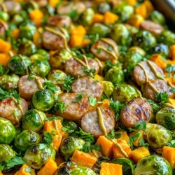 To make Sheet Pan Maple Dijon Sausage Sprouts, gather these fresh ingredients: - 1 lb chicken sausage, sliced into 1-inch pieces - 1 lb Brussels sprouts, trimmed and halved - 1 cup sweet potatoes, diced - 3 tablespoons olive oil - 3 tablespoons pure maple syrup - 2 tablespoons Dijon mustard - 1 teaspoon garlic powder - 1 teaspoon onion powder - ½ teaspoon smoked paprika - Salt and pepper to taste - Fresh parsley, chopped, for garnish Each ingredient plays a key role in the dish. The chicken sausage adds protein and flavor. Brussels sprouts and sweet potatoes bring a mix of textures and nutrients. Olive oil helps to roast the veggies perfectly. Maple syrup and Dijon mustard create a sweet and tangy sauce. Garlic powder, onion powder, and smoked paprika add layers of taste. Finally, salt and pepper elevate all the flavors. Fresh parsley adds a pop of color and freshness when you serve. With just these simple ingredients, you can create a delightful meal that everyone will love. - Preheat your oven to 425°F (220°C). This step is key for a crisp finish. - Prepare a large sheet pan by lining it with parchment paper. This helps with cleanup. - Trim the ends off the Brussels sprouts and then halve them. This helps them cook evenly. - Dice the sweet potatoes into bite-sized pieces. This ensures they roast well. - In a large bowl, combine the Brussels sprouts and sweet potatoes. - Add 3 tablespoons of olive oil, garlic powder, onion powder, smoked paprika, salt, and pepper. Toss to coat all the veggies. - In the same bowl, add the sliced chicken sausage. - Drizzle the remaining olive oil, maple syrup, and Dijon mustard over the sausage. Toss until well coated. - Arrange the vegetable and sausage mixture on the prepared sheet pan. Spread them out in a single layer. - Bake in the preheated oven for 25-30 minutes. Stir halfway through to ensure even cooking. - Once done, the veggies should be tender and caramelized, and the sausage should be golden brown. - Remove from the oven and let it cool for a couple of minutes before serving. To make sure your veggies roast evenly, cut them to a similar size. I suggest halves for Brussels sprouts and bite-sized pieces for sweet potatoes. Spread them out on the pan. This way, they get nice and crispy. Stir halfway through cooking. This helps brown everything well. For timing, bake the veggies for 25-30 minutes. Check for tenderness by piercing with a fork. They should be soft but not mushy. If you want to boost the flavor, try adding more garlic powder or smoked paprika. A pinch of cayenne pepper can add a nice kick. You can also play with the mustard. Spicy brown mustard is a great swap for Dijon. Fresh herbs like rosemary or thyme can elevate the dish. Add them in the last few minutes of cooking for the best taste. This dish pairs well with a simple green salad. The freshness balances the rich flavors. You might also serve it with crusty bread for a hearty meal. For drinks, a light white wine like Sauvignon Blanc complements the meal nicely. If you prefer non-alcoholic options, try sparkling water with a slice of lemon. {{image_2}} You can switch the sausage type for a new taste. Try pork, turkey, or even plant-based sausage. Each option brings its flavor. You can also change the veggies. Carrots and zucchini work well. They add color and taste. Just cut them into similar sizes for even cooking. Mustard is key to this dish. You can use whole grain mustard for a grainy texture. Honey mustard gives a sweet twist. Both options make the dish unique. Maple syrup is sweet, but you can swap it. Try honey or agave syrup. These alternatives give a different flavor profile while keeping the dish sweet. To make this dish gluten-free, check all labels. Use gluten-free sausage and ensure the mustard is gluten-free. This way, everyone can enjoy it. For vegetarian or vegan options, use plant-based sausage. Replace the chicken sausage with your favorite brand. You can also use more veggies or beans for protein. This keeps the meal hearty and filling. After enjoying your meal, let the leftovers cool to room temperature. Then, place them in an airtight container. This helps keep your food fresh. Store the container in the fridge. Leftovers can last up to four days in the refrigerator. To enjoy your leftovers, you have a few options. The oven is great for even heating. Preheat it to 350°F (175°C). Place the food on a baking sheet and heat for about 10-15 minutes. You can also use the microwave. Place the food in a microwave-safe dish. Heat in short bursts, stirring in between, until warm. If you want to save your meal for later, freezing works well. Make sure the food is cool before you freeze it. Use a freezer-safe airtight container or a heavy-duty freezer bag. Push out as much air as you can to prevent freezer burn. For best texture, eat within three months. To thaw, place the container in the fridge overnight before reheating. Yes, you can use regular sausage. The recipe will still taste great. Regular sausage adds more fat and flavor. You will notice a richer taste. Just be mindful of the cooking time. Make sure the sausage reaches a safe temperature. Leftovers can last up to four days in the fridge. Store them in an airtight container. This keeps them fresh and safe to eat. If you want to savor the flavors, eat them within two days. Absolutely! You can prep the veggies and sausage in advance. Just store them in the fridge. Mix the ingredients together the night before. This saves time on busy days. When ready, just bake and enjoy! You have many options! Serve with a green salad for freshness. Mashed potatoes or rice make a great side. You can also pair it with crusty bread. A light wine like Sauvignon Blanc works well too. Enjoy your meal! This blog post covered a tasty recipe using chicken sausage, Brussels sprouts, and sweet potatoes. You learned how to prepare the dish step by step, from mixing ingredients to baking. I shared tips for cooking, flavor boosts, and serving ideas. You can even customize the recipe with different ingredients! Remember, you can store leftovers properly and enjoy them later. With these guidelines, cooking this meal will be easy and enjoyable. Experiment and find what works best for you. Happy cooking!