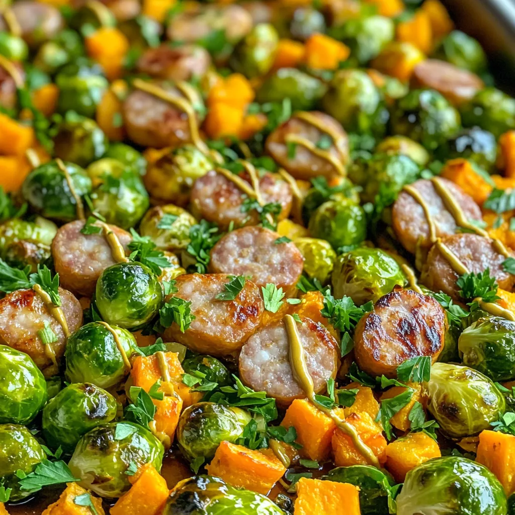To make Sheet Pan Maple Dijon Sausage Sprouts, gather these fresh ingredients: - 1 lb chicken sausage, sliced into 1-inch pieces - 1 lb Brussels sprouts, trimmed and halved - 1 cup sweet potatoes, diced - 3 tablespoons olive oil - 3 tablespoons pure maple syrup - 2 tablespoons Dijon mustard - 1 teaspoon garlic powder - 1 teaspoon onion powder - ½ teaspoon smoked paprika - Salt and pepper to taste - Fresh parsley, chopped, for garnish Each ingredient plays a key role in the dish. The chicken sausage adds protein and flavor. Brussels sprouts and sweet potatoes bring a mix of textures and nutrients. Olive oil helps to roast the veggies perfectly. Maple syrup and Dijon mustard create a sweet and tangy sauce. Garlic powder, onion powder, and smoked paprika add layers of taste. Finally, salt and pepper elevate all the flavors. Fresh parsley adds a pop of color and freshness when you serve. With just these simple ingredients, you can create a delightful meal that everyone will love. - Preheat your oven to 425°F (220°C). This step is key for a crisp finish. - Prepare a large sheet pan by lining it with parchment paper. This helps with cleanup. - Trim the ends off the Brussels sprouts and then halve them. This helps them cook evenly. - Dice the sweet potatoes into bite-sized pieces. This ensures they roast well. - In a large bowl, combine the Brussels sprouts and sweet potatoes. - Add 3 tablespoons of olive oil, garlic powder, onion powder, smoked paprika, salt, and pepper. Toss to coat all the veggies. - In the same bowl, add the sliced chicken sausage. - Drizzle the remaining olive oil, maple syrup, and Dijon mustard over the sausage. Toss until well coated. - Arrange the vegetable and sausage mixture on the prepared sheet pan. Spread them out in a single layer. - Bake in the preheated oven for 25-30 minutes. Stir halfway through to ensure even cooking. - Once done, the veggies should be tender and caramelized, and the sausage should be golden brown. - Remove from the oven and let it cool for a couple of minutes before serving. To make sure your veggies roast evenly, cut them to a similar size. I suggest halves for Brussels sprouts and bite-sized pieces for sweet potatoes. Spread them out on the pan. This way, they get nice and crispy. Stir halfway through cooking. This helps brown everything well. For timing, bake the veggies for 25-30 minutes. Check for tenderness by piercing with a fork. They should be soft but not mushy. If you want to boost the flavor, try adding more garlic powder or smoked paprika. A pinch of cayenne pepper can add a nice kick. You can also play with the mustard. Spicy brown mustard is a great swap for Dijon. Fresh herbs like rosemary or thyme can elevate the dish. Add them in the last few minutes of cooking for the best taste. This dish pairs well with a simple green salad. The freshness balances the rich flavors. You might also serve it with crusty bread for a hearty meal. For drinks, a light white wine like Sauvignon Blanc complements the meal nicely. If you prefer non-alcoholic options, try sparkling water with a slice of lemon. {{image_2}} You can switch the sausage type for a new taste. Try pork, turkey, or even plant-based sausage. Each option brings its flavor. You can also change the veggies. Carrots and zucchini work well. They add color and taste. Just cut them into similar sizes for even cooking. Mustard is key to this dish. You can use whole grain mustard for a grainy texture. Honey mustard gives a sweet twist. Both options make the dish unique. Maple syrup is sweet, but you can swap it. Try honey or agave syrup. These alternatives give a different flavor profile while keeping the dish sweet. To make this dish gluten-free, check all labels. Use gluten-free sausage and ensure the mustard is gluten-free. This way, everyone can enjoy it. For vegetarian or vegan options, use plant-based sausage. Replace the chicken sausage with your favorite brand. You can also use more veggies or beans for protein. This keeps the meal hearty and filling. After enjoying your meal, let the leftovers cool to room temperature. Then, place them in an airtight container. This helps keep your food fresh. Store the container in the fridge. Leftovers can last up to four days in the refrigerator. To enjoy your leftovers, you have a few options. The oven is great for even heating. Preheat it to 350°F (175°C). Place the food on a baking sheet and heat for about 10-15 minutes. You can also use the microwave. Place the food in a microwave-safe dish. Heat in short bursts, stirring in between, until warm. If you want to save your meal for later, freezing works well. Make sure the food is cool before you freeze it. Use a freezer-safe airtight container or a heavy-duty freezer bag. Push out as much air as you can to prevent freezer burn. For best texture, eat within three months. To thaw, place the container in the fridge overnight before reheating. Yes, you can use regular sausage. The recipe will still taste great. Regular sausage adds more fat and flavor. You will notice a richer taste. Just be mindful of the cooking time. Make sure the sausage reaches a safe temperature. Leftovers can last up to four days in the fridge. Store them in an airtight container. This keeps them fresh and safe to eat. If you want to savor the flavors, eat them within two days. Absolutely! You can prep the veggies and sausage in advance. Just store them in the fridge. Mix the ingredients together the night before. This saves time on busy days. When ready, just bake and enjoy! You have many options! Serve with a green salad for freshness. Mashed potatoes or rice make a great side. You can also pair it with crusty bread. A light wine like Sauvignon Blanc works well too. Enjoy your meal! This blog post covered a tasty recipe using chicken sausage, Brussels sprouts, and sweet potatoes. You learned how to prepare the dish step by step, from mixing ingredients to baking. I shared tips for cooking, flavor boosts, and serving ideas. You can even customize the recipe with different ingredients! Remember, you can store leftovers properly and enjoy them later. With these guidelines, cooking this meal will be easy and enjoyable. Experiment and find what works best for you. Happy cooking!