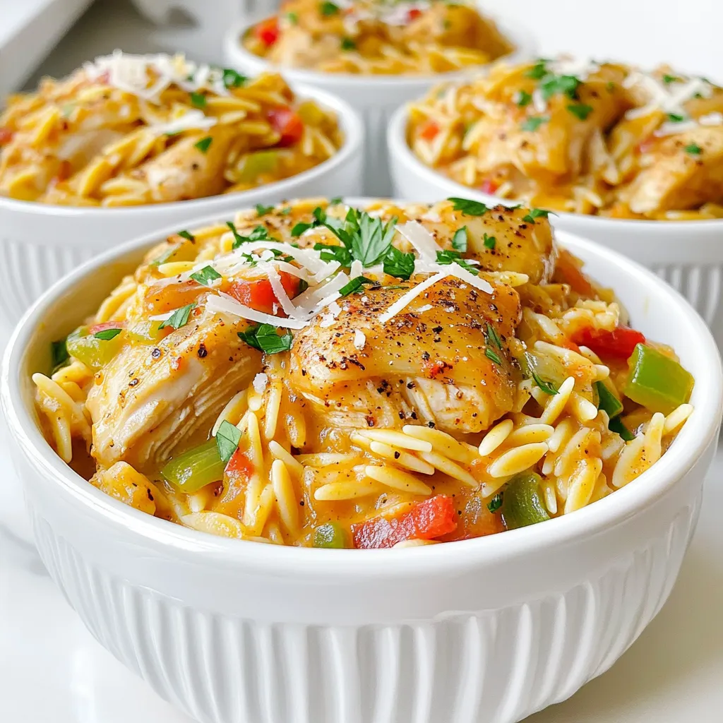 - 1 lb (450g) boneless, skinless chicken thighs, diced - 1 cup orzo pasta - 1 medium onion, finely chopped - 2 cloves garlic, minced - 1 red bell pepper, chopped - 1 green bell pepper, chopped - 1 teaspoon Cajun seasoning - 1 teaspoon smoked paprika - 1 teaspoon dried thyme - 1/2 teaspoon cayenne pepper (optional for extra heat) - 4 cups chicken broth - 1 cup heavy cream - 1 cup grated Parmesan cheese - 2 tablespoons olive oil - Salt and pepper to taste - Fresh parsley, chopped (for garnish) This recipe serves four. You will need about: - 1 pound of chicken thighs. They are tender and juicy. - 1 cup of orzo. It cooks fast and soaks up flavor. - 1 medium onion. It adds sweetness and depth. - 2 cloves of garlic. Fresh garlic gives great taste. - 1 red bell pepper and 1 green bell pepper for color and crunch. - 1 teaspoon each of Cajun seasoning, smoked paprika, and dried thyme. - Optional: 1/2 teaspoon of cayenne pepper for extra spice. - 4 cups of chicken broth for rich flavor. - 1 cup of heavy cream for creaminess. - 1 cup of grated Parmesan cheese for a cheesy finish. - 2 tablespoons of olive oil for cooking. - Salt and pepper to taste. - Fresh parsley for garnish. - Use fresh chicken thighs. They should be pink and firm. - Choose pasta that is not broken. It should be dry and sealed. - Pick fresh vegetables. Look for crisp peppers and firm onions. - Use whole garlic cloves. Fresh garlic has the best flavor. - Select high-quality chicken broth. Homemade or low-sodium is best. - Use heavy cream that is not expired. It adds richness to the dish. - Fresh parsley should be bright green. Avoid yellow or wilted leaves. These simple tips help you to create a tasty dish. To start, gather your ingredients. You will need chicken thighs, orzo pasta, and some veggies. This dish cooks fast, so prep is key. Chop the onion, garlic, and bell peppers. Dice the chicken into bite-sized pieces. Measure your spices and liquids. This will help keep the cooking smooth and easy. 1. Sauté Chicken: Heat olive oil in a large pot over medium heat. Add the diced chicken thighs. Season them with salt, pepper, and Cajun seasoning. Cook for about 5-6 minutes until the chicken turns brown and is fully cooked. Once done, remove the chicken and set it aside. 2. Sauté Vegetables: In the same pot, toss in the chopped onions and minced garlic. Stir for 2-3 minutes until the onions become soft and clear. Next, add the red and green bell peppers. Sauté these for another 3-4 minutes until they soften. 3. Add Orzo and Spices: Now, stir in the orzo pasta along with smoked paprika, dried thyme, and cayenne pepper if you want more heat. Mix well for 1-2 minutes to toast the orzo a bit. 4. Combine Broth and Cream: Pour in the chicken broth and heavy cream. Stir everything together to mix well. Bring the pot to a boil, then lower the heat and let it simmer. 5. Cook Orzo: Cover the pot and let it simmer for about 10-12 minutes. Stir occasionally. You want the orzo to be al dente and soak up most of the liquid. 6. Finish with Cheese: After the orzo is cooked, mix in the grated Parmesan cheese. Stir until it melts and makes the dish creamy. Add the cooked chicken back into the pot. Mix until everything is coated. Before serving, taste the dish. Add more salt and pepper if needed. For a fresh touch, sprinkle chopped parsley on top. This adds color and flavor. Now, your One-Pot Creamy Cajun Chicken Orzo is ready to enjoy! Cajun seasoning is key. It gives the dish its bold taste. You can make your own blend with simple spices. Mix paprika, garlic powder, and black pepper. For a kick, add cayenne pepper. Adjust the spice level to your taste. Feel free to experiment with herbs like oregano for extra depth. Cooking orzo is simple. Always stir the pasta as it cooks. This helps prevent sticking. Monitor the liquid level during cooking. If needed, add more broth to keep it creamy. Remember to check for doneness. The orzo should be tender but still firm. Using the right tools makes cooking easier. A large pot is essential for this dish. A wooden spoon helps mix ingredients well. A sharp knife makes chopping quick and safe. Use measuring cups for precise ingredient amounts. Having these tools ready will speed up your cooking. {{image_2}} You can swap the chicken for other proteins. Shrimp works great in this dish. Just cook it for about 3-4 minutes until pink. You can also use diced sausage for a heartier meal. It adds a nice smoky flavor. If you want to try something new, use tofu. It absorbs the Cajun spices well. To make a vegetarian version, skip the chicken. Add more veggies instead, like mushrooms and zucchini. These add texture and flavor. Use vegetable broth instead of chicken broth. You can also add chickpeas for protein. They make the dish filling and nutritious. Don't forget to keep the spices for that Cajun kick! You can really amp up this dish by adding more vegetables. Spinach or kale wilts nicely. Just add them near the end of cooking. You can also toss in peas for sweetness. For a flavor boost, try different spices like oregano or garlic powder. If you love heat, add more cayenne pepper. Just remember to taste as you go! To store your One-Pot Creamy Cajun Chicken Orzo, let it cool first. Place it in an airtight container. Make sure to keep it in the fridge. It stays fresh for about 3 to 4 days. If you want to eat it later, store it as soon as possible. This helps keep all the flavors intact. You can freeze this dish too! First, cool it completely. Then, use a freezer-safe container or bag. It can last up to 3 months in the freezer. When freezing, portion it out to make it easier to reheat later. Just remember to label the container with the date. To reheat, you can use the microwave or stovetop. If using the microwave, warm it in 30-second intervals. Stir it often to make sure it heats evenly. On the stovetop, add a splash of chicken broth or cream. Heat it over low heat, stirring until warm. This keeps it creamy and delicious! Yes, you can use shrimp instead of chicken. Shrimp adds a nice flavor. Use peeled and deveined shrimp for best results. Cook them for just a few minutes until they turn pink. Add them after sautéing the veggies. This keeps them juicy and tender. To make this dish dairy-free, substitute heavy cream with coconut milk or almond milk. Use a dairy-free cheese instead of Parmesan. These swaps keep the dish creamy without dairy. Make sure to check labels for hidden dairy. This way, everyone can enjoy it. You can serve this dish with a fresh salad or steamed veggies. A simple green salad adds crunch. Garlic bread pairs well too, soaking up all the creamy sauce. You can also serve it with a light soup for a warm meal. These sides complement the rich flavors nicely. We covered all the key parts of making One-Pot Creamy Cajun Chicken Orzo. First, we discussed the important ingredients and how to pick quality ones. Next, I gave you simple steps for prep and cooking. Then we explored tips to boost flavor and the best tools to use. You learned how to customize this dish and store leftovers for later. Cooking can be fun and easy! With these tips, you’ll make meals that wow. Enjoy your cooking adventure!