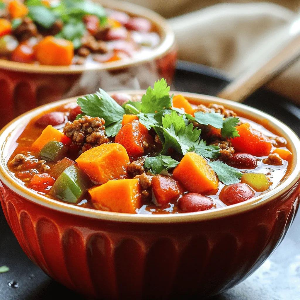 For this Minute Beef Sweet Potato Chili, you need simple, tasty ingredients. Here's the list: - 1 lb ground beef - 1 medium sweet potato, peeled and diced - 1 can (15 oz) diced tomatoes (with juice) - 1 can (15 oz) kidney beans, drained and rinsed - 1 green bell pepper, diced - 1 small onion, diced - 2 cloves garlic, minced - 2 tablespoons chili powder - 1 teaspoon cumin - 1 teaspoon smoked paprika - 1 cup low-sodium beef broth - Salt and pepper to taste - Olive oil for cooking Each ingredient adds flavor and texture. The sweet potato gives a nice sweetness. The ground beef adds heartiness. Tomatoes and beans create a rich base. Adding garnishes can make your chili even better. Here are some options: - Fresh cilantro - A dollop of sour cream - Greek yogurt - Shredded cheese - Sliced jalapeños These toppings bring fresh flavors and coolness. They also make your dish look fancy. Using fresh and good-quality ingredients makes a big difference. Here are my tips: - Choose lean ground beef for less fat. - Pick sweet potatoes that are firm and smooth. - Use low-sodium broth to control salt levels. - Fresh herbs will taste better than dried ones. - For the best flavor, use ripe tomatoes. Quality ingredients lead to great taste. Always check for freshness when shopping. To start, gather all your ingredients. You will need: - 1 lb ground beef - 1 medium sweet potato, peeled and diced - 1 can (15 oz) diced tomatoes (with juice) - 1 can (15 oz) kidney beans, drained and rinsed - 1 green bell pepper, diced - 1 small onion, diced - 2 cloves garlic, minced - 2 tablespoons chili powder - 1 teaspoon cumin - 1 teaspoon smoked paprika - 1 cup low-sodium beef broth - Olive oil for cooking - Salt and pepper to taste - Fresh cilantro for garnish (optional) Make sure to wash and peel the sweet potato. Dice it into small cubes. This helps it cook faster. Chop the onion, garlic, and bell pepper into small pieces. Next, heat a drizzle of olive oil in a large pot over medium heat. Add the diced onion and garlic. Sauté them for about 3-4 minutes or until they soften. This step builds a strong base for the chili. Now, add the ground beef. Break it apart with a wooden spoon. Cook until the beef turns brown, which should take about 5-7 minutes. If there's extra fat, drain it off. Mix in the diced sweet potato and green bell pepper. Stir it all together. Then, add the chili powder, cumin, smoked paprika, and season with salt and pepper. Stir well to coat everything in the spices. Pour in the diced tomatoes with their juice and beef broth. Add the kidney beans and mix all the ingredients well. Bring the mixture to a boil. After boiling, reduce the heat to low. Cover the pot and let it simmer for 20-25 minutes. Stir it occasionally. You want the sweet potatoes to be tender and the chili to thicken. Once the chili is done, taste it. Adjust the seasoning if needed, then remove it from the heat. To serve, ladle the chili into bowls. If you like, garnish with fresh cilantro and a dollop of sour cream or Greek yogurt. Enjoy the warm and hearty flavors! To adjust the spice in your Minute Beef Sweet Potato Chili, start slow. You can add more chili powder if you like it hot. Add just a bit at a time. If you want less heat, use mild chili powder instead. You can also add a dollop of sour cream to cool it down. It’s all about finding your perfect balance. To boost the flavor, use fresh herbs like cilantro. Adding a squeeze of lime juice can brighten the dish. Consider sautéing the onions and garlic a bit longer for extra sweetness. You can also add a splash of soy sauce or Worcestershire sauce for more umami. Each tweak can make your chili taste even better. To save time, chop your veggies while the meat browns. Use pre-diced onions and peppers if you find them. You can also cook the chili in a pressure cooker to cut down on cooking time. If you have leftovers, they can taste even better the next day! {{image_2}} You can easily make this chili vegetarian. Replace the ground beef with 1 pound of lentils or a mix of mushrooms and beans. Use vegetable broth instead of beef broth. This keeps the flavor while adding healthy protein. You can use the same spices and sweet potatoes. The result is still hearty and satisfying. If you want a different protein, try ground turkey or chicken. Both will give you a lighter flavor. You can also use cubed steak for a chunkier texture. For a spicy twist, use chorizo. Each protein will bring its unique taste to the chili, so feel free to experiment. To change the flavor, add different spices. For a sweeter taste, include a tablespoon of brown sugar. For a kick, add jalapeños or hot sauce. You can also use smoked paprika for a deeper flavor. Try adding fresh herbs like oregano or thyme. These simple tweaks make your chili unique and exciting. After making Minute Beef Sweet Potato Chili, let it cool. Store it in a sealed container. It will last for 3 to 4 days in the fridge. Always check for any strange smells or colors before eating. When you're ready to enjoy it again, just give it a good stir. If you want to save some chili for later, freezing is a great option. Use a freezer-safe container or bag. Leave some space at the top since the chili will expand when frozen. It can stay fresh for up to 3 months. When you want to eat it, move it to the fridge overnight to thaw. To reheat, place the chili in a pot over medium heat. Stir it often until it’s warm. You can also use the microwave. Heat in short bursts and stir in between. Make sure it’s hot all the way through before serving. Add fresh cilantro or a dollop of sour cream for an extra touch! Yes, you can use other vegetables in this chili. Try adding corn, zucchini, or carrots. These veggies add flavor and texture. Just chop them into small pieces. Remember to adjust cooking time as needed. To make it spicier, add more chili powder or diced jalapeños. You can also use hot sauce. Start with a small amount, then taste and adjust. This way, you control the heat level. Yes, you can use a slow cooker for this chili. Brown the beef and sauté the onions and garlic first. Then transfer everything to your slow cooker. Cook on low for 6-8 hours or high for 3-4 hours. This method deepens the flavors and makes it super tender. This article covered key ingredients and how to prepare your dish. You learned about main ingredients, optional garnishes, and tips for quality. We walked through each step, from prep to final touches. I shared tips to adjust spice levels and save time. You also discovered fun variations and storage tips for leftovers. Embrace these methods to craft a great meal. Experiment and enjoy every bite!
